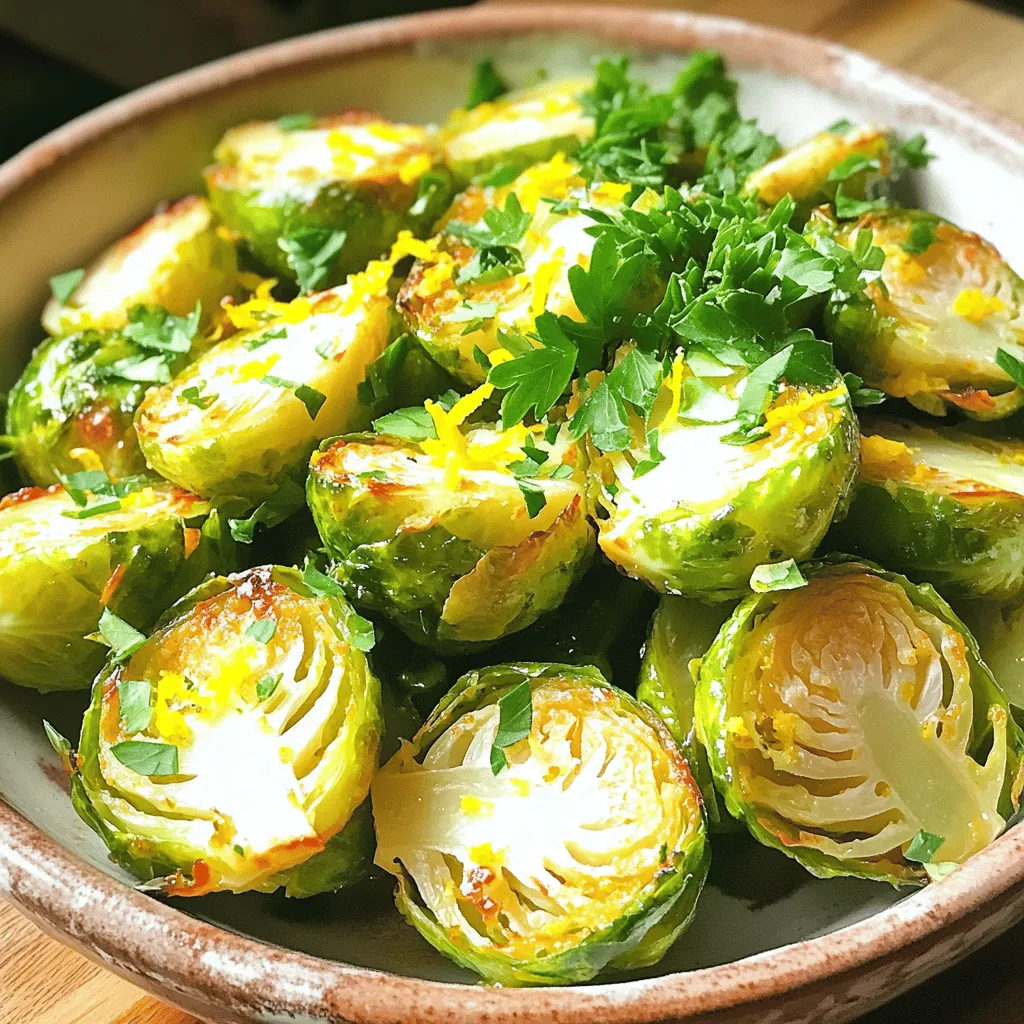 - 1 lb Brussels sprouts, trimmed and halved - 4 cloves garlic, minced - 3 tablespoons olive oil - Zest of 1 lemon - 2 tablespoons fresh lemon juice - 1 teaspoon honey - ¼ teaspoon red pepper flakes - Fresh parsley, chopped, for garnish - 1 teaspoon salt - ½ teaspoon black pepper Lemon Garlic Roasted Brussels Sprouts is a fun dish to make. You start with fresh Brussels sprouts, which are tiny cabbages packed with flavor. Trim and halve them to help them cook evenly. Next, garlic adds a nice kick that pairs well with the sprouts. Mince four cloves for the best taste. Now, let’s talk about the magic of lemon. Zest one lemon and add it to the mix. This gives a bright flavor. Then, squeeze in two tablespoons of fresh lemon juice. It balances the dish perfectly. Olive oil is a must here. Three tablespoons help everything roast nicely. If you want a touch of sweetness, add one teaspoon of honey. It’s optional but adds depth. For a bit of heat, you can sprinkle in a quarter teaspoon of red pepper flakes. Finally, don't forget the salt and black pepper for seasoning. They make everything taste better. These ingredients come together to create a simple delight that’s full of flavor. You can find the full recipe to see how to put everything together. Enjoy! - Preheat the oven to 400°F (200°C). - In a large bowl, combine Brussels sprouts and minced garlic. - In a small bowl, whisk together olive oil, lemon zest, lemon juice, honey (if using), salt, black pepper, and red pepper flakes. - Toss the Brussels sprouts with the seasoning until they are well coated. - Arrange the Brussels sprouts on a baking sheet lined with parchment paper. - Roast for 25-30 minutes, stirring halfway through, until golden brown and crispy. This method makes the Brussels sprouts tender inside and crispy outside. For the best results, check doneness by piercing one with a fork. The flavor of lemon and garlic will shine through each bite. For full details, refer to the Full Recipe. - Cut Brussels sprouts evenly for even cooking. - Stir halfway through roasting for even browning. These two simple tips help create the best texture. When you cut the sprouts evenly, they cook at the same rate. This way, some won't burn while others remain raw. Stirring halfway through ensures they brown nicely. - Serve with lemon wedges and extra parsley for garnish. Adding lemon wedges brightens the dish. It also gives a burst of fresh flavor when squeezed over the sprouts. Extra parsley adds color and makes the dish look fancy. Brussels sprouts are full of vitamins and fiber. They help boost health and digestion. Garlic has great health benefits too. It may help boost your immune system and add flavor without extra calories. Lemon juice adds vitamin C. This means it helps keep you healthy and adds tangy flavor. Plus, it makes the dish taste fresh and bright. {{image_2}} You can add balsamic vinegar for a tasty twist. The vinegar gives a sweet tang. It pairs well with lemon and garlic. You can also mix in fresh herbs. Try thyme or rosemary for extra flavor. Both herbs bring unique notes that enhance the dish. For added crunch, you can toss in nuts. Almonds or walnuts work great here. They add texture and a nutty taste. You can also mix in other veggies. Carrots or sweet potatoes add color and sweetness. This makes your dish even more fun and vibrant. If you want a quicker method, try stovetop sautéing. Heat a pan with olive oil, add the sprouts, and cook until tender. You can also use an air fryer. This method makes them crispy while using less oil. It’s quick and easy, perfect for busy nights. Store any leftover Lemon Garlic Roasted Brussels Sprouts in an airtight container. Keep them in the fridge. They will stay fresh for about three days. This way, you can enjoy them again! To reheat, the oven is best. It keeps the sprouts crispy. Preheat your oven to 350°F (175°C). Spread the leftovers on a baking sheet. Heat for about 10-15 minutes. If you are in a hurry, use the microwave. Just be aware that they might become a bit soft. You can freeze Brussels sprouts for long-term storage. First, blanch them in boiling water for 3 minutes. Then, cool them in ice water. Drain and pat dry. Place them in freezer bags, removing as much air as possible. They can stay in the freezer for up to 3 months. When you're ready to use them, thaw in the fridge overnight before cooking. To make Lemon Garlic Roasted Brussels Sprouts, follow these simple steps: 1. Preheat your oven to 400°F (200°C). 2. Trim and halve 1 pound of Brussels sprouts. 3. Mince 4 cloves of garlic and place them in a large bowl with the sprouts. 4. In a small bowl, mix 3 tablespoons of olive oil, the zest of 1 lemon, 2 tablespoons of lemon juice, 1 teaspoon of salt, ½ teaspoon of black pepper, and ¼ teaspoon of red pepper flakes (if using). 5. Pour this mixture over the sprouts and garlic. 6. Toss everything until the Brussels sprouts are well coated. 7. Spread the sprouts on a parchment-lined baking sheet. 8. Roast for 25 to 30 minutes, stirring halfway through. 9. Garnish with fresh parsley before serving. This process brings out the rich flavor of the Brussels sprouts while the garlic and lemon add a fresh kick. Yes, you can prepare Brussels sprouts in advance! Trim and halve them a day before cooking. You can also marinate them. Just mix the olive oil, garlic, lemon zest, and juice and let the sprouts soak in the flavors. This step can enhance their taste. Store them in the fridge until you are ready to roast them. Lemon Garlic Roasted Brussels Sprouts pair well with many dishes. Here are some great ideas: - Serve them alongside grilled chicken or fish. - They also complement roasted pork or beef nicely. - For a vegetarian option, try them with quinoa or a grain salad. - Add a fresh green salad for a colorful plate. These pairings balance the flavors and create a satisfying meal. For the full recipe, check the earlier section. Lemon Garlic Roasted Brussels Sprouts are easy and tasty. You start with fresh sprouts, garlic, and a simple lemon mix. Roasting them adds a nice crunch. Remember to check for even cooking. You can add flavors or nuts to make them your own. Store leftovers well to enjoy later. These sprouts make a great side dish for any meal. Keep experimenting until you find your favorite version. Enjoy healthy eating with this fun recipe!