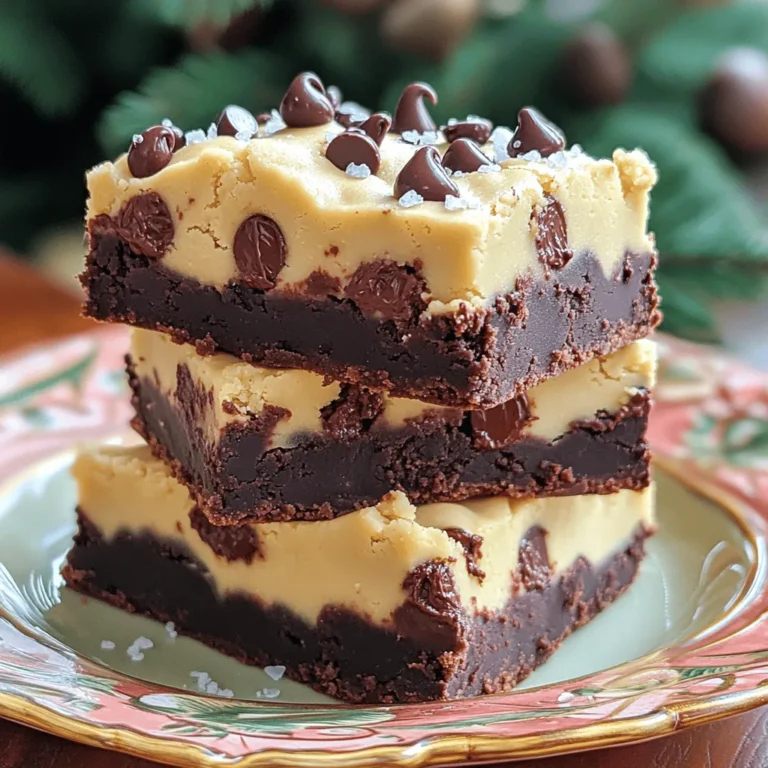 - 1 cup unsalted butter, melted - 1 cup granulated sugar - 1 cup brown sugar, packed - 4 large eggs - 1 teaspoon vanilla extract - 1 cup all-purpose flour - 1/2 cup unsweetened cocoa powder - 1/2 teaspoon salt - 1 cup semi-sweet chocolate chips - 1/2 cup unsalted butter, softened - 1/2 cup granulated sugar - 1 cup brown sugar, packed - 2 tablespoons milk - 1 teaspoon vanilla extract - 1 1/2 cups all-purpose flour - 1/2 teaspoon salt - 1/2 cup mini chocolate chips - Melted chocolate for drizzling - Sea salt for sprinkling Making Chocolate Chip Cookie Dough Brownies is a fun journey! You start with the brownie layer, which is rich and fudgy. The secret is in the butter and sugars. They give the brownies a nice, moist texture. Then, we move on to the cookie dough layer. It’s soft and sweet, just like you want it. The mini chocolate chips add that extra pop of flavor. Feel free to get creative with toppings. Drizzling melted chocolate on top makes the brownies even more tempting. A sprinkle of sea salt can enhance the sweet flavor too. You can find the full recipe to guide you through each step with ease. Enjoy making and eating this treat! Start by preheating your oven to 350°F (175°C). Grease a 9x13 inch baking dish or use parchment paper. This will help with easy removal later. In a large bowl, mix together 1 cup of melted unsalted butter, 1 cup of granulated sugar, and 1 cup of brown sugar. Blend until smooth. Next, add 4 large eggs, one at a time. Mix well after each addition. Stir in 1 teaspoon of vanilla extract. In another bowl, whisk together 1 cup of all-purpose flour, 1/2 cup of unsweetened cocoa powder, and 1/2 teaspoon of salt. Gradually combine the dry mix with the wet ingredients. Stir until just combined, then fold in 1 cup of semi-sweet chocolate chips. This brownie batter will be thick and rich. Now, pour the brownie batter into your prepared baking dish. Spread it evenly with a spatula. Bake in the preheated oven for 25-30 minutes. To check if they’re done, insert a toothpick into the center. It should come out with moist crumbs, not wet batter. Once baked, remove them from the oven and let them cool completely in the dish. This cooling step is key for a nice texture. While the brownies cool, make the cookie dough layer. In a separate bowl, cream together 1/2 cup of softened unsalted butter, 1/2 cup of granulated sugar, and 1 cup of brown sugar. Mix until fluffy. Add in 2 tablespoons of milk and 1 teaspoon of vanilla extract, blending until smooth. Gradually stir in 1 1/2 cups of all-purpose flour and 1/2 teaspoon of salt. Mix until just combined. Finally, fold in 1/2 cup of mini chocolate chips. This cookie dough will be soft and delicious. Once the brownie layer is completely cool, spread the cookie dough over the brownies. Use a spatula to smooth it out, pressing gently to make sure it sticks well. Now your layers are ready for chilling! To get the best brownies, I recommend using room temperature eggs. This helps them mix better. Make sure to blend the butter and sugars until smooth. This step adds air, making your brownies light. When you mix in the flour, do not over-mix. Just stir until you see no dry flour. This keeps the brownies soft. Bake them until a toothpick shows moist crumbs, not wet batter. That perfect bake gives you the right texture. The cookie dough layer should be soft yet firm enough to spread. Start by creaming the softened butter and sugars until fluffy. Mix in the milk and vanilla next. When adding flour, be gentle. You want to mix just until combined. If it feels too crumbly, add a splash more milk. The mini chocolate chips make every bite special. They melt slightly, adding to the deliciousness. After chilling the brownies, cut them into squares. Store leftovers in an airtight container. They keep well in the fridge for about a week. For a tasty twist, drizzle melted chocolate on top before serving. A sprinkle of sea salt can enhance their flavor, making them even more tempting. If you want to wow guests, stack them on a nice plate. These treats are sure to impress! For the full recipe, be sure to check the instructions. {{image_2}} You can make your Chocolate Chip Cookie Dough Brownies even better! One great idea is to add nuts. Walnuts or pecans give a nice crunch. Just chop them up and mix them into the brownie layer. You can also try using different types of chocolate. Dark chocolate or white chocolate chips can add a fun twist. Mixing in some caramel bits adds a sweet surprise. The options are endless! If you need a gluten-free version, it’s easy to adapt this recipe. Replace all-purpose flour with a gluten-free flour blend. Make sure it has xanthan gum to help with texture. Check that your chocolate chips are also gluten-free. This way, you can enjoy the same rich taste without any worries. For a vegan version, the changes are simple. Use a plant-based butter instead of regular butter. Replace the eggs with flaxseed meal or applesauce. For each egg, mix one tablespoon of flaxseed meal with three tablespoons of water. Let it sit for a few minutes until it thickens. Use almond milk or another plant milk in place of regular milk. These swaps keep the taste rich and delicious while being friendly for a vegan diet. You can find the Full Recipe to guide you through these variations! After you enjoy your chocolate chip cookie dough brownies, you want to keep them fresh. Place any leftovers in an airtight container. Store them at room temperature for up to three days. If you want them to last longer, put them in the fridge. They will stay good for about a week. Just make sure to cover them well to prevent drying out. Freezing these brownies is a great option for later treats. Start by cutting them into squares. Wrap each square tightly in plastic wrap. Then, place the wrapped brownies in a freezer-safe bag. They can last up to three months in the freezer. When you’re ready to enjoy, just take them out and let them thaw in the fridge overnight. If you want to warm up your brownies, it’s simple! Preheat your oven to 350°F (175°C). Place the brownies on a baking sheet and cover them with foil. Heat for about 10 minutes. This keeps them soft and gooey. You can also microwave them for about 15-20 seconds. Just watch closely to avoid overheating. For an extra treat, top with a scoop of ice cream before serving! You can find the full recipe for these delicious brownies above. Yes, you can! Feel free to swap semi-sweet chocolate chips for dark or milk chocolate. Each type gives its own twist. Dark chocolate brings a rich taste, while milk chocolate adds a sweeter touch. You can even mix different types for a fun blend. Just remember, the flavor balance changes with each choice. To make brownies more fudgy, use less flour. Try adding an extra egg or two. Melt the butter, but don’t overbeat the batter. This keeps the brownies soft and moist. Also, baking them for a shorter time can help. Check them a few minutes early. If a toothpick comes out with some moist crumbs, they’re perfect! To cut brownies neatly, let them cool completely. Use a sharp knife for clean edges. You can dip the knife in warm water, then dry it before cutting. This helps the knife glide through the brownies easily. For fun shapes, try using cookie cutters. This makes serving even more special! For the full recipe, check out the earlier sections. Enjoy creating these delicious treats! In this post, we covered how to make delicious chocolate chip cookie dough brownies. We talked about the right ingredients, how to layer brownies and cookie dough, and key tips for success. I shared ideas for variations, storing leftovers, and answers to common questions. These brownies are easy to adapt and fun to bake. Enjoy your sweet treats and share them with friends!