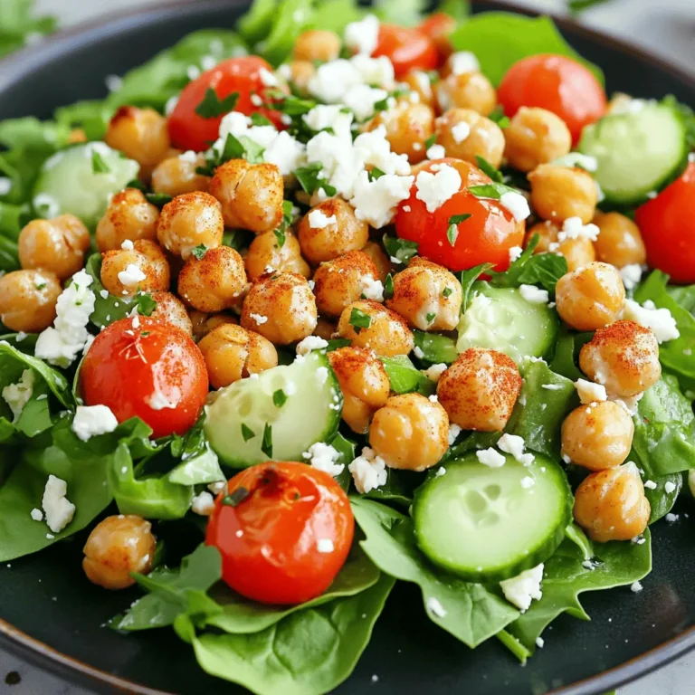 - 1 can (15 oz) chickpeas, drained and rinsed - 4 cups mixed greens (spinach, arugula, romaine) - 1 cup cherry tomatoes, halved - 1 cucumber, diced - 1/2 red onion, thinly sliced - 1/4 cup feta cheese, crumbled (optional for vegan) I love using chickpeas in salads. They add crunch and protein. Start with one can of chickpeas. Drain and rinse them well. This step helps remove extra salt and makes them cleaner. Next, grab your greens. I usually mix spinach, arugula, and romaine. This blend gives great flavor and texture. For color and taste, add one cup of cherry tomatoes. Halve them to make it easy to eat. Then, chop one cucumber into bite-sized pieces. It adds a nice crunch. To finish the base, slice half a red onion thinly. The onion gives a bit of sharpness. If you want, sprinkle some feta cheese on top. It's optional for vegan diets, but I think it adds a great salty touch. - 1 tablespoon olive oil - 1 teaspoon smoked paprika - 1/2 teaspoon garlic powder - 1/2 teaspoon cumin - Salt and pepper to taste - 2 tablespoons tahini - 1 tablespoon lemon juice - Fresh parsley for garnish Now, let's talk about seasoning. Combine one tablespoon of olive oil with your chickpeas. This will help them crisp up in the oven. Next, add one teaspoon of smoked paprika for a warm flavor. Sprinkle in half a teaspoon of garlic powder and half a teaspoon of cumin. These spices bring depth to the dish. Don't forget salt and pepper. Add them to taste. They enhance all the flavors. For the dressing, mix two tablespoons of tahini with one tablespoon of lemon juice. This gives a creamy texture and a zesty kick. Finally, chop some fresh parsley for garnish. It adds color and freshness. You can find the full recipe [here](#). - Preheat the oven to 400°F (200°C). - In a bowl, mix the chickpeas with olive oil and spices. Make sure each chickpea gets coated well. I love using smoked paprika for its rich flavor, but feel free to add garlic powder and cumin too. - Spread the seasoned chickpeas on a baking sheet. Make sure they are in a single layer. This helps them roast evenly and get crispy. - Roast for 25-30 minutes. Shake the pan halfway through to ensure they cook evenly. You want them golden brown and crunchy. - In a large bowl, combine the mixed greens, cherry tomatoes, cucumber, and red onion. This mix adds color and crunch. - Prepare the tahini dressing by whisking together tahini and lemon juice. Add a bit of water for a pourable texture. Adjust with salt for flavor. - Once the chickpeas are crispy, let them cool a little. Then, toss them into the salad mix along with the dressing. - Finish by sprinkling feta cheese and fresh parsley on top for added flavor. Serve this salad right away for the best taste. For the full recipe, check the earlier section. To make your chickpeas super crispy, start by draining them well. Any extra moisture will keep them from getting that perfect crunch. Spread the chickpeas in a single layer on a lined baking sheet. This way, heat circulates evenly around them. Bake at 400°F (200°C) for about 25 to 30 minutes. Shake the pan halfway for even roasting. If you want a creamier texture, add yogurt to your dressing. It gives a rich taste that pairs well with the chickpeas. For a tangy kick, use vinegar instead. Balsamic or apple cider vinegar works great. You can mix and match these options for a flavor that suits you. You can swap chickpeas for black beans or lentils if you prefer. Both options add protein and work well in this salad. Feel free to customize your vegetables too. Try bell peppers, radishes, or even shredded carrots for a fun twist. Each change can bring new flavors and colors to your dish. For the full recipe, check out the Crispy Chickpea Salad instructions above. {{image_2}} Crispy chickpea salad is fun to make and easy to change! Here are some tasty ideas. For a Mediterranean twist, add olives and bell peppers. They bring salty and sweet flavors. Use hummus as a dressing for creaminess. It pairs well with the crispy chickpeas and fresh greens. To create an Asian-inspired salad, add sesame oil and ginger to the dressing. This will give it a warm, nutty taste. You can include edamame and cabbage for texture and crunch. This version is colorful and packed with nutrients. You can change this salad based on the season. In summer, add zucchini for a fresh taste. In spring, use peas or radishes. Fresh herbs like basil or mint add a bright flavor that lifts the dish. These variations keep your salad exciting and flavorful. Check the Full Recipe for the basics, then explore these ideas! To keep your crispy chickpea salad fresh, store any leftovers in an airtight container. This helps avoid moisture, which can make the salad soggy. Enjoy it within 2-3 days for the best flavor and texture. If you want to enjoy the chickpeas warm again, reheat them in the oven. Set it to 350°F (175°C) and spread the chickpeas on a baking sheet. This keeps them crispy. You can also add a little extra dressing to freshen up the salad before serving. For meal prep, I suggest preparing your ingredients separately. This keeps everything fresh and crunchy. Combine the salad just before serving for the best taste. Enjoy the process of making this vibrant dish! To make chickpeas crispy, start by soaking them. If you use dried chickpeas, soak them overnight. This step helps them cook better. After soaking, drain and rinse them well. Then, toss the chickpeas with olive oil and spices like smoked paprika and cumin. Spread them on a baking sheet in one layer. Roast them at 400°F (200°C) for about 25 to 30 minutes. Shake the pan halfway through to ensure even cooking. This method gives you the perfect crunch. Yes, you can easily make this salad vegan! Just skip the feta cheese or use a vegan version. For the dressing, tahini is a great base. You can mix it with lemon juice, water, and a pinch of salt. This creamy dressing adds flavor without dairy. Also, make sure your chickpeas and any added ingredients are plant-based. Crispy Chickpea Salad pairs well with many dishes. Serve it with quinoa for extra protein. You can also add grilled vegetables for a hearty meal. If you want a lighter option, a bowl of soup works great. This salad also goes well with whole-grain pita or rice. Feel free to get creative with sides! To adjust the spice level, simply add or reduce spices. If you like heat, add cayenne pepper or chili powder. For a milder taste, cut back on the cumin and paprika. You can also try adding fresh herbs like cilantro or parsley. They add flavor without the spice. Taste as you go to find your perfect balance. Yes, you can prepare this salad in advance! To keep it fresh, store the ingredients separately. Keep the crispy chickpeas in an airtight container. The salad mix should also stay separate until you’re ready to eat. Dress the salad just before serving to keep everything crunchy. This way, you enjoy a fresh meal even after some time! This blog post offers a simple recipe for a delicious crispy chickpea salad. We covered the main ingredients, step-by-step instructions, and helpful tips. You can customize this salad easily to fit your taste and dietary needs. Remember, the key to crunchiness is proper drying and roasting of the chickpeas. Enjoy making this healthy meal and experimenting with seasonal ingredients. Try it out, and you might find a new favorite dish!