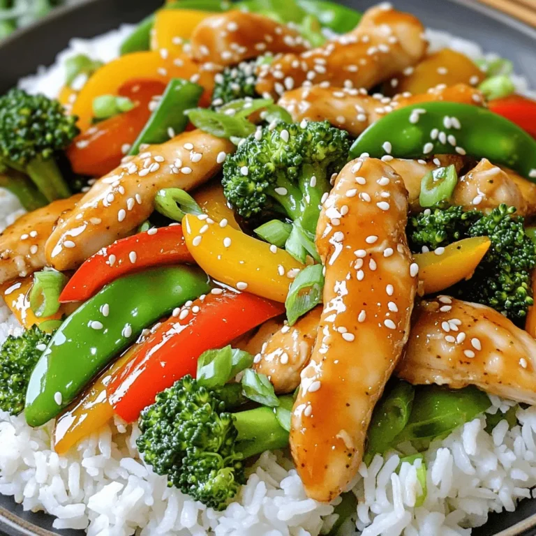 - 1 lb (450g) boneless, skinless chicken breast, sliced into thin strips - 2 tablespoons honey - 3 cloves garlic, minced - 1 tablespoon soy sauce (or a low-sodium alternative) - 1 tablespoon sesame oil - 1 bell pepper (any color), sliced - 1 cup broccoli florets - 1 cup snap peas - 2 tablespoons vegetable oil - Salt and pepper to taste - Cooked rice or noodles, for serving The main part of this dish is the chicken. I love using boneless, skinless chicken breast. It cooks fast and stays juicy. Slice it thin for even cooking. The sauce makes this dish shine. Honey adds sweetness, while garlic gives it a nice kick. Soy sauce adds depth and flavor. Sesame oil rounds it all out with a nutty taste. The vegetables bring color and crunch. Bell peppers are great for sweetness. Broccoli adds a nice bite. Snap peas add a crisp texture. You can mix and match your favorite veggies too. - Sesame seeds - Chopped green onions Garnishes make your dish pop. Sesame seeds add a nice crunch. They also look pretty on the plate. Chopped green onions bring freshness and flavor. You can use them to finish your stir-fry for that extra touch. For the full recipe, check out the details above! Prepping the chicken Start with 1 pound of boneless, skinless chicken breast. Slice it into thin strips. This helps the chicken cook evenly and quickly. You want bite-sized pieces for easy eating. Preparing the vegetables Next, grab your veggies. Use 1 bell pepper and slice it into strips. Take 1 cup of broccoli florets and 1 cup of snap peas. Wash them well and set them aside. Fresh veggies add color and crunch to your dish. Whisking the sauce In a small bowl, combine 2 tablespoons of honey, 3 cloves of minced garlic, 1 tablespoon of soy sauce, and 1 tablespoon of sesame oil. Whisk these ingredients together until well mixed. This sauce brings sweet and savory flavors to your stir-fry. Stir-frying the chicken Heat 2 tablespoons of vegetable oil in a large pan or wok over medium-high heat. Once hot, add the sliced chicken. Season it with salt and pepper. Stir-fry for about 5 to 7 minutes. Look for golden brown pieces. Make sure the chicken is cooked through. When done, remove it from the pan and set it aside. Cooking the vegetables In the same pan, toss in the sliced bell pepper, broccoli florets, and snap peas. Stir-fry these veggies for 3 to 4 minutes. You want them tender-crisp. This keeps their bright color and nutrients intact. Combining chicken and vegetables with the sauce Return the cooked chicken to the pan with the veggies. Pour your honey garlic sauce over everything. Toss the mixture well to coat all pieces. Let it cook for another 2 to 3 minutes. This heats everything through and melds the flavors nicely. Serve your stir-fry over cooked rice or noodles. Garnish with sesame seeds and chopped green onions. Check out the Full Recipe for complete details! To achieve the perfect stir-fry texture, focus on high heat. Use a large pan or wok. This gives you space to move the food around. Cook the chicken in small batches. This helps it brown nicely. For the best flavor, aim for medium-high heat. Heat the oil until it shimmers but does not smoke. This step helps keep the chicken juicy and tender. To boost flavor, try adding spices like ginger or red pepper flakes. This adds warmth and depth. You can also mix in sauces like oyster sauce or hoisin for extra richness. Marinating the chicken makes a big difference. Combine honey, soy sauce, and garlic. Let the chicken sit for at least 30 minutes. This adds a deeper flavor to your dish. For more tips, check out the Full Recipe. {{image_2}} You can easily change the protein in this dish. Tofu and shrimp work great here. Tofu gives a nice texture for a vegetarian option. Shrimp offers a sweet, briny taste that pairs well with the sauce. For veggies, feel free to mix it up. You can use carrots, zucchini, or even mushrooms. Each adds its unique flavor and crunch. Want to add an Asian twist? Try adding ginger or chili sauce. Ginger gives a warm, spicy note, while chili sauce adds a kick. These ingredients enhance the original flavors and add depth. You can also make it a fusion dish. Try adding a hint of lime juice or using a different sauce, like teriyaki. This way, you create a new flavor profile while keeping the heart of the recipe intact. The more you play with it, the more fun it becomes! For the full recipe, check it out and get cooking. After you make your honey garlic chicken stir-fry, you can store it in the fridge. Use an airtight container. It stays fresh for 3 to 4 days. Make sure it cools down first before you seal it up. This helps keep the dish tasty and safe to eat. If you want to save some for later, freezing works great. Let the stir-fry cool completely, then place it in a freezer-safe container. You can freeze it for up to 3 months. When you’re ready to eat, thaw it in the fridge overnight. Reheat it in a pan or microwave. This keeps the flavors intact and makes meal prep easy. For the full recipe, check the instructions above. Honey Garlic Chicken Stir-Fry lasts about 3 to 4 days in the fridge. Make sure you store it in an airtight container. This keeps it fresh and safe to eat. I often place a label with the date on it. This helps me keep track of how long it has been stored. Yes, you can use frozen chicken for this recipe. Just thaw it completely before cooking. I find that the best way to thaw chicken is overnight in the fridge. If you’re in a hurry, you can also use the microwave. Once thawed, you can follow the recipe as normal. You can serve Honey Garlic Chicken Stir-Fry with rice or noodles. Both pair well with the sweet and savory sauce. Add some steamed veggies or a salad for extra nutrition. You can find the full recipe above for all the details on how to make this delicious dish! In this article, we covered how to make a delicious Honey Garlic Chicken Stir-Fry. We explored main ingredients, optional garnishes, and step-by-step cooking instructions. I shared tips for perfect texture and flavor enhancements. You can also swap proteins or try different vegetables for variety. Incorporating these elements will elevate your stir-fry. Enjoy experimenting with this dish and make it your own. Your kitchen adventures await!