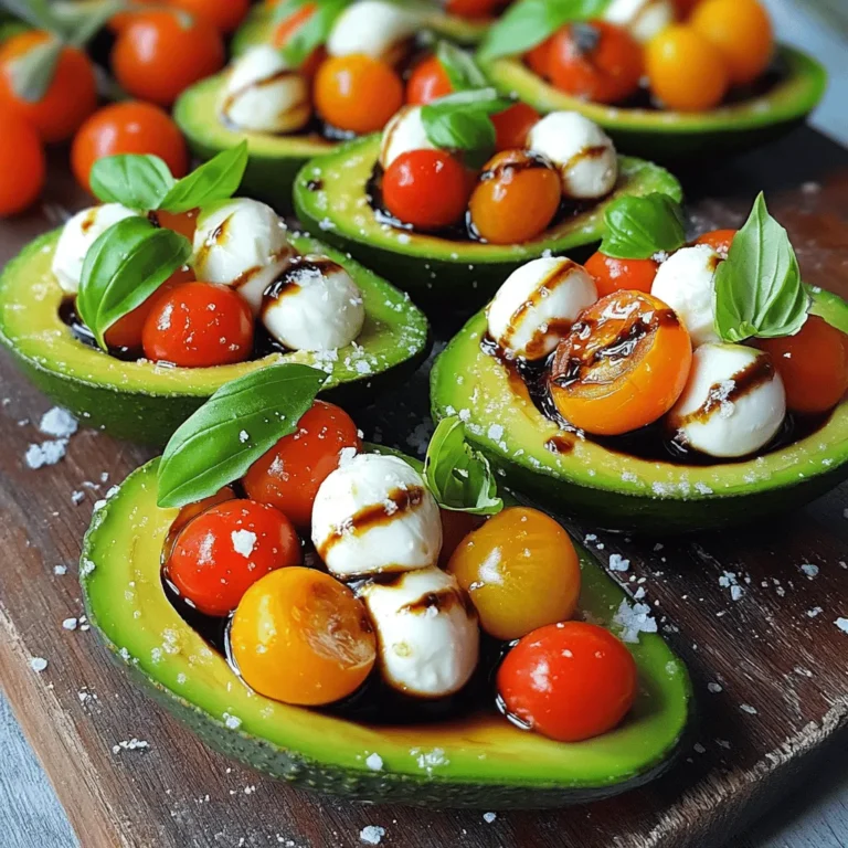 When you make Caprese Stuffed Avocados, gather these fresh and tasty ingredients: - Ripe avocados - Cherry tomatoes - Fresh mozzarella balls - Fresh basil leaves - Balsamic glaze - Olive oil - Salt and pepper These simple items bring bright flavors to your dish. Ripe avocados add creaminess, while cherry tomatoes offer a sweet burst. The mozzarella gives a nice texture, and fresh basil adds a lovely herbal note. Balsamic glaze elevates the dish with its tangy sweetness. Olive oil adds richness, and salt and pepper boost all the flavors. With these ingredients in hand, you're ready to create a fresh and flavorful delight. For the full recipe, check out the section on Step-by-Step Instructions. Start by cutting the avocados in half. Remove the pit carefully. Use a spoon to scoop out a bit of the flesh. This gives you extra room for the stuffing. Next, create the Caprese mixture. In a mixing bowl, add the halved cherry tomatoes and mozzarella balls. Then, toss in the torn basil leaves. Drizzle the olive oil and balsamic glaze over this mixture. Now, season with salt and pepper. Mix gently to combine all the flavors. Now it’s time to fill the avocado halves. Spoon the Caprese mixture evenly into each hollowed-out avocado half. Make sure each half is full and looks inviting. For the final touch, drizzle any remaining balsamic glaze over the stuffed avocados. This adds a nice shine and extra flavor. Serve the Caprese stuffed avocados right away. They taste best when fresh. If you prefer, chill them for a few minutes. This allows the flavors to meld together nicely. You can pair this dish with a light salad or crusty bread. It makes a great starter or side dish. Enjoy the fresh and vibrant flavors! For the complete recipe, refer to the Full Recipe. To make your Caprese stuffed avocados shine, start with ripe avocados. A ripe avocado feels slightly soft when you press it gently. If it feels hard, it’s not ready. If it's too soft, it may be overripe. Store avocados at room temperature until they ripen. Once ripe, keep them in the fridge to stay fresh longer. This keeps them from turning brown too fast. You can enhance the flavor of your Caprese stuffed avocados by adding a few extra ingredients. Consider adding some diced red onion for a sweet crunch. You could also try a sprinkle of chili flakes for heat. Balancing flavors is key. Make sure the salt and pepper complement the fresh ingredients. The balsamic glaze adds a sweet-tart punch, which pairs well with creamy avocado. Adjust the seasoning to suit your taste. For the full recipe and detailed steps, check the [Full Recipe]. {{image_2}} You can easily switch up the ingredients in Caprese stuffed avocados. For a vegan or dairy-free option, replace the mozzarella with plant-based cheese. This keeps the dish fresh, yet satisfying. You can also add extra veggies like bell peppers or zucchini for more flavor and crunch. Seasonal variations can bring new life to this dish. In summer, use fresh basil and ripe tomatoes. In fall, try arugula and roasted butternut squash. These changes keep it exciting and tasty all year long. Caprese stuffed avocados work well as both appetizers and main courses. Serve them as a light starter at a party or as a fun lunch. They are easy to share and look great on a plate. For a creative presentation, arrange the stuffed avocados on a colorful platter. Drizzle some balsamic glaze over the top for a striking look. You can also sprinkle fresh herbs around the avocados to add a pop of color. This makes the dish even more inviting. For the full recipe, check out the details above. To store leftover Caprese Stuffed Avocados, place them in an airtight container. This keeps them fresh. If you use a bowl, cover it tightly with plastic wrap. I recommend eating them within a day or two for the best taste. Avocados brown quickly due to oxidation. You can sprinkle a bit of lemon juice on the exposed flesh to slow this process. This helps maintain color and flavor. Can you freeze stuffed avocados? I do not recommend freezing them. The texture of avocado changes when frozen. It may turn mushy upon thawing. If you must freeze, try only the filling. Place it in a freezer-safe bag, removing as much air as possible. For thawing tips, move the filling to the fridge overnight. It will slowly get back to a nice texture. Once thawed, mix it well before serving. You can then assemble your fresh avocados. Enjoy the bright flavors without losing quality. To make Caprese stuffed avocados, start with ripe avocados. Cut each avocado in half and remove the pit. Scoop out a little flesh to create space. In a bowl, mix halved cherry tomatoes, mozzarella balls, and torn basil leaves. Drizzle olive oil and balsamic glaze over this mix. Season with salt and pepper, then stir gently. Spoon this mixture into the avocado halves. Drizzle with more balsamic glaze if desired. Serve right away or chill for a few minutes. You can find the full recipe above. Caprese stuffed avocados are nutritious and delicious. Avocados provide healthy fats that support heart health. They also offer fiber, which aids digestion. Tomatoes are full of vitamins and antioxidants, especially vitamin C. Fresh mozzarella adds protein to keep you full. Basil brings flavor and has anti-inflammatory properties. This dish is low in carbs and high in nutrients. Overall, it’s a balanced choice for a snack or light meal. You can prepare the filling in advance, but not the avocados. The avocado flesh can brown quickly when exposed to air. If you want to prepare ahead, mix the tomatoes, mozzarella, and basil. Store this mixture in the fridge. When ready to serve, cut and scoop the avocados. Fill them with the prepared mixture right before eating. This keeps the avocados fresh and tasty. This blog post detailed a simple and delicious recipe for Caprese Stuffed Avocados. You learned about the key ingredients, easy preparation steps, and serving tips. Selecting ripe avocados and enhancing flavors can elevate your dish. We also explored variations and storage tips for leftovers. Whether you serve it as an appetizer or a main course, this recipe is versatile and delightful. Now, take this knowledge and make a fresh, healthy dish that impresses everyone!
