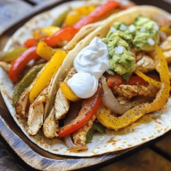 - 2 boneless, skinless chicken breasts, sliced into thin strips - 1 red bell pepper, sliced - 1 yellow bell pepper, sliced - 1 medium onion, sliced - 2 tablespoons olive oil - 1 tablespoon chili powder - 1 teaspoon cumin - 1 teaspoon smoked paprika - 1 teaspoon garlic powder - Salt and pepper to taste - Tortillas for serving (flour or corn) You need fresh chicken breasts for a juicy taste. Slice them thin for quick cooking. The bell peppers add color and crunch. I like using both red and yellow for a nice mix. Onions bring sweetness and flavor to the dish. Olive oil helps the spices stick to the chicken and makes it tender. - Sour cream - Guacamole - Salsa - Shredded cheese - Fresh herbs Toppings take your fajitas to the next level. Sour cream adds creaminess, while guacamole gives a rich taste. Salsa brings a fresh burst of flavor. Shredded cheese melts beautifully on warm fajitas. Fresh herbs like cilantro add a pop of color and taste. - Large skillet - Mixing bowl A large skillet is key. It gets hot and cooks the chicken and veggies fast. Use a mixing bowl to coat the chicken with spices. This step helps the flavors blend well. Make sure your skillet is hot before adding the chicken to get a nice sear. For the full recipe, check out the [Full Recipe]. Start by marinating the chicken strips. In a large bowl, mix the sliced chicken with olive oil, chili powder, cumin, smoked paprika, garlic powder, salt, and pepper. Toss the chicken well so it is fully coated with the spices. Let it sit for about 10 minutes. This helps the flavors soak in. Next, heat a large skillet over medium-high heat. When the skillet is hot, add the marinated chicken strips. Cook them for about 5-7 minutes. Stir occasionally until the chicken is browned and cooked through. Ensure the chicken reaches an internal temperature of 165°F for safety. Once the chicken is done, remove it from the skillet and set it aside. In the same skillet, add the sliced onions and bell peppers. Sauté them for about 4-5 minutes. You want them to be tender and slightly charred. This brings out their natural sweetness. After that, return the chicken to the skillet. Mix everything well and cook for an additional 2 minutes. This step ensures the chicken and veggies blend their flavors perfectly. Now, you're ready to serve! Warm the tortillas in a dry skillet or microwave, and fill them with your flavorful chicken and veggies. Don't forget to check the [Full Recipe] for more details! To get the best flavor in your chicken fajitas, use the right spices. A good mix includes: - 1 tablespoon chili powder - 1 teaspoon cumin - 1 teaspoon smoked paprika - 1 teaspoon garlic powder These spices give a warm and smoky taste. Fresh herbs like cilantro can add a bright touch. Dried herbs work, too, but fresh often tastes better. Aim for a mix of both to find your favorite flavor. You can cook your fajitas in a skillet or on a grill. A skillet gives you great control over the heat and cooking time. It takes about 5-7 minutes to cook the chicken and 4-5 minutes for the veggies. If you use a grill, the cooking time may vary. Keep an eye on your food to avoid burning. Chicken fajitas taste great with side dishes like rice, beans, or a fresh salad. You can also serve them with chips and salsa for a fun snack. If you have leftovers, try making fajita wraps or quesadillas. Just add some cheese, and grill until melted for a quick meal. Don't forget the toppings like sour cream or guacamole! {{image_2}} You can easily swap chicken for other proteins. Beef, shrimp, or even tofu work great. For beef, use flank or skirt steak. Cook it for 3-5 minutes longer than chicken. Shrimp cooks fast, just 2-3 minutes. Tofu needs about 5 minutes, so it's a good choice for a meat-free option. If you want a meat-free dish, try this. Use more vegetables like zucchini or mushrooms. You can also add black beans or chickpeas for protein. Adjust the seasonings to add more flavor. Use smoked paprika for a rich taste. You can still enjoy all the great flavors of fajitas without meat. Want to spice things up? Try a Southwestern twist. Add chipotle for heat or fresh cilantro for freshness. You can also add fruits like pineapple for a sweet touch. This gives your fajitas a fun flavor boost. Mix and match spices to create your unique blend. For the complete recipe, check out the Full Recipe above. To store leftover fajitas, place them in an airtight container. Make sure to let the fajitas cool down first. This keeps them fresh and safe to eat. Best practices for freshness include eating leftovers within three days. When reheating, add a splash of water to keep them moist. To freeze chicken fajitas, let them cool completely before packing. Use freezer-safe bags or containers for best results. Squeeze out any air to prevent freezer burn. For thawing, place them in the fridge overnight. Reheat them in a skillet over medium heat. Stir in a little water to help them heat evenly. Leftovers last in the fridge for about three days. If you freeze them, they can last up to three months. Signs of spoilage include a sour smell or discoloration. If you see mold, toss them out. Safe food practices keep everyone healthy! The best chicken for fajitas is boneless, skinless chicken breasts or thighs. Chicken breasts are lean and cook quickly. They have a mild flavor that works well with spices. Chicken thighs are juicier and richer in taste. They take a bit longer to cook but stay tender. Choosing between them depends on your taste preference. Yes, you can make fajitas ahead of time! To prep, season your chicken and veggies. You can store them in the fridge for up to two days. Cook the chicken and veggies just before serving. This keeps them fresh and tasty. If you have leftovers, store them in an airtight container. They will stay good for about three days. You can serve chicken fajitas with many tasty sides. Here are some ideas: - Mexican rice - Refried beans - Corn on the cob - Fresh salsa - Chips and guacamole - A light salad For drinks, consider refreshing options like lemonade or iced tea. These pair well and make your meal more fun. To add spice to your chicken fajitas, use various spices and sauces. Here are some options: - Add cayenne pepper for heat. - Use hot sauce in the marinade. - Mix in diced jalapeños with the onions. - Try chipotle powder for a smoky flavor. Adjust the amount to fit your heat level. The best tortillas for fajitas are flour or corn. Flour tortillas are soft, flexible, and hold fillings well. They are great for wrapping. Corn tortillas are more flavorful and have a nice texture. They are also gluten-free. If you want a traditional taste, go with corn. If you prefer softness, choose flour. In this post, we covered how to make easy chicken fajitas. You need just a few ingredients, like chicken, bell peppers, and onions. We discussed tips for enhancing flavor and shared cooking techniques. You can even try different proteins or flavors! Remember to store leftovers properly to enjoy them later. Fajitas are fun and tasty, making them perfect for any meal. Enjoy experimenting with your own tasty twists!