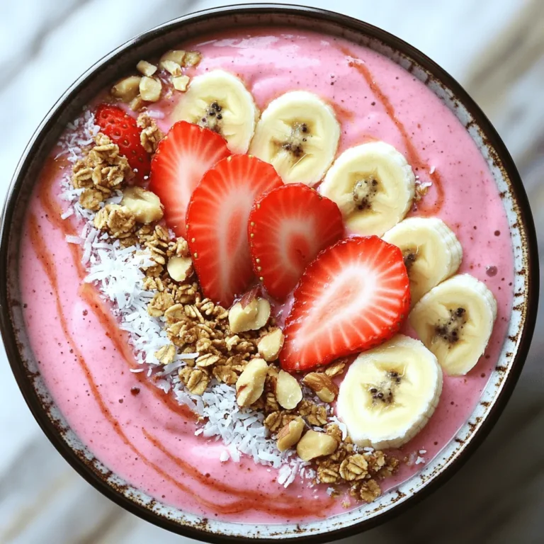 - 1 ripe banana - 1 cup fresh strawberries, hulled - 1/2 cup Greek yogurt (or dairy-free alternative) - 1/2 cup almond milk (or other plant-based milk) - 1 tablespoon honey or maple syrup - 1 tablespoon chia seeds - 1/4 teaspoon vanilla extract - Sliced banana - Fresh strawberries - Granola - Shredded coconut - Chopped nuts The base of a great strawberry banana smoothie bowl comes from its essential ingredients. Start with a ripe banana for creaminess and sweetness. Fresh strawberries add a tart burst of flavor. Greek yogurt gives a nice thickness and protein boost, while almond milk or plant-based milk ensures a smooth blend. You can customize your bowl by adding optional ingredients. Honey or maple syrup can sweeten it more. Chia seeds offer fiber and omega-3s, and vanilla extract enhances the taste. Don’t forget about toppings! They add fun textures and colors. Sliced bananas and strawberries look great on top. Granola adds crunch, while shredded coconut and chopped nuts give extra flavor. This recipe is easy to follow and fun to make. For the full recipe, check [Full Recipe]. To start, gather your ingredients. Place the ripe banana, fresh strawberries, Greek yogurt, almond milk, honey, chia seeds, and vanilla extract in a blender. Blend everything until it is smooth and creamy. If the mixture is too thick, add a little more almond milk to help. Make sure to scrape down the sides of the blender so all ingredients mix well. A smooth consistency is key to a perfect smoothie bowl. Once blended, pour the smoothie into a bowl. Use a spoon to create a swirl in the center. This makes it look nice. Now, it's time to add your toppings. Arrange sliced bananas, halved strawberries, granola, shredded coconut, and chopped nuts on top. Use different colors and textures to make it pop. This adds both beauty and crunch to your bowl. After blending, taste your smoothie mixture. If you want it sweeter, you can add more honey or maple syrup. Mix again to combine. You can also adjust the thickness. If you want a thicker bowl, add more yogurt or reduce the almond milk. For a thinner consistency, add a bit more almond milk. This way, you can create the perfect smoothie bowl just for you. For the full recipe, check out the complete instructions above. For a smooth and creamy texture, I recommend using a high-power blender. Brands like Vitamix or NutriBullet work great. These blenders blend the ingredients easily and provide a silky finish. To prevent clumping, add the liquid first. Then, layer in the fruits and yogurt. This order helps blend everything well without lumps. Feel free to get creative! You can add other fruits like mango, blueberries, or pineapple. Each fruit gives a unique twist to your bowl. To add superfoods, try tossing in a scoop of protein powder or some spinach. These ingredients boost the nutrition without changing the taste much. Garnishing is key to a beautiful smoothie bowl. Use sliced bananas, fresh strawberries, and a sprinkle of granola on top. For added crunch, throw in coconut or nuts. Make sure to use contrasting colors for visual appeal. Bright reds and yellows stand out well against the green spinach. A well-presented bowl makes it more enjoyable! {{image_2}} You can change your smoothie bowl with the fruits you have. During summer, use peaches or berries. In winter, try bananas or apples. Seasonal toppings can make it fun! Use nuts in the fall or fresh mint in spring. You can also sprinkle some seeds or add a drizzle of honey. Want to spice things up? Try adding cinnamon or nutmeg. These spices add warmth and depth. You can also use flavored yogurts or milks. Almond milk with vanilla tastes great! Coconut milk can add a creamy twist. Just blend these into your smoothie for extra flavor. If you need gluten-free options, this recipe is already safe. You can swap Greek yogurt for dairy-free yogurt to make it vegan. Use plant-based milk like oat or soy. For sweetness, maple syrup works well. Each choice keeps it tasty and friendly for different diets. For the complete Strawberry Banana Bliss Smoothie Bowl recipe, check the [Full Recipe]. You can keep your smoothie bowl in the fridge. Use an airtight container for best results. This method preserves flavor and freshness. Aim to eat your leftovers within 24 hours. The longer it sits, the less tasty it becomes. You can freeze smoothie portions for later. Pour the smoothie into ice cube trays or small containers. This method allows for easy portion control. When you want to enjoy a smoothie bowl, take out a few cubes. Let them sit in the fridge overnight to thaw. You can also blend them directly with fresh ingredients. To reheat, avoid using the microwave. Instead, let the smoothie sit at room temperature. This method helps maintain texture and flavor. If you must use heat, do so gently. Blend in a little almond milk to restore creaminess. Enjoy your Strawberry Banana Smoothie Bowl from the [Full Recipe] with a fresh taste every time! If you don’t have ripe bananas, you can use other fruits. Frozen bananas work well too. They add sweetness and creaminess. You can also try applesauce for a smoother texture. If you need a sweet kick, add a touch of honey or maple syrup. These options keep your smoothie bowl tasty and enjoyable. Yes, you can prep the ingredients ahead. Cut the strawberries and store them in the fridge. You can also measure out the yogurt and milk in a container. Just blend everything together when you are ready to eat. To save time, blend the smoothie the night before. Just remember to store it in the fridge. Give it a quick stir before serving. To make your smoothie bowl thicker, use less liquid. You can also add more banana or use frozen fruit. Chia seeds help too; they absorb liquid and thicken the mix. Another trick is to blend less, so it stays chunky. Enjoy experimenting with these tips to find your perfect thickness! You can create a delicious smoothie bowl using simple ingredients like ripe bananas and strawberries. Blend these with Greek yogurt and almond milk for a tasty treat. Customize it with optional ingredients like honey or chia seeds. Remember to be creative with toppings to make it look appealing. In the end, you can enjoy various flavors and textures. Don't hesitate to experiment with seasonal fruits or dietary options. With the tips provided, you’ll master the art of making smoothie bowls. Enjoy your healthy creation!