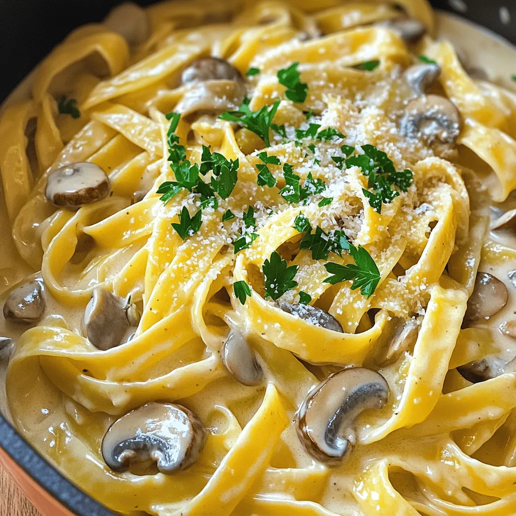 To make One-Pot Creamy Mushroom Pasta, you'll need the following: - 12 oz pasta (fettuccine or penne works great) - 2 tablespoons olive oil - 1 small onion, finely chopped - 3 cloves garlic, minced - 16 oz mushrooms (cremini or button), sliced - 2 cups vegetable broth - 1 cup heavy cream (or coconut cream for a dairy-free option) - 1 teaspoon dried thyme - 1 teaspoon dried oregano - Salt and pepper to taste - ½ cup grated Parmesan cheese (optional) - Fresh parsley, chopped (for garnish) If you have dietary needs, you can make easy swaps. Use gluten-free pasta for a gluten-free meal. For dairy-free, substitute heavy cream with coconut cream. If you want a lighter option, use a low-fat cream. You can also skip the cheese or use a vegan alternative. Make sure to check labels for allergens. I love using fettuccine or penne for this dish. They hold the sauce well and mix nicely with mushrooms. Other great options are bowtie or rotini. These shapes capture every bit of the creamy sauce. Choose any pasta you enjoy, but keep cooking times in mind to ensure they are al dente. Before you start cooking, gather your ingredients. You’ll need pasta, olive oil, onion, garlic, mushrooms, vegetable broth, and cream. Having everything ready makes the process easier and faster. This dish comes together in just 30 minutes. 1. Heat the oil: In a large pot, heat the olive oil on medium heat. 2. Sauté the onion: Add the chopped onion. Cook for 3-4 minutes until it’s soft and clear. 3. Add garlic and mushrooms: Stir in the minced garlic and sliced mushrooms. Cook for 5-7 minutes. The mushrooms should be soft and juicy. 4. Combine all ingredients: Add the pasta, vegetable broth, cream, thyme, oregano, salt, and pepper. Stir well. Make sure the pasta is fully covered in liquid. 5. Cook the mixture: Bring it to a gentle boil. Then, lower the heat, cover, and let it simmer for 12-15 minutes. Stir it occasionally. The pasta should be al dente, and the sauce creamy. 6. Add cheese: If you want, stir in the grated Parmesan cheese until it melts. Taste and adjust the seasoning with salt and pepper. 7. Let it thicken: Remove the pot from heat. Let it sit for a couple of minutes to thicken if you like. 8. Garnish and serve: Sprinkle chopped parsley on top before serving. To make your sauce truly creamy, use heavy cream. If you want a lighter option, coconut cream works well, too. Stir the sauce gently to keep it smooth. If it seems too thick, add a splash of broth to reach your desired consistency. Enjoy the rich flavors of your One-Pot Creamy Mushroom Pasta! For the complete recipe, refer to the Full Recipe section. Cooking pasta in one pot is easy and fun. Start by choosing the right pot. Use a large pot or Dutch oven. This gives the pasta enough room to cook well. Always add enough water or broth. This helps the pasta cook evenly. Make sure the liquid covers the pasta. Stir it often to prevent sticking. Herbs and spices can make your dish shine. I love using dried thyme and oregano. They add warmth and depth to the pasta. You can also add fresh herbs. Chopped parsley gives a fresh taste. For a twist, try red pepper flakes. They add a nice kick! There are some easy mistakes to avoid. First, don’t skip the sautéing step. Cooking the onion, garlic, and mushrooms first adds flavor. Second, don't overcook the pasta. It should be al dente, firm but not hard. Lastly, be careful with salt. Taste your dish before adding more. For more details on making this dish, check the Full Recipe. {{image_2}} You can easily add proteins to make your One-Pot Creamy Mushroom Pasta heartier. Chicken works well. Just cut it into small pieces and cook it with the onions until golden. Shrimp is another great option. Add it after sautéing the mushrooms, and cook until they turn pink. This adds flavor and makes your dish more filling. For a vegetarian version, you can skip the meat and use more mushrooms. They add a nice, savory flavor. To make it vegan, replace heavy cream with coconut cream. Use nutritional yeast instead of Parmesan for a cheesy taste. You still get a rich and creamy dish without any animal products. Adding seasonal vegetables can boost flavor and nutrition. In spring, consider adding peas or asparagus. In summer, zucchini or cherry tomatoes bring freshness. In fall, try kale or spinach. Just toss them in with the pasta during the last few minutes of cooking. This way, you keep the veggies crisp and vibrant. Enjoy experimenting with different flavors! For the complete recipe, check the Full Recipe section. To store leftover creamy mushroom pasta, first let it cool. Then, place it in an airtight container. Make sure to seal it well. You can keep it in the fridge for up to three days. If you are storing it longer, consider freezing it. When reheating, add a splash of water or broth. This helps to revive the creamy sauce. You can use the microwave or a stovetop. If using the microwave, heat in short bursts. Stir every minute to ensure even heating. On the stovetop, use low heat and stir frequently. To freeze the pasta, pack it into freezer-safe containers. Leave some space at the top for expansion. It can last in the freezer for up to three months. When ready to eat, thaw it overnight in the fridge. Reheat as mentioned above for the best taste. For a quick meal, you can also reheat directly from frozen, but it will take longer. Enjoy your creamy mushroom pasta anytime! It takes about 30 minutes to cook One-Pot Creamy Mushroom Pasta. You will spend 10 minutes prepping the ingredients. The cooking time is around 20 minutes. This quick recipe is perfect for weeknight dinners. Yes, you can make this recipe gluten-free. Use gluten-free pasta instead of regular pasta. Many brands offer great options that cook well. Just follow the package instructions for cooking time. You can use coconut cream for a dairy-free version. It gives a rich texture and flavor. Another option is to blend soaked cashews with water. This creates a creamy sauce that tastes great. Both methods keep the dish delicious and creamy. In this post, we covered everything about making One-Pot Creamy Mushroom Pasta. We looked at the best ingredients, cooking steps, and tips for a creamy sauce. We shared how to make it your own with different proteins and veggies. Lastly, we provided storage advice to keep your pasta fresh. With these tips, you can create a tasty meal with ease. Enjoy your cooking!
