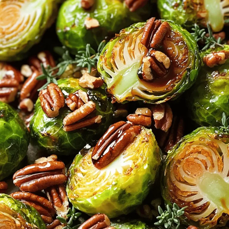 - 1 pound Brussels sprouts, trimmed and halved - 3 tablespoons olive oil - 1/4 cup pure maple syrup - 2 tablespoons balsamic vinegar - 1 teaspoon garlic powder - 1/2 teaspoon salt - 1/4 teaspoon black pepper - 1/4 cup chopped pecans (optional) - Fresh thyme leaves for garnish (optional) To add more depth to your Brussels sprouts, consider using: - A pinch of cayenne pepper for heat - A dash of smoked paprika for a smoky flavor - Some lemon zest for brightness Each serving contains: - Calories: 183 - Total Fat: 11g - Carbohydrates: 23g - Fiber: 4g - Protein: 3g Brussels sprouts are not just tasty; they pack a nutritional punch. They offer fiber, vitamins, and minerals. Eating them can support your health in many ways. For the full recipe, don't forget to check the earlier section. - First, preheat your oven to 425°F (220°C). This will help the Brussels sprouts roast perfectly. - Next, trim the ends off the Brussels sprouts. Remove any yellow or damaged leaves. Then, cut each sprout in half. This helps them cook evenly and absorb the glaze better. - In a large bowl, combine the halved Brussels sprouts with 3 tablespoons of olive oil, 1 teaspoon of garlic powder, 1/2 teaspoon of salt, and 1/4 teaspoon of black pepper. Toss everything well to coat. - Spread the Brussels sprouts on a baking sheet in a single layer. Make sure they aren’t crowded, or they won’t roast well. - Roast them in the preheated oven for about 20 minutes. Stir halfway through for even cooking. - While they roast, make the maple glaze. In a small saucepan over medium heat, mix 1/4 cup of pure maple syrup and 2 tablespoons of balsamic vinegar. Bring it to a gentle simmer. Let it reduce for about 5 minutes until it thickens slightly. - After 20 minutes, take the Brussels sprouts out of the oven. Drizzle the maple glaze over them and stir to coat. - Put the Brussels sprouts back in the oven. Roast for another 10 minutes to let the glaze caramelize. - If you want to add pecans, sprinkle them on during the last 5 minutes of roasting for extra crunch. - To get the best caramelization, make sure the sprouts are in a single layer. This allows for even heat distribution. - If your Brussels sprouts are larger, you might need to adjust the baking time. Check for tenderness and caramelization to know when they are done. For the full recipe, check out the ingredients and instructions provided above. When you shop for Brussels sprouts, look for bright green ones. They should feel firm and not squishy. Avoid any that have yellow leaves or dark spots. Fresh sprouts should be small and compact. This means they are young and tender. Larger sprouts can taste bitter. You can boost the flavor of your dish with spices and herbs. Try adding paprika for smokiness or chili flakes for heat. Fresh herbs like rosemary or sage add a lovely touch. If you want a different glaze, mix honey with soy sauce. This gives a sweet and salty flavor that pairs well. Use a heavy baking sheet for roasting. This helps the Brussels sprouts caramelize better. A rimmed sheet keeps the glaze from spilling. Use a spatula for tossing the sprouts. A large bowl helps mix everything evenly. Make sure to line your baking sheet with parchment paper for easy cleanup. For the full recipe, check out the detailed steps in the main article. {{image_2}} If you want to skip the pecans, try sunflower seeds instead. They add a nice crunch. You can also use pumpkin seeds for a different flavor. Both options keep the dish nut-free while still adding texture. To make this dish vegan, just omit the pecans or replace them with seeds. You can also substitute maple syrup with agave nectar. This keeps the sweet flavor while ensuring it's fully plant-based. Consider adding seasonal herbs like rosemary or sage. These herbs pair well with the sweet glaze. You could also mix in root vegetables like carrots or sweet potatoes for extra color and nutrition. Using seasonal veggies enhances the dish's flavor and makes it more vibrant. If you want the full recipe, check the earlier part of this article. Store leftover maple glazed Brussels sprouts in an airtight container. Keep them in the fridge for up to three days. If you want to freeze them, place the sprouts in a freezer-safe bag. They can last up to three months in the freezer. Make sure to remove as much air as possible from the bag. This helps prevent freezer burn. To reheat your Brussels sprouts, use the oven for the best results. Preheat the oven to 350°F (175°C). Spread the sprouts on a baking sheet and cover with foil to keep them moist. Heat for about 10-15 minutes. You can also microwave them, but this may make them softer. To maintain the texture and flavor, avoid reheating more than once. You can prepare Brussels sprouts in advance for easy meals. Trim and halve them a day before cooking. Store them in the fridge until you're ready to roast. You can also make the maple glaze ahead of time. Store it in the fridge for up to a week. When you are ready to serve, just warm the glaze slightly before drizzling it over the sprouts. This makes meal assembly fast and simple. For the full recipe, check the link above. Yes, you can prepare Maple Glazed Brussels Sprouts ahead of time. Cook them fully and let them cool. Store them in an airtight container in the fridge for up to three days. Reheat in the oven at 350°F until warm. This method keeps them tasty and fresh. Maple Glazed Brussels Sprouts pair well with many dishes. Try serving them with roasted chicken or grilled salmon. They also taste great with pork chops or a hearty grain like quinoa. Add some rice for a full meal. To thicken the glaze, you can simmer it longer until it reduces. This process helps to concentrate the flavors. Another option is to add a cornstarch slurry. Mix one tablespoon of cornstarch with two tablespoons of water. Stir it into the glaze while it simmers. You can use frozen Brussels sprouts, but fresh ones taste better. If using frozen, thaw and drain them first. Then, follow the same steps in the recipe. Keep in mind that frozen sprouts may have more moisture, affecting the glaze. Brussels sprouts are packed with nutrients. They are high in vitamins C and K. They also contain fiber, which aids digestion. Eating Brussels sprouts may help lower cholesterol and boost your immune system. Including them in your diet can support your overall health. Don't miss out on these small but mighty veggies! Check out the Full Recipe for more delicious ideas. In this article, we explored how to make delicious Maple Glazed Brussels sprouts. You learned about the key ingredients, preparation steps, and essential cooking tips for perfect results. We also discussed variations, storage tips, and answers to common questions. Brussels sprouts can be a tasty addition to your meals. Experiment with flavors and enjoy the health benefits they bring. Happy cooking!