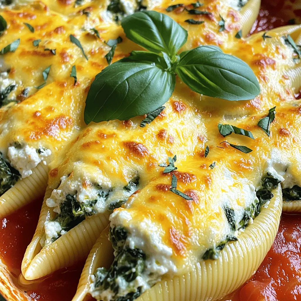 To make Cheesy Spinach Stuffed Shells, you need a few key ingredients. These ingredients come together to create a rich and tasty dish. Here’s what you’ll need: - 20 jumbo pasta shells - 2 cups ricotta cheese - 1 cup shredded mozzarella cheese, divided - 1/2 cup grated Parmesan cheese - 2 cups fresh spinach, chopped - 1/2 teaspoon garlic powder - 1/2 teaspoon onion powder - 1/4 teaspoon nutmeg - Salt and pepper to taste - 2 cups marinara sauce - Fresh basil leaves for garnish Each ingredient plays a crucial role. The jumbo pasta shells hold the creamy filling. Ricotta adds a smooth texture, while mozzarella and Parmesan give a cheesy flavor. Fresh spinach adds color and nutrients. Garlic and onion powder enhance the taste with warmth. Nutmeg gives a hint of spice. Marinara sauce brings everything together with its tangy goodness. I love using fresh basil as a garnish. It adds a pop of color and a fresh taste. You can find the full recipe to guide you through each step. This dish is not just filling, but it also looks great on the table. - Preheat the oven: Start by preheating your oven to 375°F (190°C). A hot oven helps the cheese melt perfectly. - Cook the pasta: In a large pot, boil salted water. Cook the jumbo pasta shells until they are al dente. This usually takes about 8-10 minutes. Drain and rinse them under cold water to stop cooking. - Prepare the cheesy spinach filling: In a big mixing bowl, combine ricotta cheese, 1/2 cup of mozzarella, Parmesan cheese, and chopped spinach. Add garlic powder, onion powder, nutmeg, salt, and pepper. Stir until everything is well mixed. The filling should be creamy and flavorful. - Stuff the cooked shells: Take a spoon and carefully fill each shell with the cheesy spinach mixture. Don’t overfill! Each shell needs just the right amount to ensure they cook well. - Assemble the dish: Spread about 1 cup of marinara sauce on the bottom of a 9x13 inch baking dish. Place the stuffed shells in a single layer on top of the sauce. Pour the rest of the marinara sauce over the shells. Sprinkle the remaining mozzarella cheese on top. - Bake: Cover the dish with aluminum foil. Bake in the preheated oven for 20 minutes. After that, remove the foil and bake for another 10-15 minutes. You want the cheese to be bubbly and golden. Enjoy this warm, cheesy delight! You can find the full recipe and more tips to enhance your cooking experience. - Ensuring perfect pasta texture: Always cook the jumbo shells until they are al dente. This helps them hold the filling better. After cooking, rinse the shells in cold water. This stops the cooking process and keeps them firm. - Best practices for stuffing shells: Use a spoon or a piping bag to fill your shells. This makes the process clean and easy. Be sure not to overstuff them. A little filling goes a long way, and overstuffing can lead to messy shells. - Presentation ideas for serving: Serve the stuffed shells on a large platter. Drizzle extra marinara sauce over the top. A sprinkle of fresh basil on the finished dish adds color and flavor. - How to pair with side dishes: These stuffed shells go well with a simple green salad. Garlic bread also makes a great side. The bread soaks up the extra sauce and adds crunch. - Overstuffing shells: If you fill the shells too much, they might burst while baking. Stick to a moderate amount of filling for the best results. - Skipping marinara sauce: Always use marinara sauce in the dish. It adds moisture and flavor. Without it, the shells can be dry and bland. {{image_2}} You can change up the cheese in this recipe. Try using goat cheese or feta for a tangy twist. These cheeses add a rich flavor that pairs well with spinach. If you need a non-dairy option, use cashew cheese or tofu. Blend them with some nutritional yeast for a creamy filling. This way, you keep the taste without using dairy. Adding fresh herbs can elevate this dish. Basil, oregano, or thyme add a burst of flavor. You can mix them right into the cheese filling. You might also consider adding diced bell peppers or mushrooms. These veggies add texture and a nice taste. Sauté them before mixing for the best flavor. You can make these shells in a pressure cooker. Just layer the shells with sauce and cheese, then cook for about 10 minutes. This method saves time and keeps the pasta soft. A slow cooker is another great option. Layer the shells and sauce, then cook on low for 4 hours. This method allows the flavors to meld beautifully. For the full recipe, click [here](#). To store leftovers, let the Cheesy Spinach Stuffed Shells cool completely. Place them in an airtight container. They will stay fresh in the fridge for about 3 to 4 days. When you’re ready to enjoy them again, reheat in the oven or microwave. If using the oven, preheat it to 350°F (175°C). Cover the dish with foil to keep them moist. Heat for about 15 to 20 minutes until warm. You can freeze stuffed shells before baking. Prepare them as usual, but don’t bake them. Instead, cover the dish tightly with plastic wrap and then with foil. They can stay in the freezer for up to 2 months. When you’re ready to bake them, remove the wrap and foil. Bake from frozen, adding about 10 to 15 extra minutes to the cooking time. If you freeze after cooking, let the shells cool first. Store them in a suitable container. They can also last for about 2 months in the freezer. To reheat, thaw them overnight in the fridge and then follow the reheating guidelines. For more detailed steps, check the Full Recipe. Can I make Cheesy Spinach Stuffed Shells ahead of time? Yes, you can prepare the shells in advance. Stuff the shells and place them in a baking dish. Cover the dish with foil and store it in the fridge. Bake them when you're ready. This makes dinner easy after a busy day. How long do they last in the fridge? Cheesy Spinach Stuffed Shells can last up to three days in the fridge. Just make sure you store them in an airtight container. This keeps them fresh and tasty for your next meal. Caloric content per serving Each serving of Cheesy Spinach Stuffed Shells has about 350 calories. This means you can enjoy a filling meal without too much guilt. Protein and other nutrient breakdown A serving contains roughly 20 grams of protein. It also has good amounts of calcium and iron from the cheese and spinach. These nutrients help keep you strong and healthy. Recommended serving size for family dinners I suggest serving 2-3 stuffed shells per person. This is enough for a hearty meal. Pair it with a salad for a complete dinner. Scaling the recipe for larger gatherings You can easily double the recipe for a crowd. Just use a bigger baking dish and add more marinara sauce. This way, everyone can enjoy this cheesy delight. For the full recipe, check the section above. In this blog post, we explored making Cheesy Spinach Stuffed Shells. We covered key ingredients like jumbo pasta shells, ricotta, and fresh spinach. You learned step-by-step instructions for prep, filling, and baking. Cooking tips ensured perfect results, while variations offered exciting twists. We also shared storage info and answered common questions. Now, you have all the tools to create a delicious dish. Enjoy making this meal and impressing your family and friends!