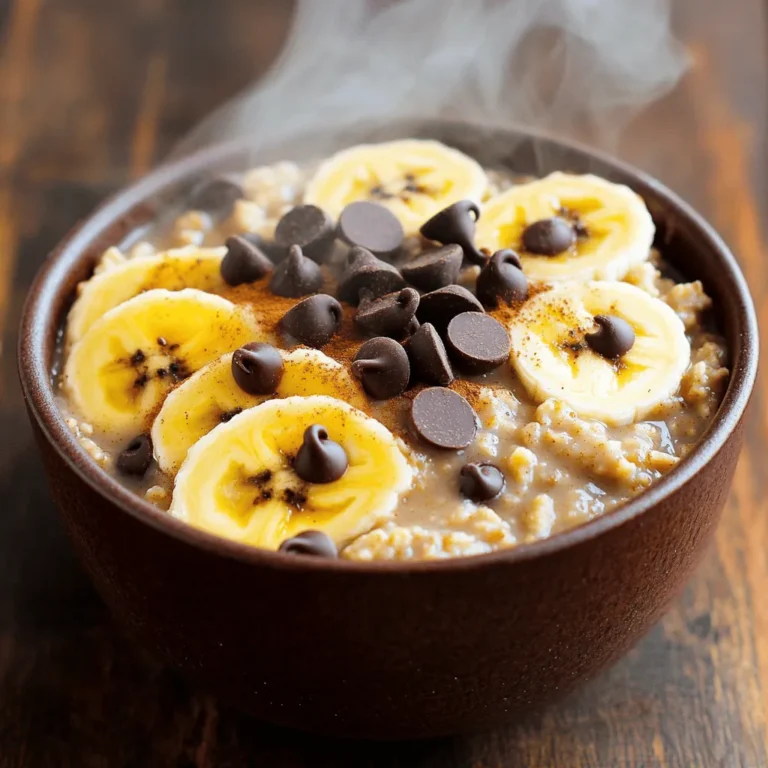 To make this tasty breakfast, you need a few key ingredients: - 1 cup rolled oats - 2 cups milk (dairy or plant-based) - 2 ripe bananas, mashed - 1/4 cup chocolate chips (dark or semi-sweet) - 1 tablespoon honey or maple syrup (optional) - 1/2 teaspoon vanilla extract - 1/2 teaspoon cinnamon (optional) - Pinch of salt - Sliced banana and extra chocolate chips for topping These ingredients blend together to create a warm and comforting bowl of oatmeal. The bananas add natural sweetness and creaminess. The chocolate chips bring joy to every bite. You can make your oatmeal even better by adding some fun extras. Here are some ideas: - Chopped nuts like walnuts or almonds for crunch - Dried fruits like raisins or cranberries for a chewy texture - Fresh berries for a burst of color and flavor - A splash of nut milk for a creamier finish Feel free to mix and match these options to suit your taste. Selecting the right ingredients makes a big difference in your oatmeal. Here are some tips: - Oats: Use rolled oats for the best texture. Quick oats cook too fast and may become mushy. - Bananas: Look for ripe bananas with brown spots. They are sweeter and easier to mash. - Chocolate Chips: Choose high-quality chocolate chips for a rich flavor. Dark chocolate has more antioxidants and less sugar. - Milk: If you prefer plant-based options, almond or oat milk works great. Using quality ingredients ensures a delicious and nutritious breakfast treat. You can find the Full Recipe for step-by-step instructions to make this delightful meal. To make Chocolate Chip Banana Oatmeal, start with simple steps. Gather your ingredients first. You will need rolled oats, milk, ripe bananas, and chocolate chips. Having all items ready makes cooking smooth. 1. In a medium saucepan, mix rolled oats, milk, and a pinch of salt. 2. Heat the mixture over medium heat until it gently boils. Stir often during this time. 3. Once it boils, lower the heat and let it simmer. Cook for about 5 minutes. Stir occasionally. The oats should become creamy and soft. 4. Take the saucepan off the heat. Stir in the mashed bananas and chocolate chips. If you want it sweeter, add honey or maple syrup. Don’t forget the vanilla and cinnamon! 5. Serve the oatmeal in bowls. Top with sliced banana and more chocolate chips for a fun look. Present your oatmeal warmly. You can use colorful bowls to make it pop. Add a few banana slices on top for freshness. Extra chocolate chips can bring a smile. Pair this treat with a cup of coffee or tea. Enjoy this delicious breakfast! For the complete recipe, check the [Full Recipe]. To get that creamy texture in your oatmeal, use rolled oats. These oats soak up the milk well. Start with a good amount of milk, about 2 cups for 1 cup of oats. Cook on medium heat, stirring often. Once it boils, lower the heat and let it simmer. This method helps the oats cook evenly. Adding mashed bananas adds sweetness and creaminess. Stir them in after cooking. The key is to adjust the heat and keep stirring. When it comes to sweetening your oatmeal, both honey and maple syrup work great. Honey gives a nice floral note. Maple syrup adds a touch of earthiness. If you want a simple swap, use either one in the same amount. Start with 1 tablespoon for a hint of sweetness. Taste the oatmeal after mixing in. You can always add more if you like it sweeter. Remember, the bananas also add natural sweetness. One common mistake is not stirring enough. Stirring helps prevent lumps and keeps the oats from sticking. Another mistake is using too little liquid. Always measure your milk carefully. If your oatmeal is too thick, add a splash of milk to loosen it up. Lastly, don’t skip the salt. Just a pinch enhances the overall flavor. Following these tips helps you make the best Chocolate Chip Banana Oatmeal. For the complete process, check the Full Recipe. {{image_2}} You can easily make this oatmeal vegan. Use plant-based milk like almond or oat milk. Skip any dairy in the recipe. The chocolate chips can also be vegan. Look for brands that don’t use milk. This way, you enjoy a creamy, tasty meal without animal products. If you need a nut-free option, choose safe ingredients. Omit any nuts if you add them. Use seeds like sunflower or pumpkin seeds instead. They add crunch and nutrition without nuts. Always check labels to ensure no nut traces in your ingredients. Fruits and nuts make this oatmeal fun. You can mix in berries, apples, or peaches. They add extra flavor and vitamins. If you like nuts, walnuts or pecans work well. Just chop them up and stir in before serving. You can also top your oatmeal with sliced fruit. This adds color and makes it look fancy. For the full recipe, check the detailed steps above to create your perfect bowl of Chocolate Chip Banana Oatmeal. To store leftover chocolate chip banana oatmeal, let it cool. Once cooled, place it in an airtight container. This helps keep the oatmeal fresh. You can store it in the fridge for up to three days. If you know you won't eat it soon, consider freezing it. When reheating, add a splash of milk. This keeps the oatmeal creamy. You can use the microwave or a stovetop. If using a microwave, heat it in 30-second bursts. Stir in between to ensure even heating. If you use the stovetop, heat it gently over low heat. Stir often to avoid sticking. If you freeze chocolate chip banana oatmeal, use a freezer-safe container. Label it with the date. It can last for up to three months in the freezer. To eat, thaw it in the fridge overnight. Reheat as mentioned earlier. Enjoy your oatmeal just like fresh! For the full recipe, check the section above. Yes, you can use quick oats. They cook faster and will make a softer oatmeal. Just reduce the cooking time to about 1-2 minutes. Keep in mind, the texture will be different but still tasty. To make this recipe gluten-free, use certified gluten-free rolled oats. Many brands offer gluten-free oats that taste great. Just check the label to be sure. If you don't have bananas, try unsweetened applesauce or mashed avocado. Both will add creaminess. You can also use ripe pears or even pumpkin puree for a unique twist. This oatmeal lasts about 3-5 days in the fridge. Store it in an airtight container. When ready to eat, just reheat it and add a splash of milk if needed. Yes, you can prepare it overnight! Combine the oats and milk in a bowl. Add the other ingredients, and let it sit in the fridge. In the morning, simply warm it up, and enjoy your quick breakfast. For the full recipe, check the previous section. Chocolate Chip Banana Oatmeal is one of my favorite treats. It combines sweet bananas and rich chocolate. This dish is simple to make and perfect for breakfast. Here’s how you can make it. Ingredients: - 1 cup rolled oats - 2 cups milk (dairy or plant-based) - 2 ripe bananas, mashed - 1/4 cup chocolate chips (dark or semi-sweet) - 1 tablespoon honey or maple syrup (optional, for extra sweetness) - 1/2 teaspoon vanilla extract - 1/2 teaspoon cinnamon (optional) - Pinch of salt - Sliced banana and extra chocolate chips for topping Instructions: 1. In a medium saucepan, combine rolled oats, milk, and a pinch of salt. 2. Place over medium heat. Bring to a gentle boil while stirring frequently. 3. Once boiling, reduce the heat to low. Let it simmer for about five minutes. Stir occasionally until the oats are creamy and cooked through. 4. Remove the saucepan from heat. Stir in the mashed bananas, chocolate chips, honey or maple syrup, vanilla extract, and cinnamon until well combined. 5. Divide the oatmeal into bowls. Top with sliced banana and additional chocolate chips for a delightful look. 6. Serve warm and enjoy this comforting treat! This recipe takes just five minutes to prep and ten minutes in total. You will have two servings of pure joy. Enjoy every bite! To wrap up, we covered all you need for Chocolate Chip Banana Oatmeal. I shared essential and optional ingredients to boost flavor. You learned step-by-step cooking tips for creamy oatmeal. We discussed common mistakes to avoid and fun variations to try. Lastly, I explained how to store and reheat leftovers. With these tips, you can whip up a tasty breakfast. Enjoy your oatmeal adventure and make it your own!