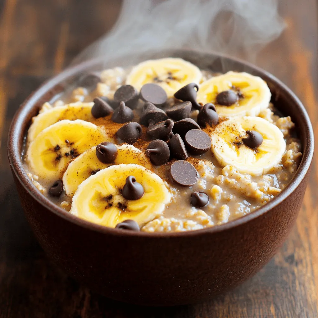 To make this tasty breakfast, you need a few key ingredients: - 1 cup rolled oats - 2 cups milk (dairy or plant-based) - 2 ripe bananas, mashed - 1/4 cup chocolate chips (dark or semi-sweet) - 1 tablespoon honey or maple syrup (optional) - 1/2 teaspoon vanilla extract - 1/2 teaspoon cinnamon (optional) - Pinch of salt - Sliced banana and extra chocolate chips for topping These ingredients blend together to create a warm and comforting bowl of oatmeal. The bananas add natural sweetness and creaminess. The chocolate chips bring joy to every bite. You can make your oatmeal even better by adding some fun extras. Here are some ideas: - Chopped nuts like walnuts or almonds for crunch - Dried fruits like raisins or cranberries for a chewy texture - Fresh berries for a burst of color and flavor - A splash of nut milk for a creamier finish Feel free to mix and match these options to suit your taste. Selecting the right ingredients makes a big difference in your oatmeal. Here are some tips: - Oats: Use rolled oats for the best texture. Quick oats cook too fast and may become mushy. - Bananas: Look for ripe bananas with brown spots. They are sweeter and easier to mash. - Chocolate Chips: Choose high-quality chocolate chips for a rich flavor. Dark chocolate has more antioxidants and less sugar. - Milk: If you prefer plant-based options, almond or oat milk works great. Using quality ingredients ensures a delicious and nutritious breakfast treat. You can find the Full Recipe for step-by-step instructions to make this delightful meal. To make Chocolate Chip Banana Oatmeal, start with simple steps. Gather your ingredients first. You will need rolled oats, milk, ripe bananas, and chocolate chips. Having all items ready makes cooking smooth. 1. In a medium saucepan, mix rolled oats, milk, and a pinch of salt. 2. Heat the mixture over medium heat until it gently boils. Stir often during this time. 3. Once it boils, lower the heat and let it simmer. Cook for about 5 minutes. Stir occasionally. The oats should become creamy and soft. 4. Take the saucepan off the heat. Stir in the mashed bananas and chocolate chips. If you want it sweeter, add honey or maple syrup. Don’t forget the vanilla and cinnamon! 5. Serve the oatmeal in bowls. Top with sliced banana and more chocolate chips for a fun look. Present your oatmeal warmly. You can use colorful bowls to make it pop. Add a few banana slices on top for freshness. Extra chocolate chips can bring a smile. Pair this treat with a cup of coffee or tea. Enjoy this delicious breakfast! For the complete recipe, check the [Full Recipe]. To get that creamy texture in your oatmeal, use rolled oats. These oats soak up the milk well. Start with a good amount of milk, about 2 cups for 1 cup of oats. Cook on medium heat, stirring often. Once it boils, lower the heat and let it simmer. This method helps the oats cook evenly. Adding mashed bananas adds sweetness and creaminess. Stir them in after cooking. The key is to adjust the heat and keep stirring. When it comes to sweetening your oatmeal, both honey and maple syrup work great. Honey gives a nice floral note. Maple syrup adds a touch of earthiness. If you want a simple swap, use either one in the same amount. Start with 1 tablespoon for a hint of sweetness. Taste the oatmeal after mixing in. You can always add more if you like it sweeter. Remember, the bananas also add natural sweetness. One common mistake is not stirring enough. Stirring helps prevent lumps and keeps the oats from sticking. Another mistake is using too little liquid. Always measure your milk carefully. If your oatmeal is too thick, add a splash of milk to loosen it up. Lastly, don’t skip the salt. Just a pinch enhances the overall flavor. Following these tips helps you make the best Chocolate Chip Banana Oatmeal. For the complete process, check the Full Recipe. {{image_2}} You can easily make this oatmeal vegan. Use plant-based milk like almond or oat milk. Skip any dairy in the recipe. The chocolate chips can also be vegan. Look for brands that don’t use milk. This way, you enjoy a creamy, tasty meal without animal products. If you need a nut-free option, choose safe ingredients. Omit any nuts if you add them. Use seeds like sunflower or pumpkin seeds instead. They add crunch and nutrition without nuts. Always check labels to ensure no nut traces in your ingredients. Fruits and nuts make this oatmeal fun. You can mix in berries, apples, or peaches. They add extra flavor and vitamins. If you like nuts, walnuts or pecans work well. Just chop them up and stir in before serving. You can also top your oatmeal with sliced fruit. This adds color and makes it look fancy. For the full recipe, check the detailed steps above to create your perfect bowl of Chocolate Chip Banana Oatmeal. To store leftover chocolate chip banana oatmeal, let it cool. Once cooled, place it in an airtight container. This helps keep the oatmeal fresh. You can store it in the fridge for up to three days. If you know you won't eat it soon, consider freezing it. When reheating, add a splash of milk. This keeps the oatmeal creamy. You can use the microwave or a stovetop. If using a microwave, heat it in 30-second bursts. Stir in between to ensure even heating. If you use the stovetop, heat it gently over low heat. Stir often to avoid sticking. If you freeze chocolate chip banana oatmeal, use a freezer-safe container. Label it with the date. It can last for up to three months in the freezer. To eat, thaw it in the fridge overnight. Reheat as mentioned earlier. Enjoy your oatmeal just like fresh! For the full recipe, check the section above. Yes, you can use quick oats. They cook faster and will make a softer oatmeal. Just reduce the cooking time to about 1-2 minutes. Keep in mind, the texture will be different but still tasty. To make this recipe gluten-free, use certified gluten-free rolled oats. Many brands offer gluten-free oats that taste great. Just check the label to be sure. If you don't have bananas, try unsweetened applesauce or mashed avocado. Both will add creaminess. You can also use ripe pears or even pumpkin puree for a unique twist. This oatmeal lasts about 3-5 days in the fridge. Store it in an airtight container. When ready to eat, just reheat it and add a splash of milk if needed. Yes, you can prepare it overnight! Combine the oats and milk in a bowl. Add the other ingredients, and let it sit in the fridge. In the morning, simply warm it up, and enjoy your quick breakfast. For the full recipe, check the previous section. Chocolate Chip Banana Oatmeal is one of my favorite treats. It combines sweet bananas and rich chocolate. This dish is simple to make and perfect for breakfast. Here’s how you can make it. Ingredients: - 1 cup rolled oats - 2 cups milk (dairy or plant-based) - 2 ripe bananas, mashed - 1/4 cup chocolate chips (dark or semi-sweet) - 1 tablespoon honey or maple syrup (optional, for extra sweetness) - 1/2 teaspoon vanilla extract - 1/2 teaspoon cinnamon (optional) - Pinch of salt - Sliced banana and extra chocolate chips for topping Instructions: 1. In a medium saucepan, combine rolled oats, milk, and a pinch of salt. 2. Place over medium heat. Bring to a gentle boil while stirring frequently. 3. Once boiling, reduce the heat to low. Let it simmer for about five minutes. Stir occasionally until the oats are creamy and cooked through. 4. Remove the saucepan from heat. Stir in the mashed bananas, chocolate chips, honey or maple syrup, vanilla extract, and cinnamon until well combined. 5. Divide the oatmeal into bowls. Top with sliced banana and additional chocolate chips for a delightful look. 6. Serve warm and enjoy this comforting treat! This recipe takes just five minutes to prep and ten minutes in total. You will have two servings of pure joy. Enjoy every bite! To wrap up, we covered all you need for Chocolate Chip Banana Oatmeal. I shared essential and optional ingredients to boost flavor. You learned step-by-step cooking tips for creamy oatmeal. We discussed common mistakes to avoid and fun variations to try. Lastly, I explained how to store and reheat leftovers. With these tips, you can whip up a tasty breakfast. Enjoy your oatmeal adventure and make it your own!