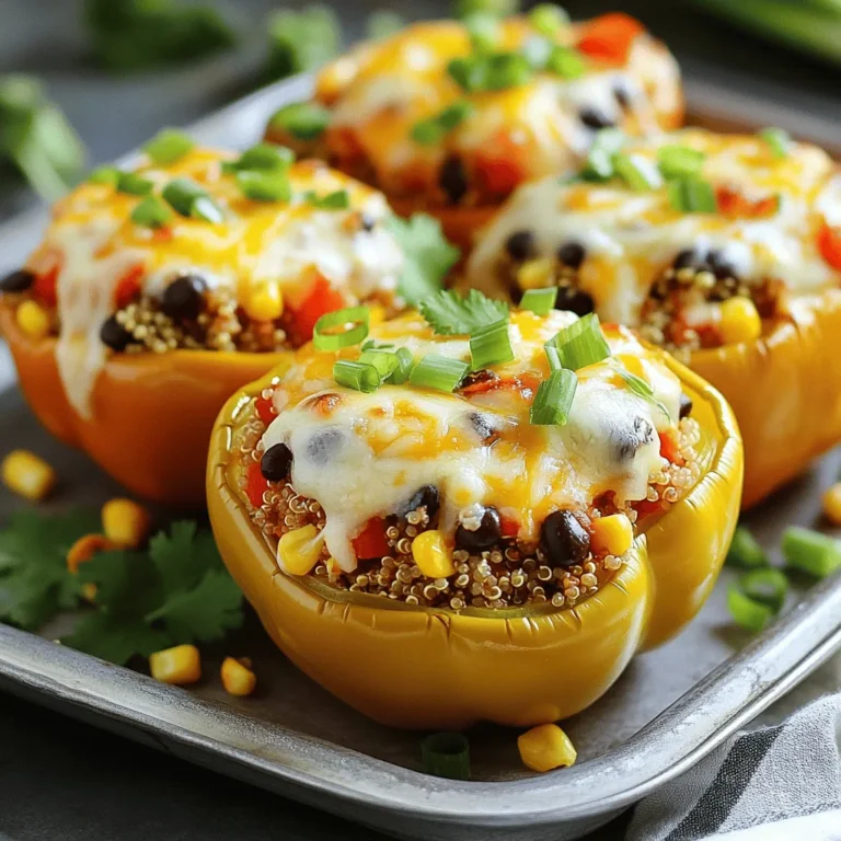 - 4 large bell peppers (any color) - 1 cup cooked quinoa (or rice) - 1 cup black beans, drained and rinsed - 1 cup corn (frozen or fresh) - 1 cup diced tomatoes (canned or fresh) - 1 teaspoon cumin - 1 teaspoon chili powder - Salt and pepper to taste - 1 cup shredded cheese (cheddar or Monterey Jack) - ½ cup chopped green onions - Fresh cilantro for garnish (optional) To make cheesy stuffed bell peppers, you need fresh ingredients. Choose bright bell peppers for color and taste. I like to mix quinoa with black beans for protein. Corn adds sweetness, while tomatoes bring moisture. For spices, cumin offers warmth, and chili powder gives a kick. Adjust salt and pepper to your liking. The toppings are just as important! Shredded cheese melts perfectly on top. Green onions add crunch, and cilantro adds freshness. You can find the full recipe details above to guide you through making this simple meal. You’ll enjoy each bite! - Preheat the oven to 375°F (190°C). - Slice the tops off each bell pepper and remove seeds and membranes. - Brush outsides with olive oil and place in a baking dish. First, I warm up my oven. It gets the cooking process started right. I slice the tops off the bell peppers. I make sure to remove all the seeds and membranes. This keeps the filling from getting too messy. Next, I brush the outsides with olive oil. This step helps the peppers roast nicely. I then place them cut side up in a baking dish. - Combine quinoa, black beans, corn, diced tomatoes, spices, and half of the cheese. - Season with salt and pepper to taste. For the filling, I mix cooked quinoa with black beans, corn, and diced tomatoes. I add spices like cumin and chili powder. This gives the mix great flavor. I also stir in half of the cheese for creaminess. I season it all with salt and pepper. A quick taste helps me find the right balance. - Stuff the bell peppers with the quinoa mixture. - Top with remaining cheese and cover with foil. - Bake for 20 minutes, then uncover and bake until cheese is bubbly. Now comes the fun part! I stuff each bell pepper with the filling. I press it down gently to fit it all inside. Then, I sprinkle the remaining cheese on top. The cheese makes everything melty and delicious. I cover the dish with foil to keep the heat in. I bake them for 20 minutes. After that, I remove the foil and bake until the cheese is bubbly and golden. The aroma fills my kitchen, making it hard to wait! For the full recipe, you can check out the details to get started on your own cheesy stuffed bell peppers. - Use fresh ingredients for the best flavor. Fresh peppers make a big difference. - Adjust baking time for preferred pepper tenderness. If you like them soft, bake a bit longer. - Experiment with different cheese combinations. Cheddar, Monterey Jack, and pepper jack all work well. - Consider adding a spicy cheese for extra flavor. It can really elevate the dish. - Garnish with green onions and cilantro. This adds color and freshness. - Pair with a side salad for a complete meal. A crisp salad complements the peppers nicely. You can find the full recipe to get started on these cheesy stuffed bell peppers! {{image_2}} You can change the protein in your stuffed peppers. Use ground turkey or beef instead of black beans. This switch gives a hearty flavor. Ground turkey is leaner, while beef adds richness. You can also try different legumes. Chickpeas or lentils work well for a tasty vegetarian option. They add protein and fiber, making the dish filling. If you want a vegetarian twist, there are great swaps. Substitute quinoa with couscous or barley. These grains offer different textures and flavors. You can also add diced veggies like zucchini or mushrooms. These choices will boost nutrients and taste. They make your peppers colorful and healthy. To take the flavor up a notch, add salsa or hot sauce to the filling. This gives a spicy kick that many enjoy. If you like creaminess, add avocado or guacamole as a topping. This adds richness and balances the dish. Don't be afraid to mix and match until you find your favorite combination. For more ideas, check out the Full Recipe. After you enjoy your cheesy stuffed bell peppers, store any leftovers in an airtight container. This helps keep them fresh. They taste best when eaten within three days. If you wait longer, they may lose their flavor and texture. You can freeze stuffed peppers before baking them. This makes for a great meal prep option. Just place the unbaked peppers in a freezer-safe container. When you're ready to cook, thaw them in the refrigerator overnight. This way, they are ready for baking. For the best texture, reheat your stuffed peppers in the oven. Set the oven to 350°F (175°C) and warm them for about 20 minutes. If you're short on time, you can use the microwave. Place the peppers in a microwave-safe dish, cover, and heat for about 2-3 minutes. Just be careful not to overcook them. Yes, but they may have a softer texture after baking. Frozen peppers can work in a pinch. Just know they tend to lose some of their crunch. Rice, couscous, or any grain works well. You can pick what you like best. Each option brings its own taste and texture. Add jalapeños or use a spicy cheese in the filling. Adjust the amount to fit your heat level. This way, you can enjoy a kick that suits you. Increase the total baking time by approximately 15-20 minutes. This extra time allows the peppers to cook through. Keep an eye on the cheese to make sure it melts perfectly. Stuffed bell peppers are a healthy, tasty meal packed with nutrients. You start by filling colorful peppers with a mix of quinoa, black beans, corn, and spices, then bake until bubbly. Feel free to adapt the recipe with different proteins, grains, or spices. Remember to store leftovers properly to enjoy them later. Try these tips and tricks to find your favorite way to stuff peppers. This meal is simple yet satisfying, making it perfect for any occasion. Cook with joy, and share your tasty results!