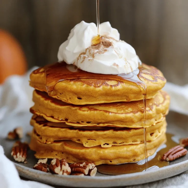 To make these tasty pumpkin spice pancakes, you need some key ingredients. Here is what you will need: - 1 cup all-purpose flour - 2 tablespoons brown sugar - 1 teaspoon baking powder - 1/2 teaspoon baking soda - 1/2 teaspoon salt - 1 teaspoon ground cinnamon - 1/2 teaspoon ground nutmeg - 1/4 teaspoon ground ginger - 1/4 teaspoon ground cloves - 1 cup pumpkin puree (canned or fresh) - 1 large egg - 1 cup milk (dairy or non-dairy) - 2 tablespoons melted butter (or coconut oil) - 1 teaspoon vanilla extract These ingredients work together to create soft, warm pancakes. They have a rich flavor thanks to the pumpkin and spices. You can dress up your pancakes with fun toppings. Here are some ideas: - Maple syrup - Whipped cream - Cinnamon sugar - Chopped nuts, like pecans or walnuts - Fresh fruit, like bananas or berries These toppings add extra sweetness and texture. You can mix and match them based on your taste. If you need to swap some items, here are some great substitutions: - Use whole wheat flour for a healthier option. - Replace brown sugar with coconut sugar for a different flavor. - Almond milk or oat milk can work instead of regular milk. - Applesauce can replace butter for a lower-fat option. These substitutions keep the recipe easy and tasty, ensuring you can enjoy pumpkin spice pancakes any time. For the full recipe, check the detailed instructions above. 1. Start by gathering your ingredients. You will need: - 1 cup all-purpose flour - 2 tablespoons brown sugar - 1 teaspoon baking powder - 1/2 teaspoon baking soda - 1/2 teaspoon salt - 1 teaspoon ground cinnamon - 1/2 teaspoon ground nutmeg - 1/4 teaspoon ground ginger - 1/4 teaspoon ground cloves - 1 cup pumpkin puree - 1 large egg - 1 cup milk - 2 tablespoons melted butter - 1 teaspoon vanilla extract 2. In a medium bowl, whisk together the dry ingredients. Mix the flour, brown sugar, baking powder, baking soda, salt, and spices until they are well combined. 3. In a larger bowl, mix the wet ingredients. Add the pumpkin puree, egg, milk, melted butter, and vanilla extract. Stir until you have a smooth blend. 4. Gradually add the dry mix to the wet mix. Stir gently until just combined. A few lumps are okay; don’t overmix! - Preheat your skillet over medium heat. A non-stick skillet works best. - Lightly grease the skillet with butter or cooking spray to prevent sticking. - Use about 1/4 cup of batter for each pancake. Pour it onto the skillet. - Watch for bubbles on the surface. This usually takes 2-3 minutes. - Flip the pancake carefully. Cook for another 1-2 minutes until golden brown. 1. Mixing Ingredients: Show your mixing bowls, with dry ingredients on one side and wet on the other. 2. Batter Consistency: Display the batter’s texture. It should be thick but pourable. 3. Cooking: Capture the moment when bubbles form. This indicates it’s time to flip! 4. Final Presentation: Stack your pancakes high, drizzle with syrup, and top with whipped cream. Garnish with a sprinkle of cinnamon for that extra touch. For the full recipe, refer to the earlier section. Enjoy making your savory pumpkin spice pancakes! To boost flavor in your pumpkin spice pancakes, use fresh spices. Freshly ground spices give a stronger taste. You can also add a pinch of salt to enhance sweetness. Using high-quality pumpkin puree makes a big difference, too. If you want more depth, mix in some vanilla extract. It adds warmth and richness. Lastly, serve your pancakes with pure maple syrup for a tasty touch. Sometimes pancakes can turn out dense. This happens when you overmix the batter. Stir gently until ingredients just blend. If your pancakes are too flat, check your baking powder. It should be fresh. Also, make sure your skillet is hot enough. If pancakes stick, try using more butter or cooking spray. If they burn, lower the heat and cook longer. Store leftover pancakes in an airtight container. They stay fresh in the fridge for up to three days. For longer storage, freeze them. Place parchment paper between pancakes to prevent sticking. Warm them up in the toaster or microwave. Enjoy your pancakes again without losing flavor or texture. For the full recipe, check out the complete guide. {{image_2}} You can change the flavor of your pumpkin spice pancakes easily. Here are some fun ideas: - Chocolate Chip: Add a handful of chocolate chips to the batter for a sweet touch. - Apple Cinnamon: Mix in small apple pieces and a bit more cinnamon. - Maple Pecan: Stir in chopped pecans and use maple extract instead of vanilla. Each of these variations adds a unique taste to the pancakes while keeping the pumpkin flavor intact. You can still enjoy pumpkin spice pancakes if you need gluten-free or vegan recipes. Here’s how: - Gluten-Free: Use gluten-free flour instead of all-purpose flour. Almond or oat flour works great. - Vegan: Replace the egg with a flax egg (1 tablespoon ground flaxseed mixed with 2.5 tablespoons water) and use non-dairy milk. These simple swaps keep the pancakes delicious and inclusive for everyone. You can make your pancakes even more fun with add-ins. Here are some ideas: - Nuts and Seeds: Chopped walnuts, almonds, or sunflower seeds add crunch. - Dried Fruits: Raisins or cranberries bring sweetness and chewiness. - Spices: Try adding a pinch of cardamom or allspice for extra warmth. These creative touches will make your pumpkin spice pancakes unique and enjoyable. For a complete recipe, check out the Full Recipe mentioned earlier. If you have leftover pancake batter, store it in a clean, airtight container. Make sure to cover it well to keep out air. You can keep it in the fridge for up to two days. When you're ready to cook, stir the batter gently to mix it again. For pancakes you don't eat right away, let them cool completely first. Then, stack them with parchment paper in between to prevent sticking. Place them in a freezer bag or airtight container. You can freeze pancakes for up to three months. This way, you can enjoy a tasty breakfast anytime! To reheat pancakes, use a microwave or a skillet. If using a microwave, place a few pancakes on a plate and cover them with a damp paper towel. Heat them for about 20-30 seconds. If you prefer the skillet, cook them on low heat for 1-2 minutes on each side. This keeps them soft and warm. Enjoy your pancakes with your favorite toppings from the Full Recipe! Pumpkin spice pancakes are fluffy, warm treats made with pumpkin puree and spices. They have flavors of cinnamon, nutmeg, and cloves. These pancakes bring the taste of fall to your breakfast. You can serve them with maple syrup, whipped cream, or even nuts. They are fun to make and eat! Yes, you can make pumpkin spice pancakes ahead of time. Simply cook the pancakes and let them cool. Then, stack them between layers of parchment paper. Place the stack in a zip-top bag or airtight container. You can store them in the fridge for about three days. For longer storage, freeze them for up to two months. Reheat in the toaster or microwave before serving. To ensure fluffy pancakes, I recommend a few tips. First, do not overmix the batter. Stir until just combined; lumps are okay. Second, make sure your baking powder is fresh. Old baking powder can lead to flat pancakes. Lastly, use a hot skillet. When the batter hits the pan, it should sizzle. Follow these tips for light, airy pancakes every time! In this blog post, we explored how to make delicious pumpkin spice pancakes. We covered the key ingredients and possible toppings. I shared my cooking process and tips for perfect pancakes. You learned about variations, storage advice, and answers to common questions. Enjoy experimenting with flavors and techniques. These pancakes can be your new fall favorite. When you master these recipes, every bite will taste delightful. Happy cooking!