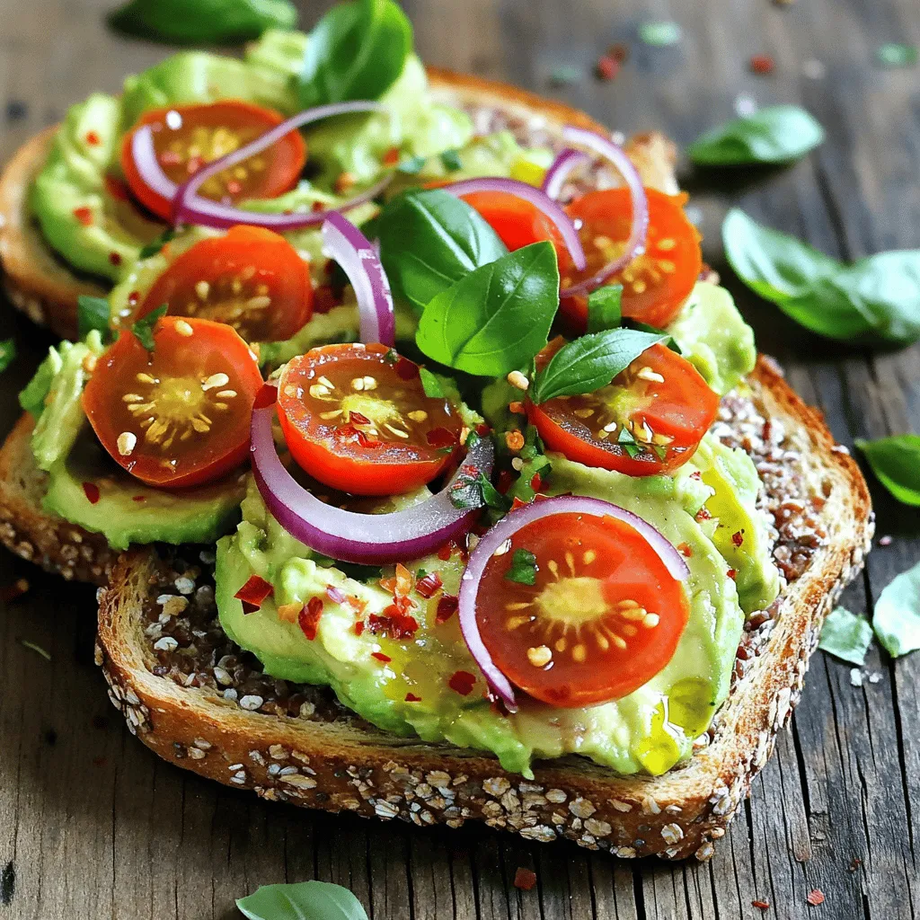 To make a tasty avocado toast, you need a few key ingredients. Here’s what you will need: - 2 ripe avocados - 4 slices of multigrain or sourdough bread - 1 cup cherry tomatoes, halved - 1 small red onion, thinly sliced - 1 tablespoon olive oil - 1 tablespoon lemon juice - 1 teaspoon chili flakes - Salt and pepper to taste - Fresh herbs for garnish (like basil or cilantro) These ingredients create a fresh and creamy base for your toast. You can add fun toppings to switch up your avocado toast. Here are some ideas: - Feta cheese for a salty kick - Radish slices for crunch - Poached eggs for protein - Smoked salmon for a rich flavor Feel free to mix and match these toppings. They can add color and taste to your dish. Avocado toast is not just delicious; it’s also good for you. Here are some health benefits: - Avocados are rich in healthy fats. They help your heart and keep you full. - Tomatoes provide vitamins. They support your immune system. - Onions can boost your health. They have antioxidants and may reduce inflammation. - Olive oil is full of healthy fats. It can help lower bad cholesterol. These ingredients work together to create a tasty and nutritious meal. For the full cooking process, check out the Full Recipe. To start, pick your favorite bread. I love using multigrain or sourdough. Slice four pieces about half an inch thick. Toast them until they are golden brown and crispy. This step gives your avocado toast a great crunch. You can use a toaster, an oven, or a pan. If you want more flavor, brush the bread with olive oil before toasting. While the bread toasts, grab two ripe avocados. Cut them in half and remove the pit. Use a spoon to scoop the green flesh into a bowl. Now, mash the avocado with a fork until it’s creamy. I like to mix in one tablespoon of lemon juice, salt, and pepper. This adds flavor and keeps the avocado from browning. Once the bread is ready, spread the mashed avocado evenly on each slice. Next, take one cup of halved cherry tomatoes and one small red onion, thinly sliced. Mix them in a small bowl with one tablespoon of olive oil and one teaspoon of chili flakes. Season with salt and let it sit for a few minutes. Then, spoon this mixture over the avocado. For extra flavor, add optional toppings like feta cheese, radish slices, poached eggs, or smoked salmon. Finally, finish with fresh herbs to make it pop. For the full step-by-step recipe, check out the Full Recipe section. To get smooth avocado, pick ripe ones. They should feel soft but not mushy. Cut the avocado in half and remove the pit. Use a fork to mash the flesh in a bowl. Mix it gently to keep some texture. A little lemon juice helps keep it fresh and adds flavor. Avocado toast is great on its own, but you can make it a full meal. Serve it with a side salad for crunch. A bowl of soup also works well, especially in cold weather. You can add protein, like a poached egg or smoked salmon, for more filling options. Pairing it with fresh fruit adds sweetness and color. Avocados turn brown quickly. To slow this down, use lemon juice or lime juice. The acid in these juices helps keep the green color. Store any unused avocado in an airtight container. Cover it tightly with plastic wrap, pressing it against the surface to limit air contact. If you do see browning, just scrape it off before serving. For more ideas, check out the Full Recipe for Avocado Toast Delight! {{image_2}} If you love sweet treats, try this twist on avocado toast! You can add honey and fruit for a delightful flavor. Start with your toasted bread and spread the creamy avocado on top. Then, drizzle honey over the avocado. Next, add slices of banana, strawberries, or blueberries. These fruits give a fresh taste. You can also sprinkle some cinnamon for extra warmth. This sweet version is perfect for breakfast or a snack! For a heartier option, eggs and cheese are fantastic! Begin by toasting your bread. While it toasts, cook an egg the way you like it. A poached egg works great, but a fried or scrambled egg is fine too. Spread the avocado on the toast, then place the egg on top. Add a slice of cheese, like cheddar or feta. If you want some kick, sprinkle chili flakes or add hot sauce. This savory toast keeps you full and satisfied. You can enjoy avocado toast even if you're vegan or gluten-free! Use gluten-free bread as your base. For toppings, stick with fresh veggies like radishes, cucumbers, or sprouts. You can also add hummus or a spread made from beans. These add protein and flavor. If you want sweet, use nut butter instead of honey. You can top it with sliced bananas or apples. These options make healthy, tasty meals that fit your diet. For all these variations, the Full Recipe includes the basics to get you started. Enjoy creating your own delicious avocado toast! If you have leftover avocado toast, wrap it in plastic wrap. This helps keep it fresh. Store it in the fridge for up to one day. The bread may soften, but it will still taste good. If you can, eat it right away for the best taste. To keep avocados fresh, store them at room temperature if they are not ripe. Once ripe, put them in the fridge. If you cut an avocado, sprinkle lemon juice on the flesh. This slows down browning. Cover it tightly with plastic wrap or store it in an airtight container. For reheating, use a toaster or an oven. Toasting it again makes it crispy. If you use the oven, set it to 350°F (175°C) and heat for about 5-10 minutes. Avoid microwaving, as it can make the toast soggy. Enjoy your avocado toast warm and fresh! To make avocado toast, you start by toasting your bread. I like multigrain or sourdough. While it toasts, cut your ripe avocados in half, remove the pit, and scoop the flesh into a bowl. Mash the avocado with a fork until it’s creamy. Add lemon juice, salt, and pepper to taste. Once the bread is crispy, spread the mashed avocado on top. You can find the full recipe above for step-by-step details. You can get really fun with toppings! Here are some ideas: - Feta cheese adds a salty twist. - Radish slices give a nice crunch. - A poached egg adds protein and richness. - Smoked salmon brings a savory depth. - Fresh herbs like basil or cilantro brighten the dish. - For a sweet touch, try honey and fruit like strawberries or bananas. These toppings can change the flavor and make each toast unique! Avocado toast is best fresh but you can prep some parts ahead. Toast your bread and store it in a sealed bag. Cut and mash the avocados right before serving to avoid browning. You can also mix toppings and store them separately. This way, your avocado toast stays fresh and tasty! Avocado toast is simple yet tasty. We covered essential ingredients and fun toppings. You learned how to make it, store it, and keep it fresh. Enjoy your variations like sweet honey or savory eggs. Healthy and delicious, avocado toast fits any diet. Use these tips to impress friends and family. Now, you can create the perfect avocado toast at home. Dive in and savor the flavors of this easy dish!