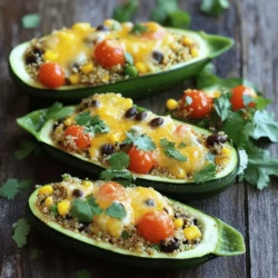 - 4 medium zucchini - 1 cup cooked quinoa - 1 cup cherry tomatoes, halved - 1 cup cooked black beans, drained and rinsed - 1/2 cup corn kernels - 1 teaspoon cumin - 1 teaspoon smoked paprika - 1/2 teaspoon garlic powder - 1/2 teaspoon onion powder - Salt and pepper to taste - 1 cup shredded cheese - Fresh cilantro or parsley for garnish To make Savory Stuffed Zucchini Boats, you need simple and fresh ingredients. Start with medium zucchini. They are the perfect size for stuffing. You will also need cooked quinoa, which adds protein and texture. Cherry tomatoes bring a burst of flavor, while black beans add heartiness. Corn kernels add sweetness and crunch. Spices like cumin and smoked paprika give depth to the filling. Garlic powder and onion powder add rich flavor without being overpowering. Don’t forget salt and pepper to taste; these will enhance all the flavors. For a creamy finish, use shredded cheese. Finally, fresh herbs like cilantro or parsley make a lovely garnish. Gather all these ingredients before you start. This makes the process easy and fun. You can find the full recipe to guide you through each step. Enjoy cooking! 1. Preheat the oven to 375°F (190°C). This step ensures your dish cooks evenly. 2. Slice each zucchini in half lengthwise. Use a spoon to scoop out the seeds. Be careful not to puncture the skin. This creates little boats for your filling. 1. In a large mixing bowl, combine the cooked quinoa, cherry tomatoes, black beans, corn, cumin, smoked paprika, garlic powder, onion powder, salt, and pepper. Mix until well combined. This mixture will be packed with flavor. 2. Carefully fill each zucchini half with the quinoa mixture. Press down gently to ensure they are full. 1. Place the stuffed zucchini boats on a baking sheet lined with parchment paper. This makes for easy cleanup. 2. Sprinkle the shredded cheese evenly over the top of each stuffed zucchini. Cheese adds a delicious, melty topping. 3. Bake in the preheated oven for 25-30 minutes. You want the zucchini to be tender and the cheese to be golden and bubbly. 4. Remove from the oven and let cool for a few minutes. Garnish with fresh cilantro or parsley before serving. This adds a nice touch of color and flavor. For the full recipe, check out the detailed instructions above. Enjoy your tasty, healthy meal! To make great stuffed zucchini, avoid overcooking the zucchini. Cook them until they are tender but still firm. This way, they hold their shape and do not become mushy. Keep an eye on them while baking. You want a slight crunch for the best texture. For a golden cheese topping, use shredded cheese with a good melt, like cheddar or mozzarella. Spread it evenly over the zucchini before baking. This helps it melt and bubble nicely. If you like a crispy finish, broil the zucchini for a minute or two at the end. Just watch it closely to prevent burning. You can switch up the grains or proteins in this recipe. For instance, use farro or brown rice instead of quinoa. If you need a protein boost, try ground turkey or lentils. They work great in stuffing. For cheese alternatives, use vegan cheese or nutritional yeast. These options fit well for those who want dairy-free meals. You can enjoy the same taste without dairy. To add more flavor, toss in your favorite spices or herbs. A pinch of chili powder or dried oregano can bring a new twist. You can also mix in fresh herbs like basil or cilantro for extra freshness. Incorporating different vegetables adds variety and color to your dish. Try bell peppers, spinach, or mushrooms. These can enhance the taste and make your meal more exciting. Experimenting will keep your stuffed zucchini interesting every time you make them. For the Full Recipe, check the main article section above. {{image_2}} For a Mediterranean flavor, add these ingredients: - 1 cup cooked couscous - 1/2 cup feta cheese, crumbled - 1/2 cup olives, chopped - 1 teaspoon oregano - 1 teaspoon lemon zest These ingredients bring a bright taste to your zucchini boats. The feta adds creaminess, while olives give a salty kick. Oregano and lemon zest enhance the freshness. Mix these into your stuffing for a taste of the Mediterranean. To create a Mexican version, include: - 1 jalapeño, diced - 1 teaspoon chili powder - 1/2 cup corn salsa - 1/2 cup shredded pepper jack cheese Jalapeños add heat, making this dish exciting. Chili powder boosts the flavor, while corn salsa brings sweetness. Pepper jack cheese melts beautifully and adds a spicy kick. This version is perfect for taco lovers. Making these boats vegan is simple. Use: - 1 cup cooked lentils instead of black beans - 1/2 cup nutritional yeast instead of cheese - 1 tablespoon olive oil instead of butter Lentils pack a protein punch, keeping the dish hearty. Nutritional yeast gives a cheesy flavor without dairy. Olive oil adds richness while being plant-based. These changes keep the meal delicious and healthy. You can find the full recipe to try these variations! To keep your savory stuffed zucchini boats fresh, place them in an airtight container. Make sure to cool them down first. These zucchini boats last up to four days in the fridge. If you want to keep them longer, freezing is a great option. Just remember, the sooner you store them, the better they will taste later. Reheating stuffed zucchini is easy. The best method is to use an oven. Preheat the oven to 350°F (175°C). Place the zucchini boats on a baking sheet. Heat them for about 15-20 minutes until warm. You can also use a microwave. Heat them for about 1-2 minutes, but the texture may not be as nice. Freezing your stuffed zucchini boats can be simple. First, let them cool down completely. Then, wrap each boat in plastic wrap or foil. Place them in a freezer-safe bag or container. They can stay in the freezer for up to three months. When you are ready to eat, thaw them overnight in the fridge. Reheat them as mentioned above for best results. This way, you can enjoy a healthy meal anytime! You can find the full recipe above to get started. Yes, you can use many other vegetables. Some great options include: - Bell peppers - Eggplant - Mushrooms - Acorn squash These veggies hold up well and are easy to stuff. Each one brings its own unique taste and texture. For instance, bell peppers add a sweet crunch, while mushrooms offer a rich, earthy flavor. You can mix and match these vegetables to create your perfect stuffed dish. To make this dish gluten-free, choose the right ingredients. Here are some options: - Use gluten-free quinoa or rice - Opt for gluten-free cheese or omit cheese - Ensure all canned ingredients are labeled gluten-free These swaps keep the dish safe for anyone with gluten allergies. Quinoa is a great base as it is naturally gluten-free. You can still enjoy the same great flavors without worry. Side dishes can enhance your meal. Here are some tasty pairings: - Mixed green salad - Garlic bread - Steamed broccoli - Roasted sweet potatoes These sides balance the flavors of the stuffed zucchini. A fresh salad adds crunch, while garlic bread offers a cozy touch. Choose sides that match your taste and make your meal even more enjoyable. For the complete recipe, check out the [Full Recipe]. Savory stuffed zucchini boats are a fun and healthy dish to make. We explored the ingredients, preparation, and cooking steps to ensure success. Tips for customizing flavors and dietary needs enhance the recipe. You can easily store leftovers or freeze them for later. Enjoy trying different twists, like Mediterranean or Mexican styles, and feel free to switch the ingredients to suit your taste. This dish is simple, delicious, and great for any meal. So grab your zucchini and start cooking!