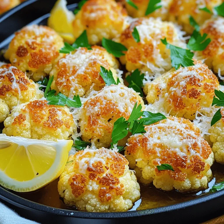 To make Garlic Parmesan Roasted Cauliflower, you will need the following ingredients: - 1 medium head of cauliflower, cut into florets - 4 tablespoons olive oil - 4 cloves garlic, minced - 1 cup grated Parmesan cheese - 1 teaspoon smoked paprika - 1 teaspoon salt - 1/2 teaspoon black pepper - 1 tablespoon fresh parsley, chopped (for garnish) - Lemon wedges (for serving) These ingredients blend to create a rich and savory flavor. The garlic and Parmesan make a great pair, while smoked paprika adds warmth. You can also add extra spices for more flavor. Consider using chili flakes for heat or herbs like thyme for freshness. Some people enjoy different cheeses. Try using cheddar or feta for a twist. Each cheese brings a unique taste, making this dish your own. For the full experience, check the Full Recipe for detailed steps and tips. 1. Preheat your oven to 425°F (220°C). This helps the cauliflower roast evenly. 2. Cut a medium head of cauliflower into bite-sized florets. Make sure they are similar in size for even cooking. 3. In a large bowl, combine the florets with 4 tablespoons of olive oil, 4 cloves of minced garlic, 1 teaspoon of smoked paprika, 1 teaspoon of salt, and 1/2 teaspoon of black pepper. Toss everything well. Ensure each floret is coated with the mix. 1. Spread the coated florets on a baking sheet lined with parchment paper. Give them some space so they can roast well. 2. Roast in the preheated oven for 25-30 minutes. Flip the florets halfway through to help them cook evenly. They will turn golden brown and tender when ready. 3. After 25-30 minutes, take the baking sheet out and sprinkle 1 cup of grated Parmesan cheese over the hot cauliflower. This adds a rich, cheesy flavor. Return it to the oven for another 5 minutes until the cheese melts and bubbles. 1. Once cooked, take the cauliflower out of the oven and let it cool for a couple of minutes. This helps the flavors settle. 2. Garnish with 1 tablespoon of fresh parsley, chopped. Serve with lemon wedges on the side for a zesty kick. You can find the Full Recipe for more details. To ensure the cauliflower is evenly coated, start with a large mixing bowl. Add the cauliflower florets first. Then, pour in the olive oil and garlic. Mix well using your hands or a spoon. This helps every piece get the flavor. For optimal roasting, spread the cauliflower in a single layer on the baking sheet. Avoid crowding, as this can lead to steaming instead of roasting. Flip the florets halfway through cooking to achieve a golden-brown color on all sides. You can use different herbs or spices to add new flavors. Try adding dried oregano or thyme for an earthy twist. If you want a kick, sprinkle some red pepper flakes on top. Introducing additional toppings can elevate your dish. Consider adding toasted breadcrumbs for crunch. You can also mix in cooked bacon bits for a savory touch. Garlic Parmesan roasted cauliflower pairs well with many main dishes. It complements roasted chicken or grilled fish nicely. The rich flavors balance lighter proteins well. For the best side dishes, serve it alongside a fresh salad or creamy mashed potatoes. This adds variety to your meal while keeping it delicious. For the full recipe, don’t forget to check the complete guide! {{image_2}} You can easily make Garlic Parmesan Roasted Cauliflower vegan. Replace Parmesan cheese with nutritional yeast. This gives a cheesy flavor without dairy. Use olive oil as your base. For gluten-free options, check your Parmesan. Most are gluten-free, but always verify. This dish is naturally gluten-free, so you can enjoy it without worry. Want to add some heat? Sprinkle chili flakes on the cauliflower before roasting. This adds a nice kick that many love. You can also try other cheeses. Cheddar or mozzarella can change the flavor profile. Experiment with your favorites to find the best mix. Using seasonal veggies can boost nutrition. Try adding Brussels sprouts or carrots for extra color and taste. Seasonal produce is often fresher and tastier. For a festive twist, add a sprinkle of pomegranate seeds after roasting. The sweet-tart flavor pairs well with the savory profile of the dish. For the full recipe, check out the details above! To keep your Garlic Parmesan Roasted Cauliflower fresh, store it in the fridge. Place it in an airtight container. This helps lock in flavor and moisture. Leftovers will stay good for about 3 to 5 days. If you notice any signs of spoilage, toss it out. When reheating, the oven is your best friend. Preheat it to 350°F (175°C). Spread the cauliflower on a baking sheet. Heat for about 10 minutes. This keeps it crispy. Avoid using the microwave, as it can turn the cauliflower soggy. If you want to freeze leftovers, start by cooling them completely. Then, place them in a freezer-safe bag. Remove as much air as possible to prevent freezer burn. For best quality, eat them within 2 to 3 months. To thaw, place the bag in the fridge overnight. Reheat in the oven for the best texture. You can find the full recipe for Garlic Parmesan Roasted Cauliflower to make it again! How do I know when the cauliflower is done cooking? You will know the cauliflower is done when it turns golden brown and is fork-tender. The edges should be crispy, giving a nice crunch. You can also use a fork to test if it’s soft inside. If it pierces easily, it’s ready! Can I make Garlic Parmesan Roasted Cauliflower ahead of time? Yes, you can make it ahead! Roast the cauliflower and store it in the fridge for up to three days. Just reheat it in the oven to keep it crispy. Avoid the microwave, as it can make it soggy. What are some alternatives to Parmesan cheese? If you need alternatives to Parmesan cheese, try nutritional yeast for a vegan option. You can also use pecorino cheese for a sharper flavor. Grated mozzarella or cheddar can work too, but they will change the taste a bit. What to do if my cauliflower is too soggy? If your cauliflower is soggy, you might have added too much oil or not roasted it long enough. To fix it, return it to the oven. Roast it at a higher temperature for a few more minutes. This will help it crisp up. How can I make this recipe more spicy? For more spice, add red pepper flakes or cayenne pepper to the mix. You can also toss in some chopped jalapeños before roasting. This will give your dish a nice kick without overpowering the garlic and cheese flavors. How can I adjust for a larger serving size? To adjust for more servings, simply double or triple the ingredients. Use more baking sheets if needed. Ensure the cauliflower is in a single layer for even cooking. This way, it will roast nicely without steaming. What are some creative ways to serve this dish? You can serve Garlic Parmesan Roasted Cauliflower as a side dish or a main. Try it on top of a salad for added crunch. You can also blend it into a creamy soup or serve it with a zesty dip. This adds variety and keeps it fun! For the [Full Recipe], check the main section. Enjoy your cooking adventure! In this blog post, we explored how to make Garlic Parmesan Roasted Cauliflower. We covered the needed ingredients, cooking steps, and helpful tips. Remember to keep your cauliflower evenly coated for the best taste. You can also try flavor variations to suit your mood. Storing leftovers properly helps maintain quality. With these steps, you'll impress family and friends. Enjoy this simple and tasty dish, and feel free to get creative! Happy cooking!