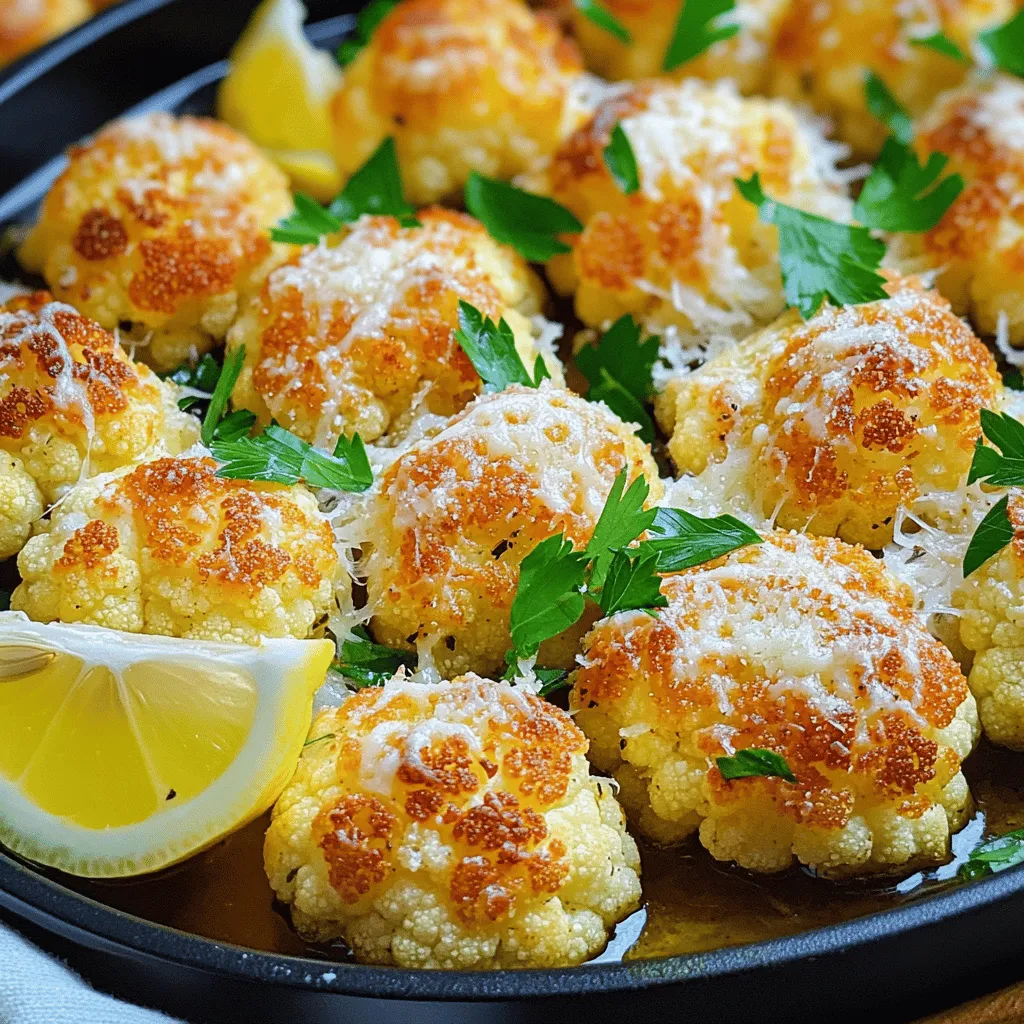To make Garlic Parmesan Roasted Cauliflower, you will need the following ingredients: - 1 medium head of cauliflower, cut into florets - 4 tablespoons olive oil - 4 cloves garlic, minced - 1 cup grated Parmesan cheese - 1 teaspoon smoked paprika - 1 teaspoon salt - 1/2 teaspoon black pepper - 1 tablespoon fresh parsley, chopped (for garnish) - Lemon wedges (for serving) These ingredients blend to create a rich and savory flavor. The garlic and Parmesan make a great pair, while smoked paprika adds warmth. You can also add extra spices for more flavor. Consider using chili flakes for heat or herbs like thyme for freshness. Some people enjoy different cheeses. Try using cheddar or feta for a twist. Each cheese brings a unique taste, making this dish your own. For the full experience, check the Full Recipe for detailed steps and tips. 1. Preheat your oven to 425°F (220°C). This helps the cauliflower roast evenly. 2. Cut a medium head of cauliflower into bite-sized florets. Make sure they are similar in size for even cooking. 3. In a large bowl, combine the florets with 4 tablespoons of olive oil, 4 cloves of minced garlic, 1 teaspoon of smoked paprika, 1 teaspoon of salt, and 1/2 teaspoon of black pepper. Toss everything well. Ensure each floret is coated with the mix. 1. Spread the coated florets on a baking sheet lined with parchment paper. Give them some space so they can roast well. 2. Roast in the preheated oven for 25-30 minutes. Flip the florets halfway through to help them cook evenly. They will turn golden brown and tender when ready. 3. After 25-30 minutes, take the baking sheet out and sprinkle 1 cup of grated Parmesan cheese over the hot cauliflower. This adds a rich, cheesy flavor. Return it to the oven for another 5 minutes until the cheese melts and bubbles. 1. Once cooked, take the cauliflower out of the oven and let it cool for a couple of minutes. This helps the flavors settle. 2. Garnish with 1 tablespoon of fresh parsley, chopped. Serve with lemon wedges on the side for a zesty kick. You can find the Full Recipe for more details. To ensure the cauliflower is evenly coated, start with a large mixing bowl. Add the cauliflower florets first. Then, pour in the olive oil and garlic. Mix well using your hands or a spoon. This helps every piece get the flavor. For optimal roasting, spread the cauliflower in a single layer on the baking sheet. Avoid crowding, as this can lead to steaming instead of roasting. Flip the florets halfway through cooking to achieve a golden-brown color on all sides. You can use different herbs or spices to add new flavors. Try adding dried oregano or thyme for an earthy twist. If you want a kick, sprinkle some red pepper flakes on top. Introducing additional toppings can elevate your dish. Consider adding toasted breadcrumbs for crunch. You can also mix in cooked bacon bits for a savory touch. Garlic Parmesan roasted cauliflower pairs well with many main dishes. It complements roasted chicken or grilled fish nicely. The rich flavors balance lighter proteins well. For the best side dishes, serve it alongside a fresh salad or creamy mashed potatoes. This adds variety to your meal while keeping it delicious. For the full recipe, don’t forget to check the complete guide! {{image_2}} You can easily make Garlic Parmesan Roasted Cauliflower vegan. Replace Parmesan cheese with nutritional yeast. This gives a cheesy flavor without dairy. Use olive oil as your base. For gluten-free options, check your Parmesan. Most are gluten-free, but always verify. This dish is naturally gluten-free, so you can enjoy it without worry. Want to add some heat? Sprinkle chili flakes on the cauliflower before roasting. This adds a nice kick that many love. You can also try other cheeses. Cheddar or mozzarella can change the flavor profile. Experiment with your favorites to find the best mix. Using seasonal veggies can boost nutrition. Try adding Brussels sprouts or carrots for extra color and taste. Seasonal produce is often fresher and tastier. For a festive twist, add a sprinkle of pomegranate seeds after roasting. The sweet-tart flavor pairs well with the savory profile of the dish. For the full recipe, check out the details above! To keep your Garlic Parmesan Roasted Cauliflower fresh, store it in the fridge. Place it in an airtight container. This helps lock in flavor and moisture. Leftovers will stay good for about 3 to 5 days. If you notice any signs of spoilage, toss it out. When reheating, the oven is your best friend. Preheat it to 350°F (175°C). Spread the cauliflower on a baking sheet. Heat for about 10 minutes. This keeps it crispy. Avoid using the microwave, as it can turn the cauliflower soggy. If you want to freeze leftovers, start by cooling them completely. Then, place them in a freezer-safe bag. Remove as much air as possible to prevent freezer burn. For best quality, eat them within 2 to 3 months. To thaw, place the bag in the fridge overnight. Reheat in the oven for the best texture. You can find the full recipe for Garlic Parmesan Roasted Cauliflower to make it again! How do I know when the cauliflower is done cooking? You will know the cauliflower is done when it turns golden brown and is fork-tender. The edges should be crispy, giving a nice crunch. You can also use a fork to test if it’s soft inside. If it pierces easily, it’s ready! Can I make Garlic Parmesan Roasted Cauliflower ahead of time? Yes, you can make it ahead! Roast the cauliflower and store it in the fridge for up to three days. Just reheat it in the oven to keep it crispy. Avoid the microwave, as it can make it soggy. What are some alternatives to Parmesan cheese? If you need alternatives to Parmesan cheese, try nutritional yeast for a vegan option. You can also use pecorino cheese for a sharper flavor. Grated mozzarella or cheddar can work too, but they will change the taste a bit. What to do if my cauliflower is too soggy? If your cauliflower is soggy, you might have added too much oil or not roasted it long enough. To fix it, return it to the oven. Roast it at a higher temperature for a few more minutes. This will help it crisp up. How can I make this recipe more spicy? For more spice, add red pepper flakes or cayenne pepper to the mix. You can also toss in some chopped jalapeños before roasting. This will give your dish a nice kick without overpowering the garlic and cheese flavors. How can I adjust for a larger serving size? To adjust for more servings, simply double or triple the ingredients. Use more baking sheets if needed. Ensure the cauliflower is in a single layer for even cooking. This way, it will roast nicely without steaming. What are some creative ways to serve this dish? You can serve Garlic Parmesan Roasted Cauliflower as a side dish or a main. Try it on top of a salad for added crunch. You can also blend it into a creamy soup or serve it with a zesty dip. This adds variety and keeps it fun! For the [Full Recipe], check the main section. Enjoy your cooking adventure! In this blog post, we explored how to make Garlic Parmesan Roasted Cauliflower. We covered the needed ingredients, cooking steps, and helpful tips. Remember to keep your cauliflower evenly coated for the best taste. You can also try flavor variations to suit your mood. Storing leftovers properly helps maintain quality. With these steps, you'll impress family and friends. Enjoy this simple and tasty dish, and feel free to get creative! Happy cooking!