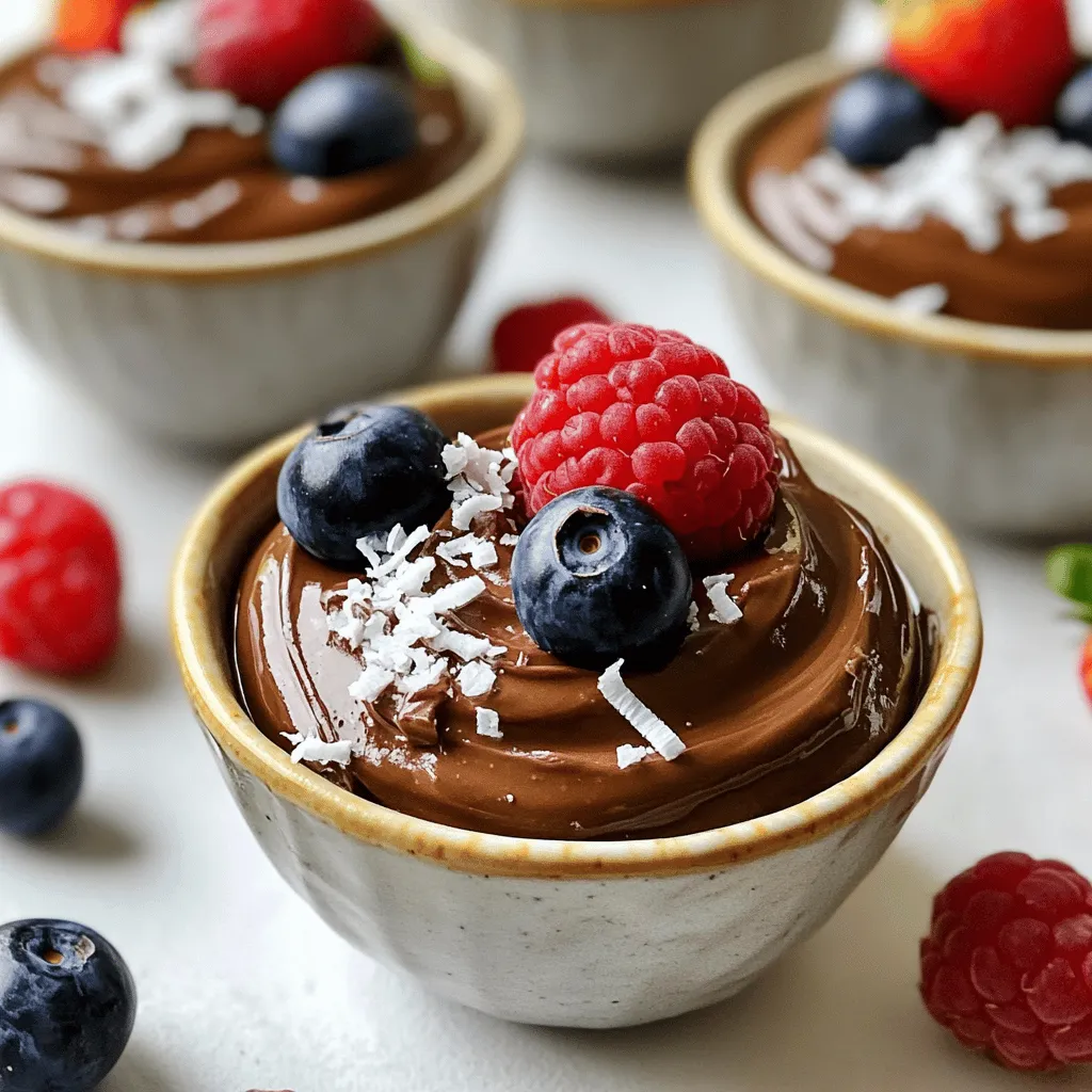 To make this mousse, you need a few key ingredients: - 2 ripe avocados, pitted and peeled - 1/2 cup unsweetened cocoa powder - 1/4 cup maple syrup (or agave syrup for a lower glycemic option) - 1/4 cup almond milk (or other dairy-free milk) - 1 teaspoon vanilla extract - A pinch of sea salt - Optional: 1/4 cup coconut cream for a creamier texture These ingredients work together to create a rich and velvety dessert. The avocados provide a creamy base without any dairy. Cocoa powder adds that deep chocolate flavor we all love. Toppings can truly elevate your mousse. Here are some great options: - Fresh berries (like raspberries or strawberries) - Shredded coconut - A sprinkle of sea salt These toppings add color, texture, and extra flavor to your mousse. You can mix and match or use what you have at home. You can easily tweak the recipe to fit your needs. Here are some substitutions: - Sweeteners: If you prefer, use honey or agave syrup instead of maple syrup. - Milk Options: You can swap almond milk for coconut milk, soy milk, or oat milk. Each will give a different flavor and texture. - Coconut Cream: If you don’t have coconut cream, you can skip it or use extra almond milk to keep it creamy. These substitutions help you customize the mousse. You can make it sweeter or creamier based on your taste. For the full recipe, check out the details above. Start by choosing two ripe avocados. They should feel soft but not mushy. Cut them in half, remove the pit, and scoop the flesh into a food processor. Make sure to get every bit out. This is the base of your mousse. Blend the avocados until they are smooth. This step is key for a creamy texture. Now, add the unsweetened cocoa powder and a pinch of sea salt to the avocados. Blend this mixture until smooth. Next, pour in the maple syrup, almond milk, and vanilla extract. If you want a richer mousse, add coconut cream here. Blend everything together until it’s fully combined. Make sure to scrape the sides of the processor to catch all the ingredients. Taste the mousse to see if it needs more sweetness. You can add more maple syrup if you like it sweeter. Once your mousse is blended and smooth, spoon it into small bowls or cups. Place the bowls in the refrigerator for at least 30 minutes. Chilling helps the mousse firm up and lets the flavors blend. After chilling, take the mousse out. Top it with fresh berries, shredded coconut, or a sprinkle of sea salt. These toppings add color and flavor. Enjoy your Dairy-Free Chocolate Avocado Mousse with friends or family. For the complete recipe, check out the Full Recipe. To get that rich and smooth mousse, use ripe avocados. They should feel soft but not mushy. When you blend the ingredients, make sure to scrape down the sides of the food processor. This helps mix everything evenly. Optionally, add coconut cream for an even creamier texture. Blend until it is completely smooth. A great mousse has no lumps! Taste your mousse before chilling it. If it’s not sweet enough, add a little more maple syrup. You can also try adding a dash of vanilla or a pinch of sea salt. These small tweaks can really enhance the flavor. Remember, everyone's taste is different. Adjust until it’s just right for you! When serving, use small bowls or cute glasses. This makes a lovely presentation. For toppings, fresh berries add color and flavor. Shredded coconut gives a nice texture. A sprinkle of sea salt can enhance the chocolate flavor too. Chill the mousse well before serving for the best taste. Enjoy your creamy delight! {{image_2}} You can really boost the taste of your mousse. A dash of cinnamon adds warmth. A pinch of cayenne gives it a fun kick. For a sweeter touch, try adding a few drops of almond extract. These small changes can make a big difference. If you want a low-sugar option, use stevia or monk fruit sweetener instead of maple syrup. This keeps the mousse sweet without extra calories. You can also skip the chocolate. Use carob powder for a unique flavor. It’s a tasty twist that’s also dairy-free. Serving styles can change how your mousse feels. For a fun dessert, layer it with fruits in a glass. You can create parfaits with fresh berries. This adds color and nutrition. Another idea is to serve it in mini cups. Top with coconut cream for a fancy touch. Remember, your presentation can make your mousse even more enjoyable. For the full recipe, check out my easy steps to create this rich and creamy delight! To keep your mousse fresh, cover it tightly. Use plastic wrap or a lid. This helps prevent air from making it dry. Store the mousse in the fridge right away after serving. It will stay creamy and delicious. You can keep the mousse in the fridge for up to three days. After that, it may lose its nice texture and flavor. Always check for any changes in smell or appearance before eating. Trust your senses! If you want to save the mousse for later, you can freeze it. Scoop the mousse into an airtight container. Leave some space at the top, as it will expand when frozen. The mousse can last for up to two months in the freezer. When you want to eat it, thaw it overnight in the fridge. Give it a good stir before serving. This will help restore its creamy texture. Want to learn how to make this tasty dessert? Check out the Full Recipe! To ripen an avocado fast, place it in a brown paper bag. This traps the ethylene gas, speeding up ripening. You can add an apple or banana to the bag for even faster results. Check the bag daily. Yes, you can use various non-dairy milks. Almond milk works great, but you can also try oat, soy, or coconut milk. Each type will add its unique touch to the mousse. Choose one that fits your taste and diet. A ripe avocado feels slightly soft when you gently squeeze it. Look for dark green or black skin. If it is too firm, let it sit for a few days. Avoid avocados with large dark spots, as they may be overripe. For the full recipe, visit the section above. This blog post covered how to make a delicious dairy-free chocolate avocado mousse. We explored key ingredients, step-by-step instructions, and helpful tips for creamy texture. You learned about tasty variations and storage methods to keep your mousse fresh. Remember, with simple swaps, you can make this dessert fit your diet. Try different toppings and flavors to make it your own. Enjoy your mousse, and share it with friends for smiles all around!