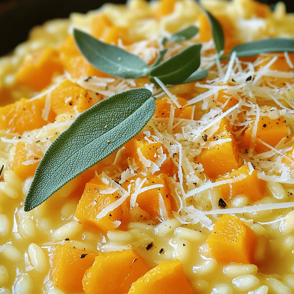 - 1 medium butternut squash, peeled and diced into small cubes - 1 cup Arborio rice - 4 cups vegetable broth - 1 small onion, finely chopped - 2 cloves garlic, minced - 1 cup grated Parmesan cheese (or a vegan alternative) - 2 tablespoons olive oil - 1 tablespoon butter (or plant-based butter) - Salt and pepper to taste - Fresh sage leaves for garnish - A pinch of nutmeg (optional) The butternut squash brings a lovely sweetness to the dish. Its creamy texture enhances the risotto. Arborio rice is key for that perfect creaminess. This short-grain rice absorbs flavors well. The vegetable broth adds warmth and depth, making the risotto rich. You can choose Parmesan cheese for a classic touch. If you prefer vegan, there are great plant-based options. - Heavy-bottomed pot - Saucepan - Ladle - Cooking utensils Using a heavy-bottomed pot is vital. It helps distribute heat evenly. This prevents the rice from burning. A saucepan keeps your broth warm, which is essential for risotto. A ladle makes it easy to add broth gradually. Having good cooking utensils helps you stir and mix well. These tools make the cooking process smooth and enjoyable. For the full recipe, check out Butternut Bliss Risotto. 1. Start by peeling the butternut squash. Use a sharp knife to remove the skin. Then, cut the squash in half and scoop out the seeds. 2. Dice the squash into small cubes. Aim for uniform pieces to ensure even cooking. 3. Next, finely chop one small onion. The onion adds a nice sweetness to the dish. 4. Mince two cloves of garlic. Fresh garlic gives great flavor. Set these aside for later. 1. In a saucepan, heat four cups of vegetable broth over low heat. Keeping it warm helps the risotto cook evenly. 2. In a large, heavy-bottomed pot, add two tablespoons of olive oil and one tablespoon of butter. Heat this over medium heat. 3. Once hot, add the chopped onion. Sauté for about five minutes. The onion should be soft and translucent. 4. Stir in the minced garlic and cook for one more minute. You want it fragrant but not burnt. 5. Now, add the diced butternut squash to the pot. Stir for five to seven minutes. You want the squash to become slightly tender. 6. Pour in one cup of Arborio rice. Stir continuously for about two minutes. This helps the rice coat well with the flavors. 7. Start adding the warm vegetable broth, one ladle at a time. Stir often and wait until the liquid absorbs before adding more. This step takes about 18-20 minutes. The rice should be creamy and al dente. 1. Once the rice is cooked, stir in one cup of grated Parmesan cheese. This adds creaminess and richness. 2. Season with salt and pepper to taste. If you like, add a pinch of nutmeg for warmth. 3. Mix everything well until it’s creamy. 4. Remove the pot from heat and let the risotto sit covered for two minutes. This helps all the flavors meld together. Enjoy your warm, creamy butternut squash risotto, garnished with fresh sage leaves! You can find the full recipe for this dish to explore more details and tips. To make your risotto creamy, stirring is key. When you stir, you help release the starch from the rice. This makes the dish rich and smooth. Stirring also keeps the rice from sticking to the pot. Use a wooden spoon or a silicone spatula for the best results. Adjusting the broth amount is also important. Start by adding one ladle at a time. Wait for the rice to absorb the broth before adding more. This slow process helps create that creamy texture we all love. If you add too much broth too soon, your risotto can become watery and lose its charm. Using fresh herbs and spices can elevate your risotto. I love adding fresh sage leaves. They pair perfectly with butternut squash. Try mixing in a little rosemary or thyme for extra flavor. Consider using different cheeses for a twist. While Parmesan is classic, goat cheese or feta can add a unique taste. They bring a creaminess and tang that will surprise your taste buds. You can even try a vegan cheese if you want a plant-based option. For more details, check out the Full Recipe. {{image_2}} You can easily make butternut squash risotto vegan and gluten-free. First, use plant-based cheese alternatives instead of Parmesan. Look for options made from nuts or soy. They melt well and add creaminess. For a gluten-free base, ensure you choose gluten-free Arborio rice. This rice is crucial for that creamy texture. You can customize your risotto by adding proteins. Chicken or shrimp can make it heartier. Just cook the proteins separately and mix them in at the end. For a nutritious boost, try incorporating greens like spinach or kale. Stir them in a few minutes before serving. They will wilt nicely and add color. For the full recipe, check Butternut Bliss Risotto . To keep your butternut squash risotto fresh, store it correctly. Place leftover risotto in an airtight container. It will last in the fridge for about three days. Make sure to let the risotto cool before sealing it. This helps prevent excess moisture. If you want to save it for later, freezing is a great option. Use a freezer-safe container or bag. Portion the risotto into smaller amounts for easy reheating. It can last up to three months in the freezer. When you are ready to eat it, thaw it in the fridge overnight. Reheating risotto can be tricky. The best method is on the stove. Place the risotto in a pot. Add a splash of vegetable broth or water. Heat it over low to medium heat. Stir often to keep it creamy. Avoid using the microwave if you can. It can make the risotto mushy. If you must use it, heat in short bursts. Stir between each burst to help it heat evenly. This way, your risotto stays delicious and creamy. How to make risotto creamy? To make risotto creamy, stir the rice often. This releases starch, which thickens the dish. Use Arborio rice, as it has a high starch content. Adding warm broth gradually helps the rice absorb moisture while cooking. Can I use other types of squash? Yes, you can use other types of squash. Acorn squash and pumpkin work well. Just remember to adjust cooking times if they vary. Caloric content of butternut squash risotto A serving of butternut squash risotto has about 400-450 calories. The exact amount can change based on your cheese and oil choices. Health benefits of key ingredients Butternut squash is rich in vitamins A and C. It also has fiber, which helps digestion. Arborio rice provides energy and is gluten-free. Parmesan cheese adds calcium and protein. How long does risotto take to cook? Risotto usually takes about 18-20 minutes to cook. You need to stir it often. This helps the rice cook evenly and become creamy. Can I prep ingredients in advance? Yes, you can prep ingredients ahead. Chop the squash, onion, and garlic beforehand. Store them in the fridge to save time during cooking. Butternut squash risotto is a delightful dish you can master with just a few key ingredients and tools. Start with the butternut squash, Arborio rice, and a good broth. Follow simple steps to prepare and cook, adding your favorite cheese for that creamy texture. Don’t forget to stir well and try fresh herbs for flavor. You can even customize it by adding various proteins or greens. Lastly, remember to store it properly for later enjoyment. Enjoy making this delicious dish and impress everyone with your cooking skills!