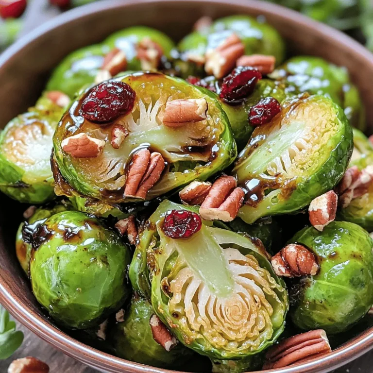 - 1 lb Brussels sprouts, trimmed and halved - 3 tablespoons balsamic vinegar - 2 tablespoons honey - 2 tablespoons olive oil - 1 teaspoon garlic powder - 1/2 teaspoon salt - 1/4 teaspoon black pepper - 1/4 cup pecans, chopped - 1/4 cup dried cranberries - Crumbled feta cheese - Fresh herbs (parsley, thyme) - Red pepper flakes for spice For this dish, I love selecting fresh Brussels sprouts. The quality of the sprouts makes a big difference. Trim them well and cut them in half to help them cook evenly. The glaze combines tangy balsamic with sweet honey, creating a tasty balance. Olive oil adds richness while garlic powder gives a subtle punch. Adding pecans and dried cranberries not only brings texture but also boosts flavor. If you're feeling extra creative, try crumbling feta cheese on top. Fresh herbs like parsley or thyme can add a nice touch of color and taste. A pinch of red pepper flakes will give a nice kick too. This recipe is super versatile. You can mix and match toppings based on what you like or have on hand. For the full recipe, check out “Sweet & Savory Balsamic Glazed Brussels Sprouts.” Enjoy creating your culinary masterpiece! Start by trimming the Brussels sprouts. Cut off the stem end. Then, slice each sprout in half. This helps them cook evenly. Next, measure out your ingredients. You need balsamic vinegar, honey, olive oil, garlic powder, salt, and black pepper. Having everything ready makes cooking easy. Preheat your oven to 400°F (200°C). This step is key for nice roasting. While the oven heats, mix the Brussels sprouts with olive oil, garlic powder, salt, and black pepper in a bowl. Toss them well to coat. Spread the sprouts on a baking sheet. Make sure they are in a single layer for even cooking. Roast them in the oven for about 20 minutes. They should be tender and caramelized when done. While the sprouts roast, prepare the glaze. In a small saucepan, combine balsamic vinegar and honey over medium heat. Stir the mixture often. You want it to thicken slightly. This usually takes around 5 minutes. When it coats the back of a spoon, it’s ready. Set it aside until the Brussels sprouts finish roasting. Following these steps will lead you to a delicious dish. For the complete recipe, check the [Full Recipe]. To get the best results, spread the Brussels sprouts in a single layer on the baking sheet. This helps them roast evenly. If they are too close, they will steam and not crisp up. Check for doneness after about 20 minutes. You want them tender and caramelized. A nice brown color shows they are ready. Adding nuts and dried fruits can boost flavor. I love using pecans and dried cranberries. They add crunch and sweetness. For a tangy or spicy kick, try adding a splash of lemon juice or red pepper flakes. Both are simple ways to change the taste. Serve the Brussels sprouts in a shallow bowl for a nice display. Add a few extra pecans and cranberries on top to make it look fancy. Drizzle any remaining balsamic glaze over the top just before serving. This adds shine and extra flavor. For the full recipe, check out the Sweet & Savory Balsamic Glazed Brussels Sprouts! {{image_2}} You can make a few simple swaps to make this dish healthier. Try using agave syrup instead of honey. Agave is lower on the glycemic index. It gives a sweet taste without spiking your blood sugar. Air-frying is another great option. It cooks the Brussels sprouts quickly and crisps them up nicely. You will use less oil, which cuts down on fat while keeping the flavor high. Want to switch up the taste? Adding a bit of mustard can create a nice zing. You can also try soy sauce for a savory twist. Both options will change the flavor profile in fun ways. Experimenting with different types of vinegar can also add new flavors. Try apple cider vinegar for a fruity note or red wine vinegar for a deeper taste. Each choice brings its own unique flair. You can use seasonal veggies to change things up. Think about adding carrots or sweet potatoes in the fall. In the spring, asparagus pairs well with Brussels sprouts. This keeps your dish fresh and exciting. Adjust your flavors for different holidays, too. For Thanksgiving, add a pinch of nutmeg or cinnamon. For Christmas, try adding maple syrup for a festive touch. These small changes can make a big impact on how your dish feels. For the full recipe, check out the detailed cooking steps and ingredient list above. To keep your balsamic glazed Brussels sprouts fresh, use an airtight container. Glass containers work great. Store them in the fridge. They will stay good for about 3 to 4 days. Avoid leaving them at room temperature for long. This keeps them safe and tasty. When you are ready to enjoy leftovers, the best way to reheat them is in the oven. Preheat the oven to 350°F (175°C). Place the sprouts on a baking sheet. Heat for about 10 to 15 minutes until warmed through. This method helps keep their texture. If you use a microwave, they may get soggy. Can you freeze balsamic glazed Brussels sprouts? Yes, you can! However, the texture may change after freezing. To freeze, place them in a freezer-safe container. Use them within 2 to 3 months for the best taste. When you are ready to eat them, thaw in the fridge overnight. Reheat in the oven to help regain some texture. Enjoy your balsamic glazed Brussels sprouts anytime! Roasting Brussels sprouts typically takes about 20 to 25 minutes. You want them to be tender and caramelized. Look for a nice brown color and a tender bite to know they are fully cooked. Yes, you can prep Brussels sprouts ahead. Trim and halve them a day before. Store them in the fridge. You can also make the balsamic glaze in advance. Just reheat it when you're ready to serve. These Brussels sprouts pair well with roasted chicken or grilled salmon. They also go great with quinoa or rice for a healthy meal. Try serving them with mashed potatoes or a fresh salad for a complete dinner. Balsamic glazed Brussels sprouts are a tasty and healthy dish. We covered the key ingredients, simple steps, and helpful tips for perfecting this recipe. Remember, you can add your personal touch with optional toppings or flavor variations. Enjoy experimenting with this versatile dish to suit your taste and season. Lastly, store leftovers properly to enjoy them later. With these tips, you're set to impress at your next meal. Happy cooking!