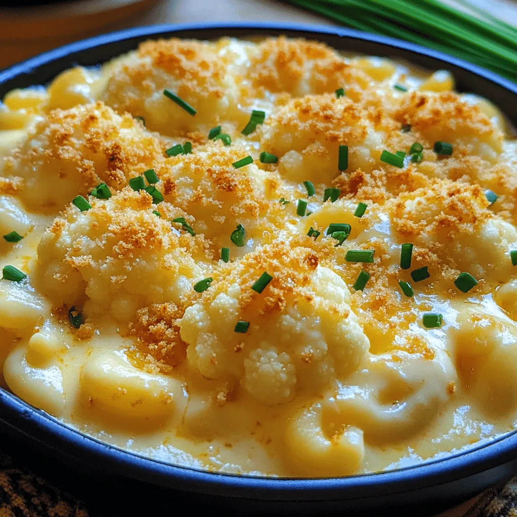 For my Cauliflower Mac and Cheese, I use a few key ingredients that make this dish shine. Here’s a quick look: - 1 medium head of cauliflower, cut into florets - 2 cups elbow macaroni (or gluten-free pasta) - 1 cup sharp cheddar cheese, shredded - ½ cup mozzarella cheese, shredded - ½ cup cream cheese, softened - 1 cup milk (or non-dairy alternative) - 2 tablespoons unsalted butter - 2 cloves garlic, minced - ½ teaspoon onion powder - ½ teaspoon mustard powder - Salt and pepper to taste - ½ cup breadcrumbs (optional, for topping) - Fresh chives or parsley for garnish Using fresh ingredients is key. Fresh cauliflower gives a nice crunch and flavor. The cheeses melt better when they are fresh. This makes the dish creamy and rich. You can add some fun twists to your mac and cheese. Try these ideas: - Bacon bits for a smoky flavor. - Spinach for added greens and nutrition. - Tomatoes for a touch of sweetness. - Hot sauce for a spicy kick. For those with dietary needs, you can swap regular pasta for gluten-free options. You can also use dairy-free cheese or milk to make it vegan. Experiment with what you love! This dish has about 400 calories per serving. Cauliflower is low in calories and high in vitamins. It adds fiber and nutrients to your meal. When you compare this to traditional mac and cheese, you save calories and gain health benefits. This makes it a great choice for a comforting meal without the guilt. Plus, you get the creamy texture you crave without all the carbs! For the full recipe, check out "Cheesy Cauliflower Bliss." It's a great guide to making this delightful dish. To start, we need to cook the elbow macaroni. Bring a large pot of salted water to a boil. Add 2 cups of elbow macaroni and stir. Cook the pasta according to the package instructions until it is al dente, which usually takes about 8-10 minutes. Once done, drain the pasta and set it aside. Next, we must steam the cauliflower florets. Take 1 medium head of cauliflower and cut it into bite-sized pieces. Place the florets in a steamer basket over boiling water. Cover and steam for about 5-7 minutes. You want the cauliflower to be tender but not mushy. This step gives the dish a nice texture. Now, let’s make the cheese sauce. In a large saucepan, melt 2 tablespoons of unsalted butter over medium heat. Add 2 minced garlic cloves and stir for about 1 minute until it's fragrant. This adds great flavor. Next, stir in ½ cup of softened cream cheese. Mix until it is melted and combined well. Then, pour in 1 cup of milk. Stir until smooth and creamy. Now, it’s time to add the cheese. Gradually mix in 1 cup of shredded sharp cheddar and ½ cup of shredded mozzarella cheese. Stir constantly until the cheese is melted and creamy. To season the sauce, add ½ teaspoon of onion powder and ½ teaspoon of mustard powder. Don’t forget to taste and adjust with salt and pepper. For baking, preheat your oven to 350°F (175°C). In a large mixing bowl, combine the cooked macaroni and steamed cauliflower with the cheese sauce. Stir until every piece is coated. Next, pour this mixture into a greased 9x13-inch baking dish. If you like a crunchy topping, sprinkle ½ cup of breadcrumbs over the mixture. This adds a nice texture. Now, place the baking dish in the preheated oven. Bake for 25-30 minutes. You want it to be bubbly and golden brown on top. This step gives the dish its final touch. Once baked, remove it from the oven. Allow it to cool slightly before serving. Enjoy this creamy comfort dish! To avoid clumps in your cheese sauce, keep the heat low. Stir gently and slowly add the cheese. This method helps melt the cheese evenly. I like to use a mix of sharp cheddar and mozzarella. The sharp cheddar adds rich flavor, while mozzarella gives a nice stretch. You can add spices for extra flavor. Try a pinch of smoked paprika or cayenne for heat. Fresh herbs like thyme or basil also work well. They brighten the dish and add depth. When selecting cauliflower, look for firm heads with tight florets. Avoid any brown spots. For the best taste, wash and cut it just before cooking. Steaming is my go-to method, but roasting gives a lovely flavor. You can roast the florets at 425°F (220°C) for about 20 minutes. This method adds a nice caramelized touch. Cauliflower Mac and Cheese pairs well with a simple salad. A fresh green salad or coleslaw balances the richness. You can also serve it alongside grilled chicken or fish for a full meal. For a homemade feel, use a large serving bowl. Top with fresh herbs like chives or parsley for color. A sprinkle of breadcrumbs can also add a crunchy texture. Enjoy this creamy comfort dish with your loved ones! {{image_2}} To make a plant-based version of Cauliflower Mac and Cheese, you can swap out dairy products. Use cashew cream or nutritional yeast for a cheesy taste. These options offer great flavor without milk or cheese. For a creamy texture, blend soaked cashews with water. Nutritional yeast adds a cheesy flavor and is packed with vitamins. Cheese substitutes that work well: - Nutritional yeast - Vegan cream cheese - Cashew cream - Almond milk cheese These options keep the dish creamy and tasty without losing that comfort food feel. You can make your mac and cheese even better by adding veggies or protein. Try mixing in spinach, broccoli, or peas. These extra veggies boost nutrients and add color. If you want to add protein, consider beans or lentils. They mix well and keep the meal filling. Adjustments for lower calorie options: - Use whole wheat pasta or zucchini noodles. - Replace cream with unsweetened almond milk. - Cut cheese portions or use lower-fat versions. These changes make the dish lighter while keeping it delicious. To change up the flavors, consider using different types of cheese. Gouda, fontina, or even a bit of blue cheese can add a unique taste. Mixing cheeses creates a more complex flavor profile. Creative ingredient swaps: - Smoked cheese for a rich flavor. - Add spices like paprika or cayenne for heat. - Mix in herbs like thyme or basil for freshness. These small tweaks can turn a simple dish into a gourmet experience. Enjoy experimenting! To keep your Cauliflower Mac and Cheese fresh, store it in the fridge. Use an airtight container for best results. This keeps moisture in and prevents odors from mixing. If you want to store it for longer, freeze it in a freezer-safe container. Make sure to label it with the date. This way, you can enjoy it later. When you’re ready to eat your leftovers, you want them to be creamy and tasty. The best way to reheat is in the oven. Preheat your oven to 350°F (175°C). Place the dish in the oven for about 15-20 minutes. Cover it with foil to keep it moist. You can also use a microwave. Just add a splash of milk before heating. This helps keep the texture smooth. Leftovers can stay in the fridge for about 3-4 days. If you freeze them, they can last for about 2-3 months. Always check for signs of spoilage. If it smells sour or looks off, don’t eat it. Better safe than sorry! Yes, you can make this dish ahead of time. Cook the pasta and steam the cauliflower. Then, mix them with the cheese sauce. Place everything in a baking dish. Cover it tightly with plastic wrap and store it in the fridge. When ready to eat, bake it at 350°F for about 30 minutes. This way, it will heat evenly. For a creamy and rich flavor, I recommend using sharp cheddar and mozzarella. Cream cheese adds extra creaminess. You can also try gouda or fontina for a unique taste. Each cheese melts differently, so feel free to mix them up for a tasty result. To make it gluten-free, choose gluten-free pasta. Many brands offer good options that taste great. You can also use rice flour or cornstarch to thicken the cheese sauce. This way, you ensure everyone can enjoy the dish. Using cauliflower makes this dish lower in carbs. Cauliflower is also rich in vitamins and minerals. It adds fiber to your meal, which helps with digestion. Plus, it absorbs the cheese sauce well, giving you the same creamy feel as pasta. For the complete recipe, check out "Cheesy Cauliflower Bliss." It includes all the steps and tips to make this creamy comfort dish right at home. Cauliflower Mac and Cheese offers a tasty, healthy twist on a classic dish. We explored the main ingredients needed, emphasizing fresh choices. Optional add-ins and nutritional benefits highlight this dish's versatility. Preparing and baking steps ensure creamy goodness and a golden crust. Plus, we shared tips for perfecting flavors and storing leftovers. Finally, you can easily modify this recipe to fit any diet. Enjoy this delicious take on comfort food that’s good for you!