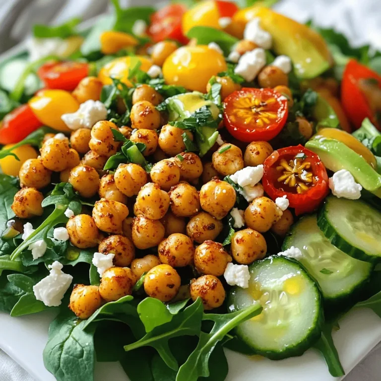 To make a tasty Crispy Chickpea Salad, gather these main items: - 1 can (15 oz) chickpeas, drained and rinsed - 2 tablespoons olive oil - 1 teaspoon smoked paprika - 1 teaspoon garlic powder - Salt and pepper to taste - 4 cups mixed salad greens (like spinach, arugula, romaine) - 1 cup cherry tomatoes, halved - 1 cucumber, diced - 1 bell pepper (any color), diced - 1 avocado, sliced - 2 tablespoons lemon juice - 1 tablespoon balsamic vinegar These ingredients work well together, giving flavor and texture. You can add optional items for extra taste and richness: - ¼ cup feta cheese, crumbled - Fresh herbs (like parsley or cilantro), chopped for garnish These optional ingredients add creaminess and a fresh touch. Each ingredient in this salad brings health benefits: - Chickpeas: Packed with protein and fiber, they keep you full. - Olive oil: A healthy fat that supports heart health. - Smoked paprika: Offers antioxidants and adds a smoky taste. - Garlic powder: May boost your immune system and flavor. - Salad greens: Low in calories, high in vitamins A and C. - Cherry tomatoes: Rich in vitamins and antioxidants, good for your skin. - Cucumber: Hydrating and low-calorie, perfect for freshness. - Bell peppers: High in vitamin C, aiding your immune system. - Avocado: Provides healthy fats and fiber, promoting satiety. - Feta cheese: Adds calcium and flavor, though it is optional. - Lemon juice: Adds vitamin C and brightens the dish. - Balsamic vinegar: May help with digestion and adds a sweet touch. These ingredients not only taste great but also nourish your body. For the full recipe, check out the detailed cooking steps. First, gather your ingredients. You will need one can of chickpeas, olive oil, smoked paprika, garlic powder, salt, and pepper. Also, get your salad greens, cherry tomatoes, cucumber, bell pepper, avocado, feta cheese, lemon juice, balsamic vinegar, and fresh herbs. Drain and rinse the chickpeas well. That helps them crisp up nicely. Next, chop the veggies. Halve the cherry tomatoes, dice the cucumber and bell pepper, and slice the avocado. Set everything aside as we move on. Preheat your oven to 400°F (200°C). Spread the chickpeas on a baking sheet in a single layer. Drizzle them with olive oil. Then, sprinkle the smoked paprika, garlic powder, salt, and pepper over them. Toss the chickpeas gently to coat them evenly. Bake in the oven for 20 to 25 minutes. Shake the pan halfway through. This step helps the chickpeas cook evenly and become golden and crispy. Keep an eye on them as they bake. You want them crunchy, not burnt! While the chickpeas bake, prepare your salad. In a large bowl, combine the mixed salad greens, cherry tomatoes, cucumber, bell pepper, and avocado. In a small bowl, whisk together the lemon juice, balsamic vinegar, salt, and pepper. This will be your dressing. Once the chickpeas are done, let them cool for a few minutes. Then, add them to your salad. Drizzle the dressing over the top. Toss gently to mix everything well. If you like, sprinkle crumbled feta cheese and fresh herbs on top. Now, your crispy chickpea salad is ready to enjoy! For a detailed recipe, check the Full Recipe. To keep your chickpeas crispy, start with dry chickpeas. If using canned, drain and rinse them well. Pat them dry with a towel. This step removes excess moisture, which can make them soggy. Coat them lightly with olive oil and spices. Bake them at 400°F for 20-25 minutes. Shake the pan halfway through to crisp all sides. Let them cool for a few minutes after baking. This cooling time helps them stay crunchy when added to the salad. You can easily boost the salad’s nutrition. Add more veggies like carrots, radishes, or kale. These add color and vitamins. You can also throw in some nuts or seeds for healthy fats. Walnuts or sunflower seeds work well. If you want extra protein, toss in some cooked quinoa or beans. This makes the salad more filling and satisfying. Feel free to mix and match based on what you have at home. The dressing can change the whole taste of your salad. A simple lemon juice and balsamic vinegar mix is great. But you can add other flavors too. Try a yogurt dressing for creaminess. Or mix in tahini for a nutty flavor. You can also use honey or maple syrup for sweetness. Just remember to keep the balance of flavors. A tangy dressing pairs well with crispy chickpeas. Experiment with different herbs and spices for unique tastes. {{image_2}} This salad is already a great choice for vegetarians and vegans. The chickpeas offer protein and fiber. If you skip the feta cheese, the salad stays fully vegan. You can also add more veggies. Try shredded carrots or roasted zucchini for extra flavor and crunch. You can swap out ingredients based on what you like. If you avoid olive oil, use avocado oil instead. For a nut-free option, skip the feta cheese. If you need a lower-carb choice, replace chickpeas with roasted cauliflower. This keeps the dish tasty and suitable for your diet. Change the salad based on the season. In spring, add fresh peas or asparagus for a pop of color. Summer is perfect for juicy peaches or strawberries. In fall, roasted sweet potatoes work well. Winter calls for hearty greens like kale or Brussels sprouts. Each season brings new flavors to enjoy in your crispy chickpea salad. To store leftover crispy chickpea salad, keep the chickpeas and greens separate. Use an airtight container for both. This helps prevent sogginess. Store in the fridge for up to three days. If you mix them together, the salad will lose its crispiness. When reheating leftover chickpeas, avoid the microwave. Instead, use an oven or air fryer. Preheat your oven to 375°F (190°C). Spread the chickpeas in a single layer on a baking sheet. Heat them for about 10-15 minutes until warm and crispy again. This method keeps them crunchy. Leftover salad lasts three days in the fridge. Check for changes in smell or color. If the salad looks dull or has a strange odor, it’s best to toss it. Always trust your senses. Fresh ingredients make a big difference in taste and safety. It takes about 35 minutes to make this salad. You need 10 minutes to prep the ingredients. The chickpeas bake for around 20-25 minutes, giving them a nice crunch. Yes, you can prepare this salad ahead of time. Make the chickpeas and store them in an airtight container. Keep the salad greens and other veggies separate until you’re ready to eat. This keeps everything fresh and crisp. You can add several proteins to this salad. Here are some tasty options: - Grilled chicken - Cooked quinoa - Chickpeas (double the amount for more crunch) - Hard-boiled eggs - Tofu or tempeh for a plant-based option These proteins will boost the nutrition and keep you full longer. Yes, this salad is gluten-free. All the ingredients, including chickpeas and veggies, are naturally gluten-free. Just ensure any added dressing or toppings do not contain gluten. For instance, check that the balsamic vinegar is pure and gluten-free for safety. For the full recipe, check out the Crispy Chickpea Salad section. This blog post covered how to make a Crispy Chickpea Salad. We explored key ingredients, from the main elements to optional flavor boosters. I shared step-by-step instructions, including how to keep those chickpeas crispy. We discussed helpful tips and variations to suit different diets and seasons. In the end, this salad is not only tasty but also packed with nutrition. You can enjoy it any time and make it your own. Try it out, and let your taste buds lead the way!