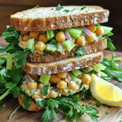 - 1 can (15 oz) chickpeas, rinsed and drained - 1/4 cup plain Greek yogurt or vegan alternative - 1 tablespoon Dijon mustard - 1 tablespoon lemon juice - 1/2 teaspoon garlic powder - 1/2 teaspoon smoked paprika - 1/4 teaspoon cumin - Salt and pepper to taste - 1/2 cup diced celery - 1/4 cup diced red onion - 1/4 cup chopped fresh parsley - Leafy greens for serving Chickpeas are the star of this sandwich. They add protein and fiber. I love using canned chickpeas for quick prep. Just rinse and drain them, and you're ready. The best types of bread for a sandwich include whole-grain or multigrain. They add a nice texture and flavor. You can also use gluten-free bread. This is great for those with dietary needs. This chickpea salad sandwich is tasty and healthy. A serving contains around 300 calories. It has about 15 grams of protein and 10 grams of fiber. Eating this sandwich can help you feel full and satisfied. For the full recipe, check out the linked details. First, mash the chickpeas right. Use a fork in a large bowl. You want them chunky, not smooth. This texture adds great bite to your sandwich. Next, mix the dressing ingredients. In the same bowl, add Greek yogurt, Dijon mustard, lemon juice, garlic powder, smoked paprika, and cumin. Season with salt and pepper. Stir it all well until combined. Now, it’s time to fold in the vegetables. Add diced celery, red onion, and parsley gently. Use a spatula to mix. This ensures you keep the nice texture of the chickpeas. Taste your mixture. Adjust seasoning if needed. If you want it tangier, add more lemon juice. For more warmth, sprinkle in extra spices. For layering, start with leafy greens on two slices of bread. This keeps the bread from getting soggy. Then, spread the chickpea mixture generously over the greens. Top with the other slices of bread. Cut the sandwich diagonally for a nice presentation. Serve on a wooden board or plate. You can garnish it with extra parsley and a lemon wedge. Enjoy your tasty and healthy delight! For the full recipe, refer to the detailed instructions above. To make your chickpea salad sandwich shine, add some spices and herbs. I recommend using: - 1/2 teaspoon of dill for a fresh taste - A pinch of cayenne pepper for heat - Freshly chopped chives for a mild onion flavor Freshness is key! Use crisp celery and bright herbs. Fresh ingredients make the salad taste better and add color. One big mistake is over-mashing the chickpeas. You want them chunky, not smooth. This texture gives your sandwich a nice bite. Another common issue is under-seasoning. Be bold with your spices! Taste as you mix. Adjust the salt, pepper, or lemon juice to your liking. For a great presentation, serve your sandwich on a wooden board. This adds a rustic feel. Garnish with a sprinkle of parsley on top. A lemon wedge on the side adds color and a zesty touch. This makes the dish look appetizing and inviting. For the full recipe, check out the Chickpea Delight Sandwich. {{image_2}} You can easily change the protein in your chickpea salad sandwich. If you like tuna, replace chickpeas with canned tuna. Shredded chicken is another great option. This keeps the sandwich tasty and filling. For a vegan twist, try using mashed avocado or a mix of lentils. These swaps add a new flavor without losing the healthy vibe. Make your chickpea salad stand out with flavor twists. For a Mediterranean vibe, add diced cucumbers, olives, and feta cheese. The salty olives and creamy cheese create balance. If you crave spice, toss in some jalapeños. This gives your sandwich a kick that many will love. Don't be afraid to mix and match flavors based on your mood! Adding unique ingredients can elevate your sandwich. Roasted vegetables like bell peppers or zucchini add a nice crunch and depth. Nuts, such as walnuts or almonds, bring extra protein and texture. Cheese can also enhance creaminess; try goat cheese or a dairy-free option. Each add-in creates a new experience and keeps your meals fresh and exciting. For the full recipe, check out the Chickpea Delight Sandwich. To keep your chickpea salad fresh, store it in the fridge. Use an airtight container to seal in moisture. Make sure to eat leftovers within three days for the best taste. If you have extra sandwiches, wrap them tightly in plastic wrap or foil. This helps prevent the bread from getting soggy. You might wonder, can you heat chickpea salad? The answer is no, it’s best served cold. Heating can change the texture and flavor. If you have leftovers, enjoy them straight from the fridge. If you prefer a warm meal, consider using the salad as a filling for a hot pita or wrap instead. Can you freeze the sandwich? Yes, but keep in mind that the texture may change. To freeze, wrap each sandwich in plastic wrap, then place them in a freezer bag. When you are ready to eat, thaw them in the fridge overnight. Avoid using the microwave. Instead, let them sit at room temperature before enjoying. This way, you’ll keep the best flavor and texture. For more detailed instructions, check the Full Recipe. If you want a vegan option, use plant-based yogurt. Almond, coconut, or soy yogurt work well. You can also try mashed avocado for creaminess without dairy. Silken tofu blended until smooth is another great choice. Each option gives your salad a unique taste. The chickpea salad stays fresh for up to three days in the fridge. Store it in an airtight container to keep it from drying out. If you added leafy greens, eat it within a day for the best texture. Always check for any off-smells before eating leftovers. Yes, you can make this sandwich a few hours in advance. If you plan to make it more than two hours ahead, keep the salad and bread separate. This way, the bread stays crisp. Assemble the sandwich right before serving for the best taste. Chickpeas are packed with protein, fiber, and vitamins. They help keep you full and support gut health. The salad also includes Greek yogurt, which adds calcium and probiotics. This dish is low in calories and great for heart health. The veggies add extra vitamins and minerals, making it a smart choice. This blog post covered the key aspects of making a chickpea salad sandwich. We explored essential ingredients, step-by-step instructions, and helpful tips. By following these guidelines, you can create a tasty, healthy meal. Enjoy making variations to fit your taste. With simple storage tips, leftovers remain fresh and delicious. Dive into this fun recipe and share it with others!