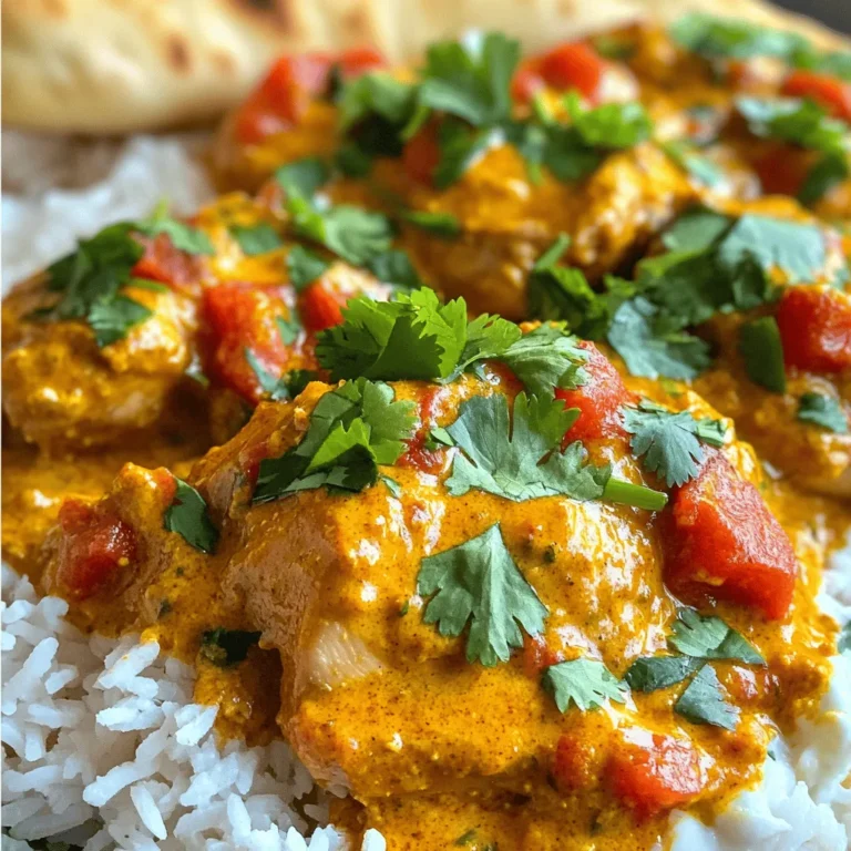 Here are the main ingredients you need for this tasty dish: - 2 pounds boneless, skinless chicken thighs, cut into bite-sized pieces - 1 cup plain Greek yogurt - 1 tablespoon garam masala - 1 tablespoon ground cumin - 1 tablespoon ground coriander - 1 teaspoon turmeric powder - 1 teaspoon chili powder - 1 tablespoon minced garlic - 1 tablespoon minced ginger - 1 medium onion, finely chopped - 1 can (14 oz) crushed tomatoes - 1 cup coconut milk - Salt and pepper to taste These ingredients create a rich flavor base. The yogurt helps tenderize the chicken. The spices bring warmth and depth. If you want to boost the taste, consider adding these: - 1 tablespoon lemon juice for brightness - 1 teaspoon smoked paprika for a smoky touch - 1 tablespoon honey for sweetness - 1-2 green chilies for extra heat These optional ingredients can elevate your dish. They add layers of flavor that make the meal more exciting. Presentation matters, so think about these garnishes: - Fresh cilantro, chopped - Thinly sliced red onion - Lemon wedges - A dollop of Greek yogurt Adding these garnishes enhances the look and taste. They can make your meal feel special and inviting. For the full experience, try serving this dish with warm naan bread or fluffy basmati rice. Enjoy your cooking adventure! To start, gather your ingredients for the marinade. In a large bowl, mix 1 cup of plain Greek yogurt with 1 tablespoon of garam masala, ground cumin, ground coriander, turmeric powder, and chili powder. Add in 1 tablespoon of minced garlic and minced ginger. Season with a pinch of salt and pepper. Stir until smooth. Next, cut 2 pounds of boneless, skinless chicken thighs into bite-sized pieces. Toss the chicken in the yogurt mix until every piece is coated. Let it sit for at least 30 minutes. For best results, marinate overnight in the fridge. This makes your chicken juicy and full of flavor. Now, grab your slow cooker. Place 1 medium finely chopped onion at the bottom. Pour in 1 can (14 oz) of crushed tomatoes and stir them together. This forms a tasty base. Next, add the marinated chicken on top of the tomatoes and onions. Spread it out evenly. Pour in 1 cup of coconut milk over the chicken. Remember, do not stir! The layers help blend the flavors while cooking. Cover your slow cooker with its lid. You can choose two cooking options here. Set it to cook on low heat for 6-7 hours or on high heat for 3-4 hours. The chicken should cook through and be tender when done. After cooking, gently stir the chicken tikka masala. Taste and adjust seasoning with more salt and pepper if needed. Serve it hot with fresh cilantro on top, paired with basmati rice or warm naan bread for a complete meal. For the full recipe, refer to the earlier section. To get the best flavor from your slow cooker chicken tikka masala, use fresh spices. Fresh spices have more taste than old ones. Toast them in a dry pan for a few minutes to release their oils. This simple step boosts the flavor. Also, marinating the chicken overnight gives it a deeper taste. The yogurt and spices blend well during this time. One common mistake is not searing the chicken before adding it to the slow cooker. Searing locks in juices and adds depth. Another mistake is stirring the layers. When you pour the coconut milk over the chicken, don’t mix. This keeps the flavors layered and rich. Finally, don’t rush the cooking time. Letting it cook low and slow makes the chicken tender and flavorful. If you like it spicy, you can add more chili powder or fresh chilies. Start with a small amount and taste as you go. For a milder dish, reduce the chili powder and add more yogurt. You can also serve a side of yogurt for those who want to cool it down. This way, everyone can enjoy the meal at their own spice level. For more detailed instructions, check the Full Recipe for slow cooker chicken tikka masala. {{image_2}} You can easily make a vegetarian version of tikka masala. Swap the chicken for chickpeas, paneer, or tofu. Use the same spices and yogurt mix. For a lighter option, add vegetables like cauliflower, bell peppers, or peas. Cook them just like the chicken. This way, you keep all the great flavors and textures. If you love heat, add more chili powder or fresh chilies. You can use green chilies for a fresh taste. For a unique twist, add some cayenne pepper to the spice mix. This will give your dish a nice kick. Just be careful not to overdo it. You can always add more heat, but it's hard to take it away! For a gluten-free version, ensure your ingredients are gluten-free. Most spices and canned tomatoes are safe, but check labels. Serve your tikka masala with gluten-free rice or naan. You can even use quinoa as a base. This makes your meal healthy and tasty without any gluten. For the full recipe, check out the [Full Recipe]. To keep your slow cooker chicken tikka masala fresh, store it in an airtight container. Let it cool down to room temperature before sealing it. This helps prevent moisture buildup. Place the container in the fridge. It’s best to eat it within three to four days. You can freeze chicken tikka masala for later. Use a freezer-safe container or a zip-top bag. Remove as much air as possible before sealing. It will stay good for about three months. When you’re ready to eat it, thaw overnight in the fridge. Reheat in a pot over low heat. Stir often to ensure even heating. The shelf life of slow cooker chicken tikka masala depends on how you store it. In the fridge, enjoy it within four days. If you freeze it, aim to eat it within three months for the best taste. Always check for any off smells or changes in texture before eating leftovers. You can serve this dish with warm naan bread or fluffy basmati rice. These sides soak up the rich sauce well. Fresh cilantro adds a nice touch too. You might also enjoy a simple cucumber salad for crunch. Yes, you can use chicken breasts if you prefer. They will cook faster than thighs. However, thighs stay juicier and more tender in this dish. If you use breasts, cut them into larger chunks to avoid drying out. You can store leftovers in the fridge for up to four days. Just make sure to place them in an airtight container. For longer storage, you can freeze the chicken tikka masala. It stays fresh for three months in the freezer. When ready to eat, thaw overnight in the fridge and reheat gently on the stove. In this blog post, we covered how to make a delicious slow cooker chicken tikka masala. We explored key ingredients, preparation steps, and helpful tips. You learned about variations for different diets and how to store leftovers safely. You now have the tools to create a tasty dish that fits your needs. Enjoy experimenting and finding the best way to serve or modify this recipe. Happy cooking!