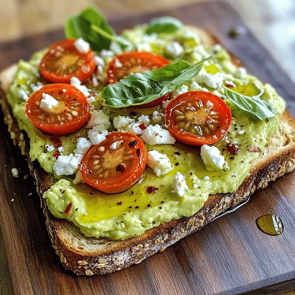 For a tasty avocado toast, you need these key items: - 2 ripe avocados - 4 slices of whole grain or sourdough bread - 1 cup cherry tomatoes, halved - 1/2 cup feta cheese, crumbled - 1 tablespoon olive oil - 1 tablespoon lemon juice - 1 teaspoon garlic powder - Salt and pepper to taste These ingredients create a creamy and colorful dish that sings with flavor. You can add more taste with these extras: - Fresh basil or parsley for garnish - Red pepper flakes for heat These optional items add freshness and a kick to your dish. Each ingredient brings its own health perks: - Avocados provide healthy fats and fiber. - Whole grain bread offers complex carbs and nutrients. - Cherry tomatoes are rich in vitamins and antioxidants. - Feta cheese adds protein and calcium. - Olive oil is great for heart health. - Lemon juice boosts your immune system. - Garlic powder has anti-inflammatory properties. This mix makes your meal both tasty and good for you. For the full recipe, check out the Avocado Toast Delight with Feta & Tomatoes. Start by cutting the ripe avocados in half. Remove the pit and scoop the flesh into a mixing bowl. Add lemon juice, garlic powder, and a pinch of salt and pepper. Mash the mix gently with a fork. You want it creamy yet chunky for nice texture. This step brings out the fresh flavors of the avocado. Next, take your slices of whole grain or sourdough bread. Toast them until they are golden brown and crispy. You can use a toaster or a skillet for this. Toasting adds a nice crunch that balances the creamy avocado. This step is key for the perfect bite. Now it’s time to assemble your toast. Spread the mashed avocado mixture generously over each slice of your toasted bread. Top with halved cherry tomatoes, scattered evenly. Add crumbled feta cheese on top for creamy, salty goodness. For a kick, sprinkle red pepper flakes if you like heat. Finally, drizzle a little olive oil on top and garnish with fresh herbs. Enjoy your beautiful creation! When picking avocados, look for ones that are dark green and slightly soft. Gently squeeze them in your hand. If they yield a bit, they are ripe and ready to eat. Avoid avocados with large dents or dark spots, as these may be overripe. If you can’t use them right away, choose firmer avocados. They will ripen over a few days at room temperature. For the best avocado toast, choose hearty bread. Whole grain and sourdough are great options. Their texture holds up well under toppings. You can also try rye or multigrain if you want to mix it up. For a gluten-free option, use gluten-free bread. Just make sure it toasts well for a nice crunch. You can add a twist to your avocado toast with fun flavors. Try adding sliced radishes for crunch or a sprinkle of za'atar for a Middle Eastern touch. For a kick, add red pepper flakes or drizzle hot sauce on top. Fresh herbs like cilantro or chives bring brightness to the dish. You can find the full recipe for Avocado Toast Delight with Feta & Tomatoes to explore these ideas further! {{image_2}} Avocado toast can be a canvas for your creativity. You can add many tasty toppings. Here are some ideas: - Sliced radishes for crunch - Poached eggs for protein - Smoked salmon for a gourmet touch - Sliced cucumbers for freshness - A sprinkle of everything bagel seasoning for flavor These toppings bring different tastes and textures. Experiment to find your favorite combo! If you have dietary needs, no problem! You can easily swap ingredients. Here are some substitutions: - Use vegan feta or nutritional yeast for a dairy-free option. - Choose gluten-free bread if you avoid gluten. - Try lime juice instead of lemon juice for a twist. - Use sunflower seeds or pumpkin seeds for a nut-free option. These swaps keep the dish tasty and suitable for everyone. Want to shake things up? Here are some fun twists on the classic recipe: - Add a spread of hummus under the avocado for extra flavor. - Mix in diced mango or pineapple for a sweet touch. - Blend in spices like cumin or smoked paprika for warmth. - Top with a drizzle of balsamic glaze for a tangy finish. These creative ideas turn simple avocado toast into a gourmet delight. Enjoy making it your own! Storing leftover avocado toast can be tricky. The avocado can brown quickly. To keep it fresh, wrap it tightly in plastic wrap. You can also place it in an airtight container. This helps slow down the browning. Avoid stacking slices, as that can squish the toppings. Each ingredient in your avocado toast has its own life in the fridge: - Avocados: 1-2 days after cutting, but whole avocados last longer. - Cherry Tomatoes: 4-7 days, depending on ripeness. - Feta Cheese: About 5 days when stored properly. - Bread: 5-7 days, but it can get stale quickly. Check for any signs of spoilage before using. You can freeze avocado, but it changes texture. Here’s how: - Mash the avocado with lemon juice. - Place it in a freezer-safe container or bag. - It can last up to 6 months in the freezer. You can thaw it in the fridge overnight. Use it in smoothies or spreads rather than on toast. For the full recipe, check out the Avocado Toast Delight with Feta & Tomatoes. The best bread for avocado toast is whole grain or sourdough. Both options give a nice crunch. They also hold the toppings well. Whole grain adds fiber, while sourdough has a great tangy flavor. You can also try gluten-free bread if you need to. To make avocado toast vegan, simply skip the feta cheese. You can add more toppings like nuts or seeds for protein. Use hummus instead of feta for a creamy texture. Nutritional yeast also adds a cheesy flavor and is a great vegan option. Common toppings for avocado toast include: - Sliced radishes - Poached eggs - Microgreens - Smoked salmon - Red pepper flakes - Sesame seeds - Fresh herbs like cilantro or dill These toppings add flavor and texture, making your toast even more delicious. For a complete guide on how to prepare this dish, check out the Full Recipe for Avocado Toast Delight with Feta & Tomatoes. It includes detailed steps to create a perfect meal. Avocado toast is simple yet versatile. We explored essential and optional ingredients, their benefits, and flavorful variations. The steps to prepare, toast, and assemble are straightforward. I shared tips on selecting avocados and bread types. Don't forget storage advice for leftovers. Embrace creativity with toppings and substitutions. This classic dish can adapt to your taste and needs. Now, go enjoy making your perfect avocado toast!