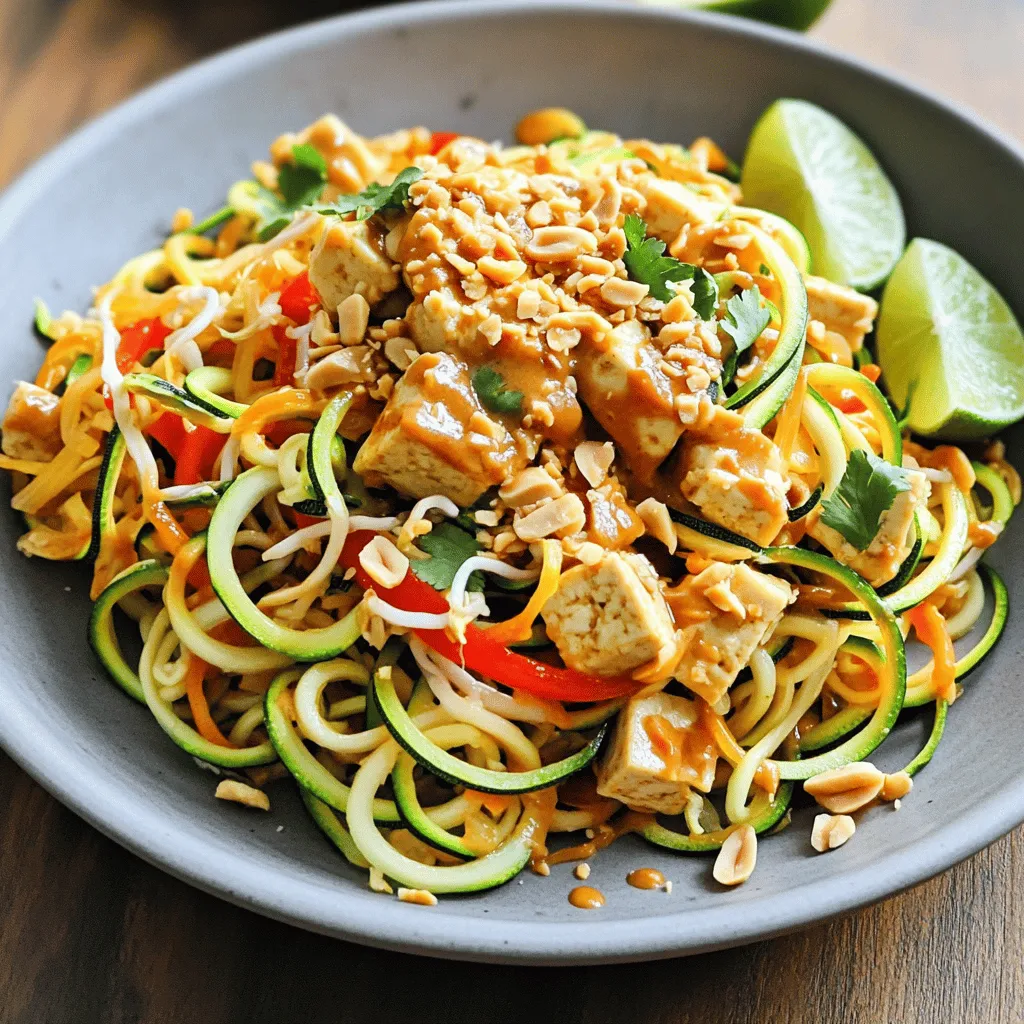 To make Zucchini Noodle Pad Thai, gather these fresh ingredients: - 2 medium zucchinis, spiralized into noodles - 1 cup firm tofu, cubed - 1 red bell pepper, sliced - 1 cup bean sprouts - 2 green onions, sliced - 3 cloves garlic, minced - 2 tablespoons tamari or soy sauce - 1 tablespoon natural peanut butter - 1 tablespoon lime juice - 1 tablespoon sesame oil - 1 tablespoon coconut sugar or brown sugar - Crushed peanuts and lime wedges for garnish This dish is healthy and packed with nutrients. Each serving offers: - Low calories - High protein from tofu - Loads of vitamins from veggies - Good fats from peanut butter and sesame oil - Fiber from zucchinis and bean sprouts Eating this meal can help you feel full and satisfied without heavy carbs. If you want to switch things up, try these options: - Use zucchini and carrots for extra color. - Swap tofu for chicken or shrimp if you prefer. - Use sunflower butter instead of peanut butter for a nut-free option. - Replace tamari with coconut aminos for a soy-free version. - Use rice noodles if you want a traditional Pad Thai feel. These substitutions keep the dish tasty while catering to your needs. You can enjoy it your way! Start by washing the zucchinis. Use a spiralizer to make long noodles. This makes a great base for our dish. After spiralizing, let the noodles sit in a strainer. This helps remove extra water. Less moisture means a better texture. Next, heat sesame oil in a large skillet over medium heat. Once it's hot, add cubed tofu. Cook it for 5-7 minutes. You want it golden brown on all sides. After cooking, take the tofu out and set it aside. In the same skillet, add minced garlic and sliced red bell pepper. Stir-fry for 2-3 minutes. The bell pepper should be tender but still crisp. Now, add the zucchini noodles to the skillet. Toss them with the garlic and bell pepper for 2-3 minutes. You want the zoodles to be just tender. Next, mix tamari or soy sauce, peanut butter, lime juice, and coconut sugar in a small bowl. Pour this sauce over the zoodles and veggies. Add back the cooked tofu, bean sprouts, and green onions. Toss everything well for 1-2 minutes. This allows the sauce to coat every bite. Serve your Zucchini Noodle Pad Thai hot. Top with crushed peanuts and lime wedges for extra flavor. For the full recipe, check the complete guide. To get the best texture, start by spiralizing the zucchini. This turns it into nice noodles. After spiralizing, let them drain on paper towels. This helps remove extra moisture. If you skip this step, your dish may become too watery. When cooking, keep the heat medium. This way, the noodles cook but stay a bit crunchy. Flavor is key in Zucchini Noodle Pad Thai. Use tamari or soy sauce for a salty kick. Add natural peanut butter for creaminess. Lime juice brightens the dish. Coconut sugar adds a touch of sweetness. Don’t forget to toss in minced garlic. It gives a nice depth to the flavor. Feel free to taste as you cook. Adjust seasoning to find your perfect balance. This recipe is easy to make vegan or vegetarian. Use firm tofu as your protein. It soaks up flavors well. For a vegetarian option, feel free to add eggs. Just scramble them in the skillet before adding the noodles. You can also add more vegetables like carrots or snap peas. This makes the dish even healthier and more colorful. For the full recipe, check the detailed instructions above. {{image_2}} If you want a peanut-free version, swap out the peanut butter. Use sun butter or almond butter instead. Both options give a nice creamy texture. You can also skip the nut butter and add more tamari or soy sauce for flavor. This way, you still enjoy a tasty dish without the peanuts. For a gluten-free meal, choose tamari instead of soy sauce. Tamari is made without wheat, so it works well for gluten-free diets. Always check labels on sauces to make sure they are gluten-free. You can also use rice noodles if you want a different texture. Feel free to add more protein to your dish. You can mix in shrimp or chicken for a heartier meal. If you prefer plant-based protein, add chickpeas or edamame. They boost the protein and keep your dish filling. Just remember to adjust the cooking time to ensure everything cooks evenly. You can find the full recipe for Zucchini Noodle Pad Thai to try out these variations. To keep your Zucchini Noodle Pad Thai fresh, store it in an airtight container. Let it cool completely before sealing. This helps keep moisture out and prevents sogginess. Place the container in the fridge. It will stay good for about 3 days. When you're ready to eat leftovers, reheat them on the stove for best results. Use a non-stick pan over medium heat. Add a splash of water or broth to keep the noodles moist. Stir gently until heated through, which should take about 5 minutes. You can also microwave it if you're short on time. Heat in 30-second bursts, stirring in between until warm. For meal prep, spiralize your zucchinis ahead of time and store them in the fridge. Keep them in a separate container to avoid excess moisture. You can also cube the tofu and chop the veggies in advance. This way, you can quickly toss everything in the pan when you're ready to cook. Making the sauce ahead of time also saves time. Just mix together the tamari, peanut butter, lime juice, and coconut sugar. Store it in a small jar in the fridge. This makes weeknight dinners easy and fun! For the full recipe, check out the detailed instructions above. Yes, you can use regular noodles. Rice noodles work well in Pad Thai. They soak up sauce nicely and add a chewy texture. If you choose regular noodles, cook them as directed on the package before mixing them with the sauce. To add heat, use red pepper flakes or Sriracha sauce. You can also add sliced fresh chili peppers for extra spice. Start with a small amount and adjust to your taste. This way, you can enjoy the bold flavors of Zucchini Noodle Pad Thai without overwhelming the dish. Fresh spring rolls or a light cucumber salad pair nicely. You could also serve it with a small bowl of miso soup. These sides will complement the Pad Thai and add freshness to your meal. It takes about 15 minutes to prep and 15 minutes to cook. In total, you’ll need around 30 minutes. This makes it a quick and tasty dish for busy days. You can find the full recipe for Zucchini Noodle Pad Thai in the recipe section above. It includes all the steps and ingredients needed to create this healthy dish. In this post, we explored making Zucchini Noodle Pad Thai. We covered ingredients, step-by-step instructions, and storage tips. You learned how to perfect the texture and enhance flavor. We also shared healthy substitutions and meal prep advice. Zucchini noodle dishes can be fun and tasty. Try different flavors to make it your own. Enjoy your cooking journey!
