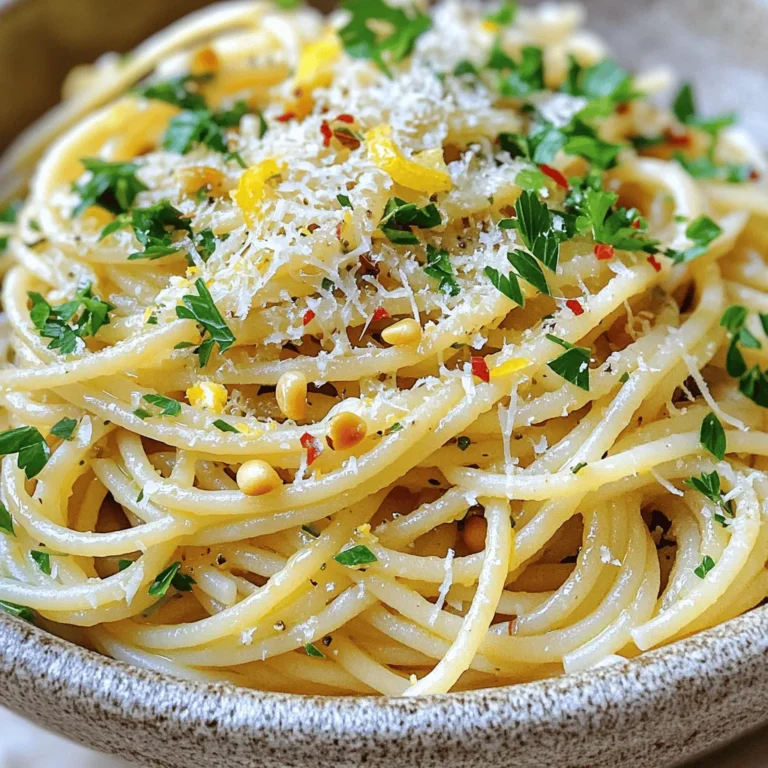 To make a great spaghetti aglio e olio, you need simple and fresh ingredients. Here’s what you will need: - 400g spaghetti - 6 cloves garlic, thinly sliced - 1/2 cup good-quality extra-virgin olive oil - 1/4 teaspoon red pepper flakes (adjust to taste) - Salt, to taste - 1/4 cup fresh parsley, finely chopped - Zest of 1 lemon These main ingredients create a base that shines with flavor and texture. The garlic and olive oil blend perfectly, giving the pasta its classic taste. While the main ingredients are key, you can add some optional items to take your dish up a notch: - 1/4 cup grated Parmesan cheese (optional) - Toasted pine nuts for garnish (optional) Adding Parmesan gives a creamy touch, while pine nuts add a nice crunch. You can mix and match these based on your taste. Quality matters in this simple dish. Here are some tips to select the best ingredients: - Pasta: Look for high-quality durum wheat spaghetti. It holds sauce well. - Garlic: Choose firm garlic bulbs. Fresh garlic has a stronger flavor. - Olive Oil: Use extra-virgin olive oil. It should be rich and fragrant. - Parsley: Pick fresh parsley with vibrant green leaves. Avoid wilted ones. - Cheese: If using Parmesan, choose block cheese over pre-grated for better flavor. These simple tips help you create a dish that tastes amazing. For the complete recipe, refer to the Full Recipe. Start by boiling water in a large pot. Add salt to the water. Once boiling, add 400g of spaghetti. Cook it until it is al dente, as per package instructions. This usually takes about 8 to 10 minutes. Before draining, save one cup of pasta water. Drain the spaghetti and set it aside for later. In a large skillet, heat 1/2 cup of extra-virgin olive oil over medium heat. Once the oil is warm, add 6 thinly sliced cloves of garlic and 1/4 teaspoon of red pepper flakes. Stir this mixture often. Cook until the garlic is soft and turns golden, which should take about 3 to 4 minutes. Be careful not to let the garlic burn. Next, lower the heat and add the drained spaghetti to the skillet. Toss the spaghetti well to coat it in the garlic oil. Now, take the reserved pasta water and slowly add it, a little at a time. Toss the pasta as you do this. This will help create a creamy texture that clings to the spaghetti. Season with salt to taste. Now it's time to add freshness. Stir in 1/4 cup of finely chopped parsley and the zest of one lemon. Make sure to mix thoroughly, as this will brighten the dish. If you like, add 1/4 cup of grated Parmesan cheese and toss again. For extra flavor, sprinkle some toasted pine nuts on top. Serve the spaghetti hot. Plate it while it's still warm for the best taste. You can garnish it with more parsley or Parmesan cheese if you want. Enjoy this simple and flavorful dish right away! If you wish to explore more details, check the Full Recipe. When making Spaghetti Aglio e Olio, some common mistakes can ruin your dish. First, do not let the garlic burn. It should be soft and golden, not brown. If it burns, the oil will taste bitter. Also, avoid overcooking the pasta. It should be al dente, which means it should have a slight bite. Lastly, do not skip the reserved pasta water. This starchy liquid helps create a creamy sauce. You can easily change the flavor of your Aglio e Olio. Want more heat? Add more red pepper flakes or even sliced fresh chili. If you like a brighter taste, add more lemon zest. For a richer flavor, toss in some grated Parmesan cheese. You can also try adding fresh herbs like basil or oregano. Each choice gives your dish a new twist. Cooking pasta seems simple, but a few tips make a big difference. Always use plenty of water and salt. This helps the pasta cook evenly and adds flavor. Stir the spaghetti in the pot to prevent sticking. Taste it a minute before the package says it’s done. This way, you’ll get the perfect al dente texture. Lastly, remember to reserve some pasta water before draining. It’s great for adjusting the sauce later. For a complete guide on making Spaghetti Aglio e Olio, check out the Full Recipe. {{image_2}} You can make Spaghetti Aglio e Olio even heartier by adding protein. Chicken or shrimp works great. For chicken, choose boneless, skinless thighs or breasts. Cook them in the olive oil before adding the garlic. For shrimp, sauté them until pink before mixing in the pasta. Both options add depth and keep the dish filling. If you want a vegan version, skip the cheese and use mushrooms instead. Mushrooms add a nice umami flavor. You can also toss in some spinach for added nutrients. Keep the garlic and olive oil for that classic taste. This way, you maintain the essence of the dish while making it plant-based. Get creative with your Spaghetti Aglio e Olio! You can add sun-dried tomatoes for sweetness. A splash of lemon juice brightens the dish nicely. Try adding capers for a salty burst. Each of these add-ins gives a new twist while keeping the core flavors intact. Explore your pantry and let your taste buds guide you! For the complete recipe, check out the [Full Recipe]. To keep your Spaghetti Aglio e Olio fresh, place it in an airtight container. Let it cool fully before sealing. Store it in the fridge for up to three days. If you want to eat it later, make sure to check for any signs of spoilage. When it's time to enjoy your leftovers, gently reheat them. You can use the microwave or a skillet. If you use a skillet, add a splash of olive oil or pasta water. This helps bring back the creamy texture. Stir frequently until heated through. Avoid cooking on high heat to keep the garlic from burning. If you want to freeze Spaghetti Aglio e Olio, store it in a freezer-safe container. It can last up to three months in the freezer. To reheat, let it thaw in the fridge overnight. Then, warm it in a skillet with a bit of olive oil or water. This method keeps the flavors intact. For full instructions, refer to the Full Recipe. Spaghetti Aglio e Olio comes from Italy, specifically Naples. This dish is simple but full of flavor. It uses just a few ingredients: garlic, olive oil, and red pepper flakes. Many chefs made this dish for years. It shows how tasty food can be with just a few items. Yes, you can make Spaghetti Aglio e Olio gluten-free! Use gluten-free spaghetti instead of regular pasta. There are many gluten-free options available today. Just cook it like regular pasta, and you will enjoy the same great taste. To change the spice level, adjust the red pepper flakes. Start with a small amount, like 1/8 teaspoon. Taste it, and then add more if you want more heat. You can also leave them out if you prefer a milder dish. You can serve Spaghetti Aglio e Olio with a fresh salad or garlic bread. A light green salad with lemon dressing pairs well. You can also add grilled chicken or shrimp for more protein. For complete details, check the Full Recipe. Spaghetti Aglio e Olio is simple yet full of flavor. We covered the key ingredients and tips for choosing the best ones. Cooking steps helped you make the perfect dish, while tips and variations gave you room to be creative. Storing leftovers and reheating properly helps you enjoy this meal longer. For all the details, check the full recipe. Enjoy cooking and tasting this classic dish!