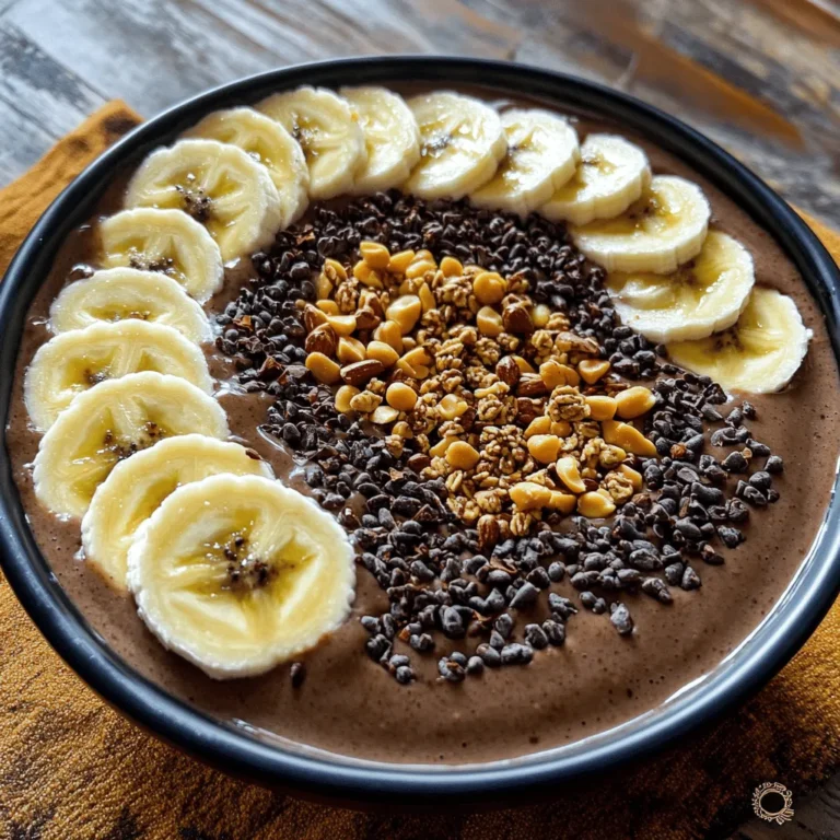To make a tasty chocolate peanut butter smoothie bowl, you need a few key items. Here’s what to gather: - 2 ripe bananas, frozen - 1 tablespoon unsweetened cocoa powder - 2 tablespoons natural peanut butter - 1 cup almond milk (or any milk of choice) - 1/2 teaspoon vanilla extract These ingredients blend together to create a creamy and rich base. The frozen bananas give it a smooth texture. The cocoa powder adds a deep chocolate flavor, while the peanut butter brings in that nutty goodness. Sometimes, you may want to add a little extra sweetness. Here are some options: - 1 tablespoon honey - 1 tablespoon maple syrup You can pick one of these sweeteners to enhance the flavor. If you prefer a less sweet bowl, you can skip this step. Toppings can take your smoothie bowl to the next level. Here are some fun ideas: - Sliced fresh banana - Granola - Cacao nibs - Crushed peanuts These toppings add texture and crunch. You can mix and match them based on your taste. For the full recipe, please refer to the section above. First, gather all your ingredients. You will need: - 2 ripe bananas, frozen - 1 tablespoon unsweetened cocoa powder - 2 tablespoons natural peanut butter - 1 cup almond milk (or any milk of choice) - 1 tablespoon honey or maple syrup (optional) - 1/2 teaspoon vanilla extract - Toppings: sliced fresh banana, granola, cacao nibs, and crushed peanuts Make sure your bananas are ripe and frozen. This makes the smoothie thick and creamy. Measure out the cocoa powder and peanut butter. You can use creamy or crunchy peanut butter based on your taste. Set everything close by for easy access. Now, it’s time to blend! In a blender, add the frozen bananas, cocoa powder, peanut butter, almond milk, honey or maple syrup (if using), and vanilla extract. Blend on high speed until smooth. If the mix is too thick, add a bit more almond milk. Stop the blender and scrape down the sides if needed. This will ensure everything mixes well. Aim for a creamy texture without any chunks. Once your smoothie is ready, pour it into a bowl. Use a spoon to smooth the top. Now comes the fun part—decorating! Place slices of fresh banana around the edge. This adds color and freshness. Next, sprinkle granola in the center for crunch. You can also add cacao nibs and crushed peanuts on top. This not only looks good, but tastes great too! Serve your delicious smoothie bowl right away. Enjoy every bite of this tasty and filling treat. For the full recipe, check out the earlier sections! To make your smoothie bowl smooth and creamy, use frozen bananas. They add a nice chill and thickness. Blend your ingredients well. If you find it too thick, add more almond milk a little at a time. You want a consistency that’s thick but still pourable. This helps it stay in the bowl and hold toppings well. A high-speed blender works best for this. Want to jazz up your bowl? You can add other fruits. Strawberries or spinach mix well. They add color and taste. A pinch of sea salt can make flavors pop, too. For a richer chocolate taste, try extra cocoa powder. If you love a nutty flavor, add some chopped nuts or seeds. You can switch up the nut butter for almond or cashew butter for a fun twist. One mistake is using unripe bananas. They won’t blend as smoothly and can taste bitter. Also, don’t skip the vanilla extract; it brings everything together. A common error is over-blending, which can make it too runny. Blend just enough until smooth. Finally, don’t forget the toppings! They add texture and make your bowl look inviting. For a great bowl, remember these tips! Check the Full Recipe for more guidance. {{image_2}} To make a vegan version of this smoothie bowl, simply swap the regular milk with plant-based milk. Almond, soy, or oat milk work great. You can also skip the honey and use maple syrup instead for sweetness. This keeps your bowl fully vegan while still tasting amazing. If you want extra protein, add a scoop of your favorite protein powder. You can also blend in Greek yogurt, tofu, or nut butter. These additions help keep you full longer and boost your energy for the day. Toppings can change with the seasons. In summer, use fresh berries like strawberries and blueberries. In fall, add sliced apples or pears. You can even sprinkle some pumpkin seeds for a fun crunch. Each fruit adds a new flavor to your bowl, making it exciting every time. For the full recipe, check the main recipe section. If you have leftover smoothie bowl, store it in an airtight container. Keep it in the fridge. It stays fresh for up to 24 hours. The smoothie might thicken as it sits. You can add a splash of milk to loosen it up before eating. Just stir it well and enjoy. You can freeze extra smoothie ingredients for later use. Slice ripe bananas and freeze them in a single layer. This way, they won’t stick together. You can also freeze peanut butter in ice cube trays. Just scoop out the amount you need later. Cocoa powder and almond milk store well in your pantry or fridge. Meal prep makes smoothie bowls easy and quick. Portion out your ingredients in containers. This saves time in the morning. You can blend everything fresh when you're ready to eat. Freeze your cut fruit and store your dry ingredients together. This keeps everything organized and ready to use. For full details, check the Full Recipe. You can use any milk you like. Options include cow's milk, soy milk, or oat milk. Each type adds its own flavor. If you prefer non-dairy options, coconut milk works well too. Just choose whatever fits your taste or diet needs. Yes, you can make the smoothie bowl ahead of time. Blend all the ingredients and store it in the fridge. Just keep in mind that it may thicken. You might need to add a splash of milk before serving. For best taste, eat it fresh, but it’s fine to prep in advance. To boost nutrition, add a handful of spinach or kale. These greens blend well and don't change the taste much. You can also mix in chia seeds or flaxseeds for extra fiber and omega-3s. Another option is to use Greek yogurt for added protein. These small changes make your bowl even healthier. For the full recipe, check out the detailed steps to create your own Chocolate Peanut Butter Smoothie Bowl! This blog post covered how to create a delicious chocolate peanut butter smoothie bowl. You learned about the key ingredients, optional sweeteners, and great toppings. I provided step-by-step instructions and helpful tips to get the right texture. You also discovered fun variations and storage tips for leftovers. With all this info, you can now enjoy a tasty and healthy treat. Dive in, try it out, and get the most from your smoothie bowl!