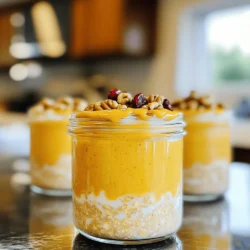 To make Pumpkin Spice Overnight Oats, gather the following key items: - 1 cup rolled oats - 1 cup almond milk (or any milk of your choice) - 1/2 cup pure pumpkin puree These main ingredients form the base of your meal. The rolled oats provide fiber and texture. The almond milk adds a creamy touch. The pumpkin puree gives that rich, warm flavor we love in fall. Next, let's add some sweetness and spice: - 1 tablespoon maple syrup (adjust for sweetness) - 1 teaspoon pumpkin pie spice - 1/2 teaspoon vanilla extract Maple syrup sweetens your oats. Adjust it to your taste. Pumpkin pie spice brings that classic fall flavor. Vanilla extract adds depth and warmth. Together, they create a festive taste. Finally, you can finish your oats with fun toppings: - Chopped walnuts or pecans for topping - Dried cranberries or raisins for garnish Nuts not only add crunch but also healthy fats. Dried fruits give a sweet burst in every bite. These toppings make your overnight oats both tasty and pretty. You can find the full recipe for Pumpkin Spice Overnight Oats above. Enjoy making this creamy and flavorful meal! Start by gathering your ingredients. You need rolled oats, almond milk, pure pumpkin puree, maple syrup, pumpkin pie spice, vanilla extract, and salt. In a medium bowl, combine these items. Use a spatula or a spoon to mix until everything blends well. The oats should be fully coated with the pumpkin mixture. This step is crucial for flavor. Now that you have a well-mixed oat mixture, it’s time to divide it. Take your jars or airtight containers and pour the mixture evenly into them. Cover each jar tightly. Place them in the fridge overnight. This allows the oats to soak up the flavors and become creamy. You can prepare them the night before for a quick breakfast. When morning comes, it’s time to enjoy your oats. Take your jars out of the fridge and stir the oats well. If you want a creamier texture, add a splash of milk. This makes each bite smooth and delicious. Finally, top the oats with your favorite nuts, like walnuts or pecans. You can also add some dried fruit, such as cranberries or raisins. This adds a nice touch of sweetness and texture. For the full recipe, check out the details above. To get creamy oats, adjust the liquid. If you want thicker oats, use less milk. If you enjoy them creamier, add more milk. Letting the oats soak overnight helps them absorb flavors. This makes every bite taste better. You can switch the milk for any type you like. Almond, soy, or oat milk work well. If you want the oats sweeter, try different sweeteners. Honey or agave syrup can be good options. For extra protein, mix in Greek yogurt. This adds creaminess and boosts nutrition. Serve your oats in clear jars. This shows off the lovely layers. Add a drizzle of maple syrup for shine. You can also sprinkle extra pumpkin pie spice on top. Chopped nuts and dried fruit make great garnishes. They add texture and color, making your meal look special. For the full recipe, check out the [Full Recipe]. {{image_2}} You can change your pumpkin spice overnight oats with seasonal fruits. Apples and pears add sweetness and freshness. Just chop them up and mix them in before you refrigerate. You can also try new spice blends. For example, add cinnamon or nutmeg for a twist on flavor. This keeps your oats exciting and fun. Want to make your oats even healthier? Add chia seeds or flaxseeds. They give a boost of fiber and nutrients. Just a tablespoon or two can make a big difference. You might also want to mix in protein powder. This helps you feel full longer. It also adds a creamy texture to your oats. If you are short on time, there are quick options. You can mix oats, milk, and flavors in a jar. Experiment with different flavors like chocolate or berry. You don’t need to blend everything if you're in a hurry. Just stir and let it sit overnight. Enjoy your tasty meal in the morning! For the full recipe, check out the details provided earlier. To keep your pumpkin spice overnight oats fresh, store them in an airtight container. This helps prevent any strong smells from other foods in your fridge from mixing in. The oats will taste best within three to four days. After this, the texture may change, and they can lose flavor. You can freeze these oats if you want to store them longer. First, divide the mixture into freezer-safe containers. Leave some space at the top, as the oats will expand when frozen. To enjoy them later, take them out and thaw overnight in the fridge. This method keeps the taste strong and fresh. For the best texture, eat them within three months. You can enjoy overnight oats cold or warm. Cold oats are quick, refreshing, and perfect for busy mornings. On the other hand, hot oats feel cozy and comforting, especially in cooler weather. If you prefer them warm, simply microwave them for 30 to 60 seconds. Stir well to ensure even heating. If the mixture seems too thick, add a splash of milk for a creamier finish. Yes, you can easily make these oats vegan. Just swap regular milk for plant-based milk. Almond, oat, or soy milk all work well. For sweeteners, use agave syrup or coconut sugar instead of maple syrup if you prefer. This way, you keep all the great flavors while keeping it plant-based. You can store these oats for up to five days in the fridge. Make sure you keep them in airtight containers. They taste best within the first three days. After that, the oats might soak up too much liquid and lose their creamy texture. Absolutely! You can get creative with toppings. Try adding fresh fruit, like bananas or berries. Nuts, seeds, or granola also add a nice crunch. For a sweet touch, drizzle a little honey or more maple syrup. Explore different options to find your perfect combination. For more ideas, check out the [Full Recipe]. Pumpkin spice overnight oats are simple and delicious. You blend oats, almond milk, and pumpkin puree, then add spices and sweeteners. After mixing, refrigerate the jars overnight. This meal is easy to customize with fruits or proteins and can stay fresh for days. In the end, I encourage you to explore these recipes. Enjoy the flavors and make them your own! Your ideal breakfast awaits, ready for you each morning.
