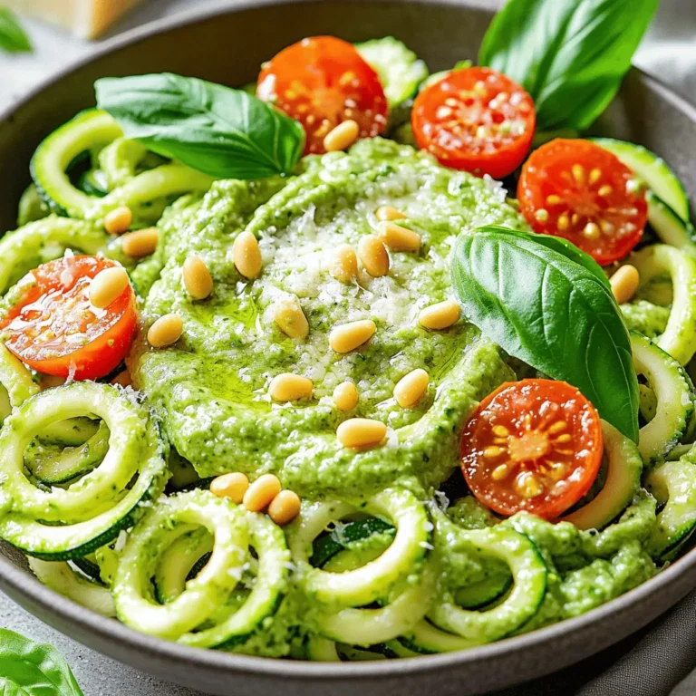 - 4 medium zucchinis, spiralized - 1 ripe avocado - 1 cup fresh basil leaves - 2 tablespoons pine nuts - 2 garlic cloves, minced - 2 tablespoons lemon juice - 3 tablespoons olive oil - Salt and pepper to taste - Cherry tomatoes, halved (for garnish) - Grated Parmesan cheese (optional, for serving) When I make zucchini noodles with pesto, I focus on fresh, simple ingredients. Zucchini noodles serve as a great base. They soak up flavor and bring a nice crunch. Avocado adds creaminess and healthy fats. Fresh basil gives the dish an aromatic kick. Pine nuts add a bit of crunch. Garlic and lemon juice brighten the flavors. Olive oil ties everything together. You can adjust salt and pepper to fit your taste. - Calories per serving: Approximately 250 - Macronutrient breakdown: - Carbohydrates: 20g - Protein: 5g - Fat: 18g This dish is light but filling. It provides a good mix of carbs, proteins, and healthy fats. It's perfect for a quick meal. The calories are low, making it a great option for many diets. - Spiralizer or vegetable peeler - Food processor - Large pan Using the right tools makes cooking easier. A spiralizer is key for making zucchini noodles. If you don’t have one, a vegetable peeler works too. A food processor blends the pesto quickly. A large pan is needed to sauté the noodles. Each tool helps you create a great meal with ease. For the full recipe, check the details above. To start, spiralizing your zucchinis is fun and easy. You can use a spiralizer or a vegetable peeler. Just slice off the ends first. Then, push the zucchini through the spiralizer. If using a peeler, make long strips. Aim for thin, noodle-like strands. Once spiralized, set the zucchini noodles aside on a plate. Next, we make the avocado pesto. Gather your ingredients: avocado, fresh basil leaves, pine nuts, garlic, lemon juice, olive oil, salt, and pepper. In a food processor, add all these items. Blend until the mix is smooth and creamy. You may need to scrape down the sides. Taste your pesto and adjust the flavor. Add more salt or lemon juice if needed. Now, it’s time to cook the zucchini noodles. In a large pan, heat a drizzle of olive oil over medium heat. Add the spiralized zucchini noodles and sauté for about 2-3 minutes. You want them to soften but not become mushy. Remove the pan from heat and stir in the avocado pesto. Mix until the noodles are well coated. Serve right away, garnishing with cherry tomatoes and Parmesan cheese if you like. Check out the Full Recipe for more details! To avoid overcooked zucchini, sauté the noodles for only 2-3 minutes. You want them soft but still firm. If you cook too long, they become mushy. For seasoning, start with salt and pepper. You can add more lemon juice for brightness. Try a pinch of red pepper flakes for heat. Creating an appetizing bowl starts with how you arrange the noodles. Use a twirling fork to make a nest shape in the center. Drizzle extra pesto over the top for a glossy finish. Add halved cherry tomatoes around the bowl for color. A sprinkle of grated Parmesan can add a nice touch, too. Using a spiralizer is simple. Hold the zucchini firmly and twist it to make noodles. If you don’t have a spiralizer, a vegetable peeler works well too. To get a creamy pesto, blend the ingredients until smooth. If it's too thick, add a little olive oil or water to reach your desired consistency. {{image_2}} You can add protein to make this dish heartier. Chicken or shrimp work well. Just cook the protein first, then mix it in with the zucchini noodles. For a plant-based option, try chickpeas or tofu. You can also change up the nuts in your pesto. Instead of pine nuts, use walnuts or cashews for a different flavor. Each nut adds its own twist to the creamy sauce. If you want to make this dish vegan-friendly, skip the cheese or use a plant-based alternative. Nutritional yeast is a great choice for a cheesy flavor without dairy. Zucchini noodles are naturally gluten-free. To keep your dish gluten-free, just ensure any added ingredients, like sauces or toppings, are also gluten-free. Spice things up by adding red pepper flakes to your pesto or sautéed noodles. This gives it a nice kick. You can also play with herbs. Try mixing basil with parsley or cilantro for a fresh taste. Each herb brings a new layer of flavor to your dish. If you want to see the full recipe, check out the Zesty Zucchini Noodles with Avocado Pesto. To keep your zucchini noodles and pesto fresh, use airtight containers. Glass or plastic containers work well. Store them in the fridge. They stay good for about three days. Make sure to separate the noodles from the pesto to keep both fresh. This prevents sogginess in your noodles. When reheating, use a skillet over low heat. This warms the noodles gently. Avoid microwaving, as it can make them mushy. Pesto does not reheat well. The oils may separate, changing its texture and taste. Always reheat just what you plan to eat. You can freeze pesto for later use. Place it in ice cube trays for easy portions. Once frozen, transfer the cubes to a bag. Zucchini noodles do not freeze well. They become watery when thawed. If you must freeze them, freeze raw noodles. Thaw them in the fridge before cooking. You can make zucchini noodles without a spiralizer. Use a vegetable peeler instead. Simply peel long strips off the zucchini. You can also use a box grater to create thin strands. Both methods work well to create noodles. The texture may differ slightly, but they will still taste great. Yes, you can use store-bought pesto. It saves you time and effort. Many brands offer tasty options. However, pre-made pesto may contain preservatives or added oils. Making your own allows for fresher flavors and healthier choices. If you choose store-bought, look for brands with clean ingredients. Zucchini noodles stay fresh for about three days when stored properly. Keep them in an airtight container in the fridge. They will lose some texture over time. For the best taste, enjoy them soon after making. If you notice any sliminess, it’s time to toss them out. This blog post covered many aspects of making a delicious zucchini noodle dish. We explored ingredients, prepared an easy avocado pesto, and offered tips for perfecting your meal. You learned how to combine flavors and find fun variations while keeping it healthy. Remember to store leftovers right and enjoy your creation for days. Cooking can be simple and tasty with these easy steps. Happy cooking!