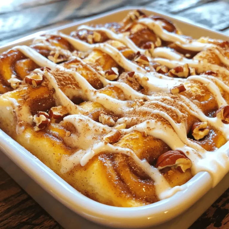 To make a tasty cinnamon roll casserole, you'll need: - 1 can (16 oz) refrigerated cinnamon rolls, cut into quarters - 4 large eggs - 1 cup milk (whole or almond for a dairy-free option) - 1/2 cup brown sugar, packed - 1 teaspoon vanilla extract - 1 teaspoon ground cinnamon - 1/4 teaspoon nutmeg - 1/2 cup pecans or walnuts, chopped (optional) - 1/2 cup raisins or dried cranberries (optional) - 1 cup cream cheese frosting (from the cinnamon roll can or homemade) When choosing your ingredients, freshness is key. - Cinnamon Rolls: Look for high-quality, refrigerated rolls. - Milk: Use fresh milk; check the expiration date. - Eggs: Choose eggs with bright yolks for rich flavor. - Nuts and Fruits: If using, ensure nuts are crunchy and fruits are plump. You can easily adapt this recipe to fit your needs. - Dairy-Free: Substitute whole milk with almond or oat milk. - Nut-Free: Omit nuts or use seeds like pumpkin seeds instead. - Sugar-Free: Use a sugar alternative in place of brown sugar. - Gluten-Free: Use gluten-free cinnamon rolls for a safe option. For the full recipe, check out the detailed instructions. Start by gathering all your ingredients. You will need: - 1 can (16 oz) refrigerated cinnamon rolls, cut into quarters - 4 large eggs - 1 cup milk - 1/2 cup brown sugar - 1 teaspoon vanilla extract - 1 teaspoon ground cinnamon - 1/4 teaspoon nutmeg - 1/2 cup chopped pecans or walnuts (optional) - 1/2 cup raisins or dried cranberries (optional) - 1 cup cream cheese frosting Next, preheat your oven to 375°F (190°C). Grease a 9x13-inch baking dish with cooking spray or butter. In a large bowl, whisk together the eggs, milk, brown sugar, vanilla extract, ground cinnamon, and nutmeg. Mix until you see no lumps. Now, add the quartered cinnamon rolls to the egg mixture. Make sure all pieces are covered well. If you want, stir in the nuts and dried fruit. Pour the mixture into the baking dish and spread it evenly. Place your baking dish in the preheated oven. Bake for 25 to 30 minutes. Keep an eye on it. You want the top to be golden brown. To check if it's done, use a toothpick. Insert it into the center of the casserole. If it comes out clean, it's ready. If not, bake for a few more minutes and check again. Let it cool for about 5 minutes before drizzling with cream cheese frosting. For the complete recipe, refer to the Full Recipe section. Enjoy your delicious cinnamon roll casserole! To get that fluffy texture, cut the cinnamon rolls into quarters. This helps them soak up the egg mixture. Make sure to mix them well in the bowl. You want every piece coated. Bake until the top is golden brown. This usually takes about 25-30 minutes at 375°F. Let it rest for a few minutes after baking. This helps it firm up before serving. One common mistake is not cutting the cinnamon rolls small enough. If they are too large, they won't cook evenly. Another mistake is under-baking. Always check with a toothpick. If it comes out clean, your casserole is ready. Also, don’t skip the resting time. Serving it too soon can make it fall apart. Serve the casserole warm. Cut it into squares for easy serving. Drizzle cream cheese frosting on top for a sweet touch. For added flavor, sprinkle some extra cinnamon or nuts. You can also pair it with fresh fruit like berries or banana slices. This adds freshness and balance to the dish. If you want the full recipe, check out the details above. {{image_2}} You can switch up the flavors in your Cinnamon Roll Casserole. Try using flavored cinnamon rolls, like pumpkin spice or apple cinnamon. These variations will add a fun twist. You could also mix in chocolate chips or swap in a flavored cream cheese frosting. This keeps breakfast exciting! To make this dish gluten-free, look for gluten-free cinnamon rolls. They work just as well. If you want a vegan version, use almond milk and replace the eggs with flax eggs. This will not change the taste too much. Both options let everyone enjoy this tasty meal. Get creative with seasonal flavors! In fall, add chopped apples or pumpkin puree. For winter, consider cranberries or walnuts. In spring, fresh berries can brighten the dish. Top with whipped cream or a drizzle of maple syrup for extra sweetness. These add-ins create a unique experience each time! For the complete recipe, check out the [Full Recipe]. Store any leftover cinnamon roll casserole in an airtight container. Make sure it cools down first. You can keep it in the fridge for up to three days. If you have more than one serving left, cut them into squares for easier storage. To reheat, place a square of the casserole on a microwave-safe plate. Heat it for about 30 seconds on high. Check if it’s warm enough. If not, heat for another 15 seconds. You can also reheat it in the oven. Preheat your oven to 350°F (175°C). Place the casserole in for about 10-15 minutes. Cover it with foil to keep it from drying out. If you want to save some for later, freezing is a good option. First, let the casserole cool completely. Then, cut it into serving-sized squares. Wrap each square tightly in plastic wrap and place them in a freezer-safe bag. Make sure to remove as much air as possible. You can freeze the casserole for up to three months. When you're ready to eat, thaw it in the fridge overnight before reheating. For the best taste, eat it within one month. Make sure to check out the Full Recipe for more delicious tips! Yes, you can make Cinnamon Roll Casserole ahead of time. Prepare the dish the night before. After mixing the cinnamon rolls with the egg mixture, cover the dish. Store it in the fridge overnight. This way, the flavors blend well. In the morning, simply bake it. You will have a warm and tasty breakfast ready to go. To avoid a soggy casserole, do not use too much milk. Stick to one cup as the recipe suggests. Ensure the cinnamon rolls are cut into small pieces. This helps them absorb the mixture without getting too mushy. Bake the casserole until it is golden brown. A toothpick should come out clean from the center. Cut the casserole into squares and serve it warm. Drizzle cream cheese frosting over the top for added flavor. You can also sprinkle some cinnamon or chopped nuts for a nice touch. Serve it on individual plates for a pretty presentation. This makes every bite feel special and delightful! This blog post covered everything you need for a great Cinnamon Roll Casserole. We looked at key ingredients and helpful tips for freshness, plus how to make smart substitutions. The step-by-step guide made the cooking process easy. I shared tips for achieving perfect texture and common mistakes to avoid. Variations offer fun ways to customize this dish. Finally, storage info ensures you can enjoy leftovers later. Follow these steps and enjoy a delicious casserole next time! It's that simple.