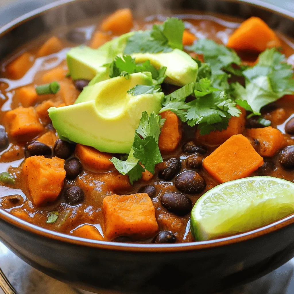 - 2 medium sweet potatoes, peeled and diced - 1 can (15 oz) black beans, rinsed and drained - 1 can (14 oz) diced tomatoes with green chilies - 1 medium onion, diced - 3 cloves garlic, minced - 1 bell pepper (any color), diced - 1 cup corn (frozen or fresh) - 2 cups vegetable broth - 1 tablespoon chili powder - 1 tablespoon cumin - 1 teaspoon smoked paprika - 1 teaspoon oregano - Salt and pepper to taste - 2 tablespoons olive oil - Fresh cilantro, for garnish - Avocado slices, for topping (optional) Each serving offers a healthy balance of nutrients. You get around 250 calories, 10 grams of protein, and 8 grams of fiber. This chili is low in fat and rich in vitamins. It provides a good source of Vitamin A from sweet potatoes and antioxidants from black beans. Sweet potatoes are not just tasty; they are packed with beta-carotene. This helps keep your eyes and skin healthy. Black beans add protein and fiber, which aid digestion and keep you full. Tomatoes are rich in lycopene, known for heart health. Corn adds natural sweetness and vitamin C. Garlic and onion boost your immune system and flavor, making this dish both hearty and healthy. Check out the Full Recipe for all the details! To make Sweet Potato Black Bean Chili, gather all your ingredients first. This keeps your cooking smooth and easy. Here’s what you need: - 2 medium sweet potatoes, peeled and diced - 1 can (15 oz) black beans, rinsed and drained - 1 can (14 oz) diced tomatoes with green chilies - 1 medium onion, diced - 3 cloves garlic, minced - 1 bell pepper (any color), diced - 1 cup corn (frozen or fresh) - 2 cups vegetable broth - 1 tablespoon chili powder - 1 tablespoon cumin - 1 teaspoon smoked paprika - 1 teaspoon oregano - Salt and pepper to taste - 2 tablespoons olive oil - Fresh cilantro, for garnish - Avocado slices, for topping (optional) Make sure to have a large pot ready. It will hold all your ingredients. 1. Start by heating the olive oil in the large pot over medium heat. 2. Add the diced onion and bell pepper. Cook them until the onion turns clear, about 5 minutes. 3. Stir in the minced garlic. Cook for 1-2 minutes until you can smell it. 4. Next, add the diced sweet potatoes, corn, black beans, diced tomatoes, and vegetable broth to the pot. 5. Sprinkle the chili powder, cumin, smoked paprika, oregano, salt, and pepper. Mix everything well. 6. Bring the chili to a boil. Then lower the heat and let it simmer for 25-30 minutes. Stir it a bit to stop it from sticking. 7. Check the taste. Add more salt, pepper, or spices if you want. 8. Once the sweet potatoes are soft, serve the chili hot. You can garnish with fresh cilantro and avocado slices if you like. To get the best texture in your chili, cut the sweet potatoes into even pieces. This helps them cook at the same rate. Stir often to keep everything mixed up. If the chili is too thick, add a splash of broth or water. If it’s too thin, let it simmer longer without a lid. This will help it thicken up. Enjoy your hearty bowl of Sweet Potato Black Bean Chili! For the full recipe, refer to the earlier section. When making Sweet Potato Black Bean Chili, avoid these common pitfalls: - Not rinsing black beans: Rinse canned black beans to remove excess salt. - Overcooking vegetables: Cook sweet potatoes until soft but not mushy. - Skipping the spices: Spices add depth. Don’t skip chili powder and cumin. - Not tasting as you go: Always taste and adjust seasonings before serving. - Ignoring texture: Stir occasionally to prevent sticking and ensure even cooking. You can make this chili your own in many ways: - Add protein: Mix in cooked chicken or turkey for extra heartiness. - Change the beans: Use pinto or kidney beans for a different flavor. - Mix in greens: Spinach or kale can add color and nutrients. - Adjust the heat: Add diced jalapeños or hot sauce for spice lovers. - Experiment with toppings: Try sour cream, cheese, or lime wedges for extra zing. Serve your chili in a fun and inviting way: - Use deep bowls: This helps keep the chili warm and looks great. - Garnish with fresh cilantro: A sprinkle adds a fresh taste and color. - Offer lime wedges: They add a bright flavor twist when squeezed on top. - Pair it with tortilla chips: Chips add a crunchy contrast to the chili. - Serve with cornbread: This classic side complements the chili perfectly. For the full recipe, check the Sweet Potato Black Bean Chili section. {{image_2}} Sweet Potato Black Bean Chili is already vegetarian and vegan-friendly. You can enjoy it without any animal products. The black beans and sweet potatoes give it a great taste and texture. If you want to add more protein, toss in some quinoa or lentils. These options keep the chili healthy and filling while sticking to plant-based ingredients. If you like heat, you can add more spice easily. Try adding diced jalapeños or a pinch of cayenne pepper. You can also use a spicier chili powder for a real kick. For a milder version, skip the chili powder or use sweet paprika. Make sure to taste as you go to find your perfect balance. You can switch out ingredients to create new flavors. Instead of sweet potatoes, try butternut squash for a different twist. If you want more texture, add zucchini or bell peppers. You can also swap black beans for kidney beans or pinto beans. Each change gives the chili its own unique taste. For a richer flavor, add some cocoa powder or a splash of beer. For the full recipe, check out the cooking instructions. Enjoy experimenting with these variations! To keep your chili fresh, let it cool first. Then, pour it into a clean, airtight container. Seal tightly and store it in the fridge. Leftover chili can stay good for about three to four days. Make sure you label the container with the date. This way, you won't forget when you made it. If you want to save the chili for later, freezing is a great option. Use freezer-safe containers or heavy-duty bags. Divide the chili into portions for easy meals. Leave some space at the top of the container as the chili will expand when frozen. You can freeze it for up to three months. When you are ready to eat, just thaw it in the fridge overnight. For the best taste, reheat the chili on the stove. Pour it into a pot and warm it over medium heat, stirring often. If the chili seems thick, add a splash of vegetable broth or water. You can also reheat it in the microwave. Use a microwave-safe bowl and cover it loosely. Heat in short bursts, stirring in between. Enjoy your chili just like it was freshly made! Yes, you can make Sweet Potato Black Bean Chili in a slow cooker. Just add all the ingredients to the pot. Set it on low for 6 to 8 hours. If you use high heat, cook for 3 to 4 hours. This method makes everything tender and tasty. The slow cooker brings out the rich flavors of each ingredient. It also makes your kitchen smell amazing while it cooks! Sweet Potato Black Bean Chili lasts about 4 to 5 days in the fridge. Store it in an airtight container. Make sure it cools down before you put it away. This helps keep the flavors fresh and vibrant. If you want to enjoy it later, you can freeze it too. Just follow the freezing tips I share in the Storage Info section. You can serve Sweet Potato Black Bean Chili with many tasty sides. Here are a few ideas: - Cornbread for a sweet touch. - Rice or quinoa for added heartiness. - Tortilla chips for a crunchy bite. - A fresh salad to balance the warmth. - Slices of avocado on top for creaminess. These sides make your meal more fun and filling. Try different combinations to find your favorite! For the full recipe, check out the earlier section. In this post, we explored the delicious Sweet Potato Black Bean Chili. You learned about its key ingredients, health benefits, and cooking steps. We covered tips to avoid common mistakes and how to customize your chili to fit your taste. We also discussed storage methods and answered frequent questions. Now you have all the tools to make great chili. Enjoy cooking and sharing this dish with others. Happy eating!