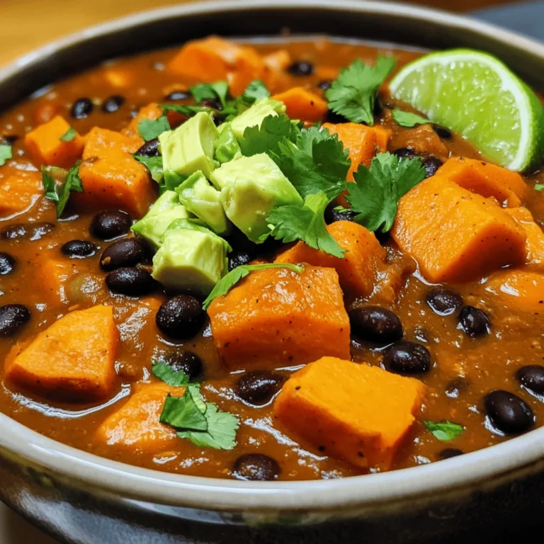 To make a tasty Sweet Potato Black Bean Chili, you need: - 2 medium sweet potatoes, peeled and diced - 1 can (15 oz) black beans, drained and rinsed - 1 can (14 oz) diced tomatoes with green chilies - 1 yellow onion, chopped - 2 cloves garlic, minced - 1 bell pepper (any color), chopped - 2 cups vegetable broth - 1 tablespoon olive oil - 2 teaspoons ground cumin - 1 teaspoon smoked paprika - 1 teaspoon chili powder - Salt and pepper to taste For optional garnishes and toppings, consider: - 1 avocado, diced - Fresh cilantro, chopped - Lime wedges for serving This recipe is perfect for a cozy night in or a gathering with friends. The sweet potatoes add a nice touch of sweetness that pairs well with the rich flavors of the black beans and spices. You can find the full recipe and instructions to get started on this delightful dish. To make Sweet Potato Black Bean Chili, follow these easy steps. This chili is hearty and full of flavor. 1. Heat the Oil: In a large pot, heat the olive oil over medium heat. 2. Sauté Onion and Garlic: Add the chopped onion and minced garlic. Cook until the onion turns soft, about 5 minutes. 3. Add Bell Pepper: Stir in the diced bell pepper. Cook for 2-3 minutes until it softens a bit. 4. Mix in Sweet Potatoes: Add the diced sweet potatoes to the pot and stir. Let them cook for another 5 minutes to start softening. 5. Season the Mixture: Add ground cumin, smoked paprika, chili powder, salt, and pepper. Stir well to coat the vegetables. 6. Add Tomatoes and Broth: Pour in the diced tomatoes with their juices and the vegetable broth. Bring it to a boil. 7. Simmer: Reduce the heat to low and cover the pot. Let the chili simmer for 20-25 minutes until the sweet potatoes are tender. Stir occasionally to prevent sticking. 8. Add Black Beans: Once the sweet potatoes are soft, mix in the black beans. Heat for another 5 minutes to warm the beans. 9. Taste and Adjust: Taste your chili and add more seasoning if needed. 10. Serve: Serve hot, garnished with diced avocado, fresh cilantro, and lime wedges for squeezing. For the full recipe, check the details above. Enjoy crafting this delightful chili! To get the best texture and flavor in your chili, focus on the sweet potatoes. Cut them into small, even pieces. This helps them cook faster and blend well with the other ingredients. For added depth, sauté the onion and garlic until they are soft and fragrant. This step adds a rich base flavor to your dish. If you want to adjust the spiciness, start with mild spices. You can always add more chili powder later. For a smoother heat, consider using fresh jalapeños or crushed red pepper flakes. Taste as you go, and find the heat level that feels right for you. Sweet Potato Black Bean Chili pairs well with a variety of sides. Serve it with warm cornbread or tortilla chips for a nice crunch. You can also enjoy it over rice or quinoa for a heartier meal. When garnishing, top each bowl with diced avocado and fresh cilantro. These add creaminess and brightness. Lime wedges on the side offer a zesty kick when squeezed over the chili. This balance of flavors will make every bite a delight! For the full recipe, check out the Sweet Potato Black Bean Chili details. {{image_2}} You can easily add protein to your chili. Try adding cooked chicken or ground turkey. If you're vegan, use lentils or chickpeas. These options boost flavor and nutrition. For dietary needs, make this chili gluten-free by checking your vegetable broth. Most brands are safe, but double-check. You can also swap black beans for pinto or kidney beans. To change the flavor, play with spices. Add cayenne for heat or oregano for a fresh kick. You can also try fresh herbs like basil or parsley. They can bring new life to every bowl. Seasonal veggies are a great addition. In fall, add butternut squash. In summer, toss in corn or zucchini. This keeps your chili exciting and fresh! To keep your Sweet Potato Black Bean Chili fresh, store it in airtight containers. Let the chili cool down before placing it in the fridge. This helps avoid moisture build-up. In the fridge, the chili lasts for about 3 to 5 days. If you want to save it longer, freeze it in portion-sized containers. It will keep well for up to 3 months in the freezer. When you're ready to enjoy the chili again, reheat it gently. You can use the stove or microwave. If using the stove, warm it over low heat. Stir often to keep it from sticking. If using the microwave, heat it in short bursts, stirring in between. This keeps the flavors intact and makes sure it heats evenly. Enjoy your comforting bowl of Sweet Potato Black Bean Chili! For the full recipe, check out the earlier section. How to make Sweet Potato Black Bean Chili spicier? To spice up your chili, add more chili powder or diced jalapeños. You can also mix in hot sauce for an extra kick. Start with a little, then taste and adjust. This way, you control the heat level. Can I use other beans in this recipe? Yes, you can swap black beans for kidney beans or pinto beans. Both options work well and add a nice texture. Just remember to rinse and drain them before adding them to the pot. What is the nutritional value of Sweet Potato Black Bean Chili? This chili is packed with nutrients. Each serving has about 250 calories, 10 grams of protein, and 8 grams of fiber. Sweet potatoes add vitamins A and C while beans offer protein and iron. It’s a healthy choice for any meal. How can I make this recipe ahead of time? You can prepare the chili a day in advance. Just follow the recipe, let it cool, and store it in the fridge. The flavors will deepen overnight. Reheat it on the stove before serving. This makes dinner easy and quick! For the complete recipe, check out the [Full Recipe]. Sweet Potato Black Bean Chili is a simple and tasty dish. We covered ingredients, step-by-step cooking, and tips to make it perfect. You can adapt the recipe to suit your taste or dietary needs. Storing and reheating tips help keep your chili fresh. This meal is easy to prepare and customize, making it a great choice for any occasion. Embrace the flavors and enjoy this warm dish with friends and family. You’ll find that cooking can be fun and rewarding when you try new recipes.
