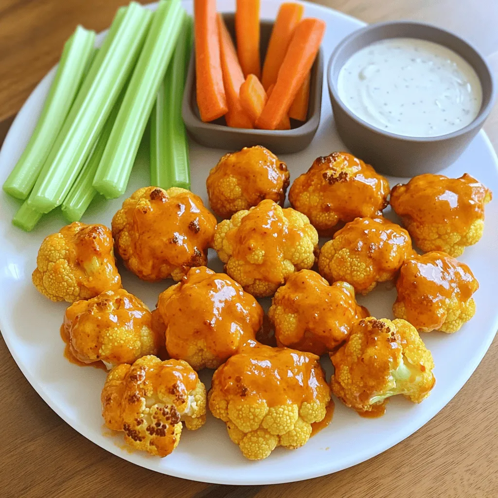 To make Buffalo Cauliflower Bites, you need a few key items. Here’s a list of essential ingredients: - 1 large head of cauliflower, cut into bite-sized florets - 1 cup all-purpose flour - 1 cup non-dairy milk (almond or soy milk work well) - 1 teaspoon garlic powder - 1 teaspoon onion powder - 1 teaspoon paprika - 1/2 teaspoon salt - 1/2 teaspoon black pepper - 1 cup buffalo sauce (store-bought or homemade) - 2 tablespoons melted vegan butter (optional) - Fresh celery sticks and carrot sticks for serving - Blue cheese or ranch dressing for dipping (optional) These ingredients come together to create a crunchy, spicy snack that packs a punch. If you want to enhance the taste, consider adding some optional ingredients. Here are a few ideas: - Cayenne pepper for extra heat - Fresh herbs like parsley or cilantro for garnish - Nutritional yeast for a cheesy flavor - A squeeze of lime juice for a zesty kick These additions can make your bites even more exciting. Not every ingredient has to be set in stone. Here are some easy swaps you can make: - Use chickpea flour instead of all-purpose flour for a gluten-free option. - Swap non-dairy milk for regular milk if you don’t need it to be vegan. - Substitute the buffalo sauce with barbecue sauce for a milder flavor. - Use any plant-based butter if you don’t have vegan butter. These substitutions allow you to customize the recipe to fit your taste and dietary needs. For the full recipe, check the instructions later in this article. First, you need to get your oven ready. Preheat it to 450°F (232°C). Line a baking sheet with parchment paper for easy cleanup. Next, take a large mixing bowl. Combine one cup of flour with one teaspoon of garlic powder, one teaspoon of onion powder, one teaspoon of paprika, half a teaspoon of salt, and half a teaspoon of black pepper. Whisk this mixture until it is well combined. Now, slowly add one cup of non-dairy milk to the flour mix. Stir gently until you get a smooth batter. This batter will help the cauliflower stick and get crunchy. Cut a large head of cauliflower into bite-sized florets. Dip each floret into the batter. Make sure to let any extra batter drip off. Place the coated florets on the prepared baking sheet. Place the baking sheet in your preheated oven. Bake the cauliflower bites for 25 to 30 minutes. They should turn golden brown and crispy. Halfway through, remember to turn them for even cooking. When the timer goes off, check that they are crispy. If they need more time, leave them in for a few more minutes. While your bites bake, prepare the buffalo sauce. In a separate bowl, mix one cup of buffalo sauce with two tablespoons of melted vegan butter. This step is optional but adds extra flavor. Once the cauliflower is out of the oven, transfer it to a large mixing bowl. Pour the buffalo sauce mixture over the hot cauliflower. Toss gently to coat each piece well. Now, return the coated bites to the baking sheet. Bake them for another 5 to 7 minutes. This step helps the sauce caramelize and stick better. Serve your buffalo cauliflower bites hot, paired with fresh celery sticks, carrot sticks, and your favorite dipping sauce. Enjoy this tasty snack! For the full recipe, check out the details above. To get those bites nice and crispy, start by preheating your oven to 450°F (232°C). This high heat helps them crisp up. Use a good amount of flour in your batter. A thick coating adds crunch. Don't forget to turn the cauliflower halfway through baking. This step makes sure all sides cook evenly. Adding spices to your batter is key. I recommend garlic powder, onion powder, and paprika. These spices bring out rich flavors. If you want more heat, try adding cayenne pepper. Toss the hot bites in buffalo sauce right after baking. This method ensures they soak up all the flavors. For a richer taste, mix in melted vegan butter with the sauce. Serve your buffalo cauliflower bites hot with fresh celery and carrot sticks. They are perfect for dipping! You can use ranch or blue cheese dressing. For a vegan option, look for a plant-based dressing. These bites make a great snack for parties or game days. They are fun and delicious! Enjoy every crispy bite! {{image_2}} You can spice up your Buffalo cauliflower bites easily. Try adding cayenne pepper to the flour mix. A pinch gives a nice kick. For even more heat, toss in some diced jalapeños. This adds a fresh, spicy punch. If you love heat, use extra buffalo sauce before serving. You can also mix in chili powder for a smoky flavor. You don’t have to stick to baking for these bites. Air frying is a great option. It cooks them quickly and makes them super crispy. Set your air fryer to 400°F (200°C) for about 15-20 minutes. Shake the basket halfway through to ensure even cooking. You can also grill the bites for a smoky taste. Just place them in a grill basket and cook over medium heat. This method gives you a nice char. Dipping sauces can take your bites to the next level. Traditional ranch or blue cheese work well. To make it fun, try a spicy avocado dip. Just mash avocado with lime juice and hot sauce. You could also mix yogurt with herbs for a fresh taste. For a sweet twist, combine honey with mustard. This balance of flavors enhances the dish. Feel free to experiment and find your perfect match! For the complete recipe, check [Full Recipe]. To keep your Buffalo Cauliflower Bites fresh, let them cool completely. Place them in an airtight container. This will prevent moisture and keep them crispy. You can store them in the fridge for up to three days. If you want them to last longer, consider freezing them. When you want to enjoy your leftover bites, preheat your oven to 350°F (175°C). Spread the cauliflower bites on a baking sheet. Bake them for about 10-15 minutes until they are warm and crispy again. Avoid using the microwave, as it can make them soggy. Buffalo Cauliflower Bites can last in the fridge for three days. If you freeze them, they can last for up to three months. To freeze, place the cooled bites in a single layer on a baking sheet. Once frozen, transfer them to a freezer-safe bag. This way, you can enjoy this tasty snack whenever you want! For detailed cooking steps, refer to the Full Recipe. Buffalo cauliflower bites are a tasty snack. They use cauliflower florets, coated in batter, and baked until crispy. The bites are tossed in spicy buffalo sauce. This dish brings the bold flavor of buffalo wings but is plant-based. Yes, you can easily make buffalo cauliflower bites gluten-free. Just swap all-purpose flour for a gluten-free flour blend. Many blends work well here. You can also use almond flour or chickpea flour. Both options keep the bites crispy and delicious. To make them spicier, add cayenne pepper or hot sauce to the batter. You can also increase the amount of buffalo sauce. If you prefer milder bites, reduce the amount of buffalo sauce. Mixing in some honey or maple syrup can also tone down the heat. Yes, buffalo cauliflower bites can be a healthy snack. They have fewer calories than traditional wings. Cauliflower is rich in vitamins and fiber. Baked bites have less oil than fried options. Just watch how much sauce you add for a healthier choice. For the full recipe, check the section above. Buffalo cauliflower bites are a tasty and easy snack. We explored key ingredients and steps to make them. You learned tips for great flavor and texture. We also shared fun variations and how to store leftovers. These bites fit many diets and make perfect party food. Enjoy experimenting with flavors and dips. You can make this snack your own, and it’s sure to please everyone! Stick to the steps and tips for a delicious outcome. Happy cooking!