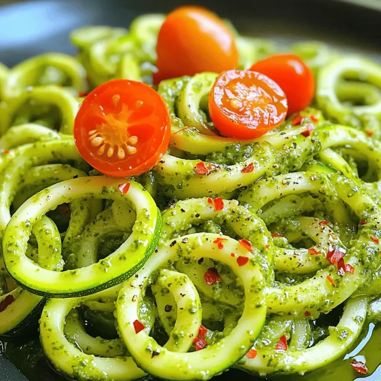 To make Zucchini Noodles with Pesto, gather the following fresh ingredients: - 3 medium zucchinis, spiralized - 1 cup fresh basil leaves - 1/4 cup toasted pine nuts - 1/4 cup grated Parmesan cheese - 2 garlic cloves - 1/4 cup olive oil - Salt and pepper to taste - 1 cup cherry tomatoes, halved (for garnish) - Optional: Red pepper flakes for a kick These ingredients bring together a healthy and flavorful dish. The zucchini serves as a great pasta alternative. The pesto adds a fresh, vibrant flavor. Each element works in harmony to create a light meal that feels indulgent. You can find the full recipe included above for all the steps to create this delightful dish. How do you spiralize zucchinis? First, wash your zucchinis well. Cut off the ends. Place one zucchini in the spiralizer and twist it. The machine will turn the zucchini into long, noodle-like strands. Repeat this with all zucchinis. What are tips for choosing the right zucchinis? Look for firm zucchinis with smooth skin. They should feel heavy for their size. Avoid zucchinis with soft spots or wrinkles. Fresh zucchinis give the best flavor and texture for your dish. What ingredients do you need for homemade pesto? You will need fresh basil leaves, toasted pine nuts, grated Parmesan cheese, garlic cloves, and olive oil. How do you make smooth pesto in a food processor? Start by adding basil, pine nuts, Parmesan, and garlic to the food processor. Pulse until finely chopped. Then, with the processor running, slowly drizzle in olive oil. Continue until the mixture is creamy. Taste and adjust seasoning with salt and pepper. How should you sauté zucchini noodles? Heat a large skillet over medium heat. Add the zucchini noodles and sauté gently for about 2-3 minutes. Stir often, but do not overcook. The noodles should remain slightly crunchy. How do you mix pesto with zoodles without overcooking? After sautéing, remove the skillet from heat. Add the prepared pesto to the zucchini noodles. Toss everything together gently. This keeps the zoodles fresh and vibrant. You can find the full recipe for this delicious dish in the earlier sections. To make your zucchini noodles with pesto really pop, consider these seasoning tips: - Add a pinch of salt while cooking to boost flavor. - A squeeze of fresh lemon juice brightens the dish. - Try adding garlic powder or onion powder for depth. - Fresh herbs like parsley or thyme can enhance the taste. When it comes to pesto, fresh is best. Homemade pesto from the recipe tastes amazing. Store-bought pesto is fine for a quick meal but may lack freshness. If using store-bought, look for ones with few ingredients for better flavor. Sautéing zucchini noodles properly makes all the difference. Here are my best tips: - Heat your skillet before adding zoodles. This helps them cook quickly. - Cook them for just 2-3 minutes. You want them tender but still crunchy. - Avoid overcrowding the skillet. Cook in batches if needed. To prevent soggy zoodles, be mindful of moisture. After spiralizing, let the noodles sit. This allows excess water to drain. You can also pat them dry with a paper towel before cooking. Pair your zucchini noodles with protein for a full meal. Grilled chicken or shrimp works well. If you want to keep it light, serve with a side salad. For garnishing, consider: - Halved cherry tomatoes for a fresh burst. - Toasted pine nuts for a crunchy texture. - A sprinkle of grated Parmesan to add richness. These touches not only enhance flavor but also make your plate look appealing. Enjoy your meal! {{image_2}} If you seek gluten-free choices, zucchini noodles are a great fit. They replace traditional pasta and keep your meal light. You can also use gluten-free pasta if you prefer. For added protein, consider grilled chicken or shrimp. Both pair well with the zesty pesto and add a satisfying bite. To make this dish vegan, you can create a plant-based pesto. Replace Parmesan cheese with nuts like cashews or nutritional yeast. This keeps the rich flavor while making it dairy-free. Just blend fresh basil, garlic, and olive oil with your chosen substitute for a creamy texture. Feel free to get creative with seasonal veggies. Fresh bell peppers, spinach, or peas can add color and taste. You can also toss in roasted cherry tomatoes or sautéed mushrooms for a twist. These additions make the dish suitable for any occasion, from casual dinners to festive gatherings. To keep your zucchini noodles fresh, store them in an airtight container. Place a paper towel inside to absorb moisture. This helps maintain their crispness. For the pesto, transfer it to a clean jar and cover it with a thin layer of olive oil. This layer prevents air from reaching the pesto and keeps it vibrant and green longer. When reheating zucchini noodles, use a skillet over low heat. This method warms them without making them mushy. Stir gently for a few minutes until heated through. Avoid the microwave, as it can release too much water, making the noodles soggy. For pesto, add a little olive oil while reheating to keep its smooth texture. You can prepare components ahead of time for easy meals. Spiralize the zucchini and store it in the fridge. Make the pesto and keep it in the fridge too. When ready to eat, heat the zoodles briefly and mix in the pesto. This way, you enjoy a quick, delicious meal on busy weeknights. For the full recipe, refer back to the earlier sections. You can make zucchini noodles using a peeler or a knife. A vegetable peeler can create long, thin strips that look like noodles. A sharp knife can cut the zucchini into thin slices, then stack and slice them again into strips. Both methods give you a nice texture, though they may not be as uniform as spiralized noodles. The key is to slice thinly, so they cook evenly and retain their crunch. Yes, you can use frozen zucchini noodles. They are convenient and save time. However, frozen noodles may lose some texture and flavor. They tend to be softer after cooking compared to fresh zoodles. If you choose frozen, thaw them first and pat them dry to remove excess moisture. This helps prevent a watery dish. Fresh is always best, but frozen works well in a pinch. Zucchini noodles last about 2 to 3 days in the fridge. Store them in an airtight container to keep them fresh. Check for signs of spoilage, like a slimy texture or a bad smell. If they look soggy or brown, it’s best to toss them. For longer storage, consider freezing them. You can also use the Full Recipe to make a batch and enjoy them fresh! In this post, we explored a tasty zucchini noodle dish. We covered key ingredients, step-by-step instructions, and helpful tips for flavor and storage. You can easily adjust the recipe for dietary needs, like vegan or gluten-free. Whether you're a novice or an expert, these simple ideas will elevate your meal. Enjoy your cooking process and share your creations! You now have all you need for a delicious and healthy dish.