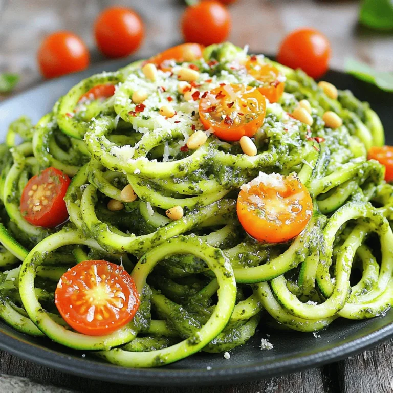 - 4 medium zucchinis - 1 cup fresh basil leaves - 1/2 cup pine nuts - 1/4 cup Parmesan cheese, grated - 2 garlic cloves - 1/2 cup olive oil - Salt and pepper to taste - 1 cup cherry tomatoes, halved - 1/4 teaspoon red pepper flakes When making zucchini noodles with pesto, fresh and high-quality ingredients shine. The zucchini acts as a light, crunchy base. I enjoy using medium zucchinis for the right texture. You’ll want a cup of fresh basil leaves. This adds a bright, herbaceous note. For the pesto, pine nuts give a nice nutty flavor. I use a half cup, but you can adjust based on your taste. Grated Parmesan cheese adds creaminess and depth. The two garlic cloves bring a punch of flavor. Olive oil helps emulsify everything into a smooth blend. Finally, season with salt and pepper to enhance the taste. If you want to boost your dish, consider the optional add-ins. Cherry tomatoes add sweetness and color. A sprinkle of red pepper flakes can bring a nice kick if you like heat. This recipe also encourages creativity. You can mix and match ingredients to suit your taste. For the full recipe, check out the Zesty Zucchini Noodles with Pesto Delight. To start, grab your food processor. You will need fresh basil, pine nuts, Parmesan cheese, and garlic. First, put the basil, pine nuts, Parmesan, and garlic in the processor. Pulse these ingredients until they are finely chopped. Next, keep the processor running and slowly drizzle in the olive oil. This helps to create a smooth sauce. Don’t forget to add salt and pepper to taste. Once mixed, set your pesto aside. Now let’s get to the zucchini! You can use a spiralizer or a vegetable peeler. A spiralizer makes thin, curly noodles. If you use a peeler, you will get flat ribbons. Both are great! To make perfect noodles, choose firm zucchinis and cut off the ends. Then, spiralize or peel them into your desired shape. Heat a large skillet over medium heat and add a little olive oil. Toss in your zucchini noodles and sauté them for 2-3 minutes. The goal is to soften them just a bit. Be careful not to overcook! Once ready, take the skillet off the heat. Add the pesto and halved cherry tomatoes to the noodles. Gently toss everything together until the noodles are well coated. If you like a little heat, sprinkle in red pepper flakes. For more details, check the Full Recipe. When making pesto, fresh is best. Fresh basil gives a bright flavor. Store-bought pesto can save time, but it often lacks the same zing. You can adjust flavors easily. If it’s too strong, add more olive oil. If it’s bland, add more cheese or garlic. The texture matters too. For a smooth pesto, blend longer. If you want it chunkier, pulse less. To avoid overcooked zucchini noodles, keep an eye on the time. Sauté them for just 2-3 minutes. They should be tender but still firm. A non-stick skillet works great. It helps prevent sticking and burning. Use medium heat for even cooking. If your pan is too hot, the noodles will turn mushy. Garnishes can add flavor and color. Try extra Parmesan on top. Fresh basil leaves also look nice and taste great. For protein, pair the dish with grilled chicken or shrimp. If you want a side, a simple salad complements it well. Feel free to explore more serving ideas in the Full Recipe. {{image_2}} For a vegan pesto, swap the Parmesan cheese with nutritional yeast. It gives a cheesy taste without dairy. You can also use cashews instead of pine nuts for a creamy texture. Add lemon juice for a bright flavor. This way, you can serve a tasty vegan dish that everyone will love. You can mix zucchini noodles with other veggies. Try adding carrots or bell peppers for color and crunch. Broccoli can also add a nice twist. Creating a veggie medley can enhance your dish. You can make the meal more filling while keeping it healthy. This adds more flavors and nutrients to your plate. For a low-calorie dish, use less olive oil or drop the cheese. You can even add spinach or kale to boost nutrition. These greens are packed with vitamins and minerals. Mixing in chickpeas or lentils can add protein and keep you full longer. This way, you can enjoy a dish that is both light and satisfying. To keep zucchini noodles fresh, store them in a sealed container. Place a paper towel inside to absorb excess moisture. This helps prevent sogginess. You can keep them in the fridge for up to three days. For pesto, use an airtight jar. Pour a thin layer of olive oil on top. This seals in the flavor and keeps it fresh. Store it in the fridge for up to one week. Reheat zucchini noodles gently in a skillet over low heat. This keeps them from getting mushy. Stir for about two minutes until warm. You can also microwave them for 30 seconds, but check often. For serving leftovers, toss them with a bit of fresh pesto. Add some cherry tomatoes for a fresh burst of flavor. You can also top with grated Parmesan cheese for extra taste. You can freeze zucchini noodles, but they may lose some texture. To freeze, place them in a freezer-safe bag. Remove as much air as possible. They can last up to three months. For pesto, freeze it in ice cube trays. Once frozen, transfer the cubes to a bag. This way, you can use just what you need later. Pesto can last up to six months in the freezer. For the complete recipe, check out the Full Recipe section. Yes, you can eat zucchini noodles raw. They have a crisp texture and a fresh taste. Raw zucchini noodles are low in calories and high in vitamins. They also keep their nutrients better than cooked ones. Eating them raw adds crunch to your salads. You can pair them with dips or dressings for a tasty snack. You can use a vegetable peeler to make zucchini noodles. Start by trimming the ends of the zucchini. Then, run the peeler along the length to create flat ribbons. Keep peeling until you reach the seeds. These flat noodles work great in salads or with sauces. They may not look like traditional noodles, but they taste just as good. Zucchini noodles with pesto pair well with many dishes. You can serve them with grilled chicken or shrimp for protein. Add cherry tomatoes for sweetness and color. A sprinkle of extra Parmesan cheese enhances the flavor. You may also enjoy them with a side of crusty bread. This dish is light yet satisfying, making it perfect for any meal. You can find the Full Recipe for a complete guide. Zucchini noodles with pesto are tasty and easy to make. We’ve covered key ingredients like fresh zucchinis and basil, along with the steps to create rich pesto. Remember to choose the right cooking method to avoid mushy noodles. You can even add fun twists like cherry tomatoes or go vegan with the pesto. Don’t forget to store your leftovers properly to keep them fresh. Enjoy crafting this dish that’s not just healthy but also packed with flavor. It's a simple yet delightful meal you'll love to share.