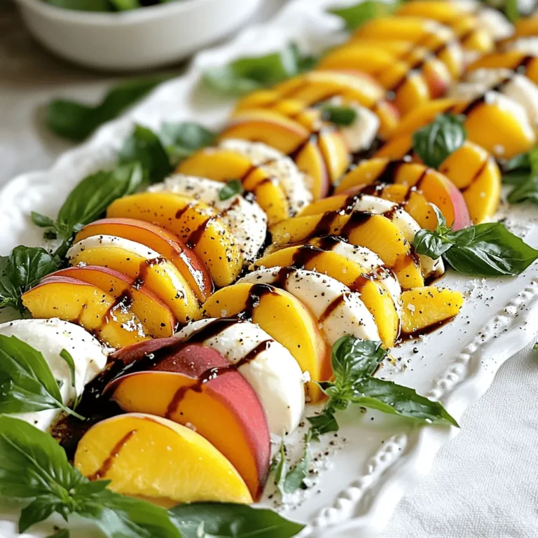 - 4 ripe peaches, sliced - 8 ounces fresh mozzarella cheese, sliced - 1 cup fresh basil leaves - 2 tablespoons balsamic glaze - 1 tablespoon extra virgin olive oil - Salt and freshly ground black pepper to taste Selecting the best peaches Choose peaches that feel firm but yield slightly when pressed. Look for a sweet scent. Color should be bright and even, with no bruises. Choosing fresh mozzarella Fresh mozzarella should be soft and moist. Check the packaging date to ensure freshness. Look for a creamy texture that will complement the peaches. Importance of fresh basil Fresh basil adds a fragrant touch. Look for vibrant, green leaves without browning. The aroma should be strong, indicating freshness. Use whole leaves for the best flavor. For the complete process, check the Full Recipe. 1. Washing and slicing peaches: Start by washing the peaches under cool water. This removes dirt and chemicals. Cut each peach in half and remove the pit. Slice each half into wedges or rounds. Aim for even thickness to ensure balance in flavor and texture. 2. Slicing mozzarella cheese: Next, take the fresh mozzarella cheese. Slice it into pieces that match the thickness of your peach slices. This helps create a harmonious look and taste when you layer them together. 1. Layering peaches and mozzarella: On a large serving plate, arrange the peach slices in a circular pattern. Alternate each slice with mozzarella. This colorful display will make the salad visually appealing and delightful to eat. 2. Adding basil leaves: Tuck fresh basil leaves in between the peach and mozzarella layers. The basil adds a nice herbal note. Its aroma will enhance the overall flavor of the salad. 1. Drizzling balsamic glaze and olive oil: Drizzle balsamic glaze over the salad. This adds a sweet and tangy finish. Then, add a light drizzle of extra virgin olive oil for richness. 2. Seasoning with salt and pepper: Finally, sprinkle a pinch of salt and freshly ground black pepper on top. This simple seasoning brings out the flavors of the peaches and cheese. Enjoy your Peach Caprese Salad right away, or let it chill for ten minutes. It’s a refreshing summer delight! For the complete recipe, check out the [Full Recipe]. To boost the taste of your Peach Caprese Salad, consider adding a pinch of sea salt. This simple step brings out the sweet and savory notes in both the peaches and mozzarella. You can also try a sprinkle of red pepper flakes. This will add a subtle heat that contrasts well with the sweetness of the peaches. When it comes to balsamic vinegar, using aged balsamic can elevate your dish. Aged balsamic is thicker and sweeter than regular balsamic. It adds depth and richness that enhances the flavors in your salad. For serving, I recommend using a large white platter. This color makes the vibrant peaches and green basil pop! Arrange the salad in a circular pattern to draw the eye. Finish with some extra basil leaves on top for a fresh look. For added flair, drizzle some balsamic glaze in a swirl around the edge of the platter. This not only looks good but also makes it easy for guests to grab extra glaze. Serve your Peach Caprese Salad right after you make it. This way, you enjoy the fresh flavors of the ingredients. If you want a cool touch, chill it for about 10 minutes before serving. Just don’t let it sit too long, or the peaches may become soggy. Keep in mind that the salad tastes best within a few hours of preparation. If you want to make it ahead, prepare the ingredients separately. Assemble everything just before serving for the best taste and texture. For the full recipe, check out the complete details in the previous sections. {{image_2}} You can make your Peach Caprese Salad heartier by adding protein. Grilled chicken or shrimp works well. Simply grill your choice of protein and slice it thinly. Place it on top of the salad for a tasty twist. For a salty kick, try adding prosciutto or crispy bacon. These additions bring a savory flavor that balances the sweetness of the peaches. If you want a vegetarian option, consider plant-based mozzarella. Many brands offer great alternatives that melt and taste like cheese. You can also add nuts for extra crunch. Toasted pine nuts or almonds add texture and flavor. They pair well with the sweet peaches and creamy mozzarella. Feel free to swap peaches for other seasonal fruits. Nectarines or plums can work just as well. Each fruit brings its own unique taste. You can also change the herbs. Instead of basil, try using mint or arugula. These herbs add a fresh note that brightens the dish. For the full recipe, check out the Peach Caprese Salad section. Store Peach Caprese Salad in a sealed container. This keeps the flavors fresh. It lasts about two days in the fridge. If the salad mixes, the peaches may get mushy. To prevent this, store peaches, mozzarella, and basil separately. - Shelf Life of Ingredients: - Peaches: Best eaten within 2 days for sweetness. - Mozzarella: Store in brine; lasts up to a week. - Basil: Use within 3 days for optimal flavor. You cannot freeze Peach Caprese Salad as a whole. Freezing changes the texture. However, you can freeze the individual components. - Freezing Peaches: Slice and place in a single layer on a tray. Once frozen, transfer to a bag. They last for up to 6 months. - Freezing Mozzarella: Drain and wrap in plastic wrap. It can freeze for 2-3 months. Leftover Peach Caprese Salad can shine in many ways. - Creative Ways: - Toss it into pasta for a fresh twist. - Blend into a smoothie for a sweet treat. - Recipes Incorporating Leftover Ingredients: - Make a peach salsa with diced leftover peaches, onions, and lime. - Use basil in a pesto or as a topping on pizza. Enjoy every bite, and don’t waste a thing! For the full recipe, check out the details above. A Peach Caprese Salad is a fresh, colorful dish. It combines ripe peaches, creamy mozzarella, and fragrant basil. The key ingredients are: - 4 ripe peaches, sliced - 8 ounces fresh mozzarella cheese, sliced - 1 cup fresh basil leaves - 2 tablespoons balsamic glaze - 1 tablespoon extra virgin olive oil - Salt and freshly ground black pepper to taste This salad has a sweet and savory taste. The peaches add juiciness, while the mozzarella provides creaminess. Fresh basil gives it a lovely aroma. The balsamic glaze ties it all together with a sweet-tangy finish. To make this salad vegan, swap the mozzarella for plant-based cheese. You can use nut-based mozzarella or tofu. These alternatives mimic the texture of cheese well. For the balsamic glaze, check that it contains no animal products. This way, you keep the flavor while making it suitable for a vegan diet. Yes, you can prepare the salad ahead of time. However, I recommend waiting to add the balsamic glaze until just before serving. This keeps the salad fresh and prevents sogginess. You can slice the peaches and mozzarella earlier in the day. Keep them in the fridge until you are ready to serve. Peach Caprese Salad pairs well with many dishes and drinks. Here are some great options: - Grilled chicken or shrimp for protein - A light white wine like Sauvignon Blanc - Crusty bread to soak up the flavors - A fresh arugula salad for added greens These pairings enhance the salad's sweetness and freshness, making your meal complete. If fresh peaches are not available, use other fruits. Nectarines or plums work beautifully in this salad. You can also use canned peaches or frozen ones. Just make sure they are well-drained and not overly sweet. This way, you can enjoy a delicious Peach Caprese Salad no matter the season. For the full recipe, check out the [Full Recipe]. This blog post detailed how to create a delicious Peach Caprese Salad. We covered key ingredients like ripe peaches, fresh mozzarella, and basil, then explored step-by-step instructions for preparation and assembly. I shared tips for enhancing flavors and suggested variations, including protein options and vegetarian substitutes. In conclusion, enjoy this salad fresh or creatively use leftovers. Making small changes can customize it to your taste. Get ready to impress your guests with this vibrant dish!