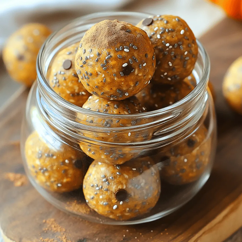 To make these tasty Pumpkin Spice Energy Balls, gather the following ingredients: - 1 cup rolled oats - 1/2 cup almond butter (or peanut butter) - 1/2 cup canned pumpkin puree - 1/4 cup honey or maple syrup - 1/2 teaspoon vanilla extract - 1 teaspoon pumpkin spice blend (or a mix of cinnamon, nutmeg, and ginger) - 1/4 cup chia seeds - 1/4 cup mini chocolate chips (optional) - A pinch of salt You can swap some ingredients based on your taste or needs. For example: - Use sunflower seed butter instead of almond butter for a nut-free option. - Replace honey with agave syrup for a vegan choice. - If you want a lower sugar option, use mashed banana instead of honey or maple syrup. - You can use rolled oats or quick oats; both work well. - Add nuts or seeds for extra crunch and health benefits. Each energy ball has about: - Calories: 100 - Protein: 3g - Carbohydrates: 12g - Fat: 5g - Fiber: 2g - Sugar: 3g These energy balls are a healthy snack that gives you energy without the crash. You can feel good about enjoying them. For the full recipe, check the detailed instructions. To make Pumpkin Spice Energy Balls, start with a big mixing bowl. Add 1 cup of rolled oats, 1/2 cup of almond butter, and 1/2 cup of canned pumpkin puree. Pour in 1/4 cup of honey or maple syrup. Mix these ingredients well until you have a thick and sticky dough. Next, add 1/2 teaspoon of vanilla extract, 1 teaspoon of pumpkin spice blend, 1/4 cup of chia seeds, and a pinch of salt. Stir again until everything blends smoothly. If you like, fold in 1/4 cup of mini chocolate chips for a sweet touch. Now, scoop out a tablespoon of the mixture and roll it into a ball. Keep rolling until you finish all the dough. Place the balls on a baking sheet lined with parchment paper. Chill them in the fridge for about 30 minutes. This helps them firm up nicely. For the best consistency, make sure your almond butter is smooth. If it’s too thick, add a tiny bit of water or more pumpkin puree. You want it sticky but not too wet. If the mixture feels too dry, mix in a little extra honey or maple syrup. This balance helps the energy balls hold together well. Try to keep your hands slightly damp while rolling the balls. This trick helps prevent the mixture from sticking to your hands. If you find the mixture too sticky, dust your hands with a little bit of oats. After rolling the energy balls, it’s time to chill them. Place the baking sheet in the fridge for about 30 minutes. This makes them easier to handle and gives them a nice shape. Once they are firm, transfer the energy balls into an airtight container. You can store them in the fridge for up to one week. For longer storage, freeze them individually. Just wrap each ball in plastic wrap and place them in a freezer-safe bag. This way, you can enjoy your Pumpkin Spice Energy Balls anytime! For the full recipe, check the section above. To boost flavor, use fresh spices. Ground spices lose taste over time. You can also toast your oats for a richer taste. This adds a nutty flavor that enhances the energy balls. If you want a creamier texture, try adding a bit more almond butter. It makes the balls smooth and easy to eat. One common mistake is not chilling the mixture. Chilling helps the balls hold their shape. Another mistake is using too much wet ingredient. This can make the mixture too sticky. If this happens, add more oats to balance it out. Avoid overmixing, as it can make the texture dense. These energy balls pair well with warm drinks. Try them with chai tea or hot cocoa. For a refreshing option, serve with iced coffee or herbal tea. You can also enjoy them as a quick snack on their own. They make a great treat for kids and adults alike. For a fun twist, roll them in shredded coconut or crushed nuts before serving. This adds extra texture and flavor. For the full recipe, check the earlier section! {{image_2}} You can change the flavor of your energy balls to match your taste. Try adding a bit of cocoa powder for a chocolate twist. Swap pumpkin spice for chai spice if you want something different. You can even mix in some orange zest for a fresh flavor. Each change makes these treats exciting and unique! These energy balls fit many diets with a few tweaks. To make them gluten-free, use certified gluten-free oats. For a vegan option, replace honey with maple syrup. You can also use almond butter or sunflower seed butter for nut-free diets. These simple swaps keep the taste while meeting different needs. Get creative with your add-ins! You can use different nuts like walnuts or pecans for crunch. Add seeds such as flaxseeds or pumpkin seeds for extra nutrition. Dried fruits like cranberries or raisins give a sweet touch. Mix and match to find your favorite combination and make these energy balls your own! For the complete recipe, check out the Full Recipe section. To keep your Pumpkin Spice Energy Balls fresh, store them in an airtight container. This helps prevent them from drying out. Place them in the fridge right after making them. You can stack them in a single layer or separate layers with parchment paper. This method keeps them from sticking together. If you want to save some energy balls for later, freezing is a great option. Start by placing each ball on a baking sheet. Freeze them for about an hour until they are firm. After they are frozen, transfer them to a freezer-safe bag or container. Label it with the date so you know when you made them. They can last up to three months in the freezer. In the fridge, your energy balls will stay fresh for about one week. If you keep them frozen, they can last for three months. Always check for any off smells or changes in texture before eating. Freshness is key to keeping these snacks tasty and safe. Enjoy your delicious Pumpkin Spice Energy Balls at their best! For the complete recipe, refer to the full recipe. Pumpkin spice energy balls are small snacks that pack a flavor punch. They mix oats, nut butter, pumpkin puree, and spices. These balls are sweet and healthy. They give you energy and taste great. You can make them in just 15 minutes! In the fridge, these energy balls last about a week. Store them in an airtight container to keep them fresh. If you want to save them longer, try freezing them! They freeze well and can last for months. Yes, you can use any nut butter you like! Almond butter and peanut butter work best, but cashew and sunflower butter are great too. Just keep the same amount to keep the texture right. This flexibility lets you customize the flavor to your taste! For the full recipe, check it out. You learned how to make Pumpkin Spice Energy Balls and why they are great snacks. I shared tips on ingredients, cooking steps, and storing your treats. You can even adapt them to fit different diets. These energy balls offer both flavor and nutrition. They are easy to customize and store well. Enjoy making them and experimenting with new flavors! Happy snacking!