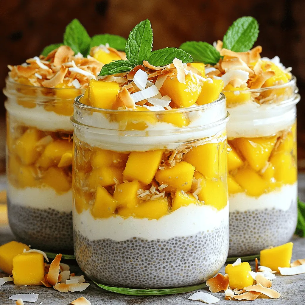 - 1 cup coconut milk (canned or carton) - 1/4 cup chia seeds - 2 tablespoons honey or maple syrup - 1 ripe mango, diced - 1/2 teaspoon vanilla extract - A pinch of salt - Toasted coconut flakes and fresh mint leaves for garnish Using these simple ingredients, you can create a delightful dessert. The coconut milk gives a rich, creamy base. Chia seeds add a fun texture and pack in nutrients. Sweeteners like honey or maple syrup help balance the flavors. Fresh mango adds a burst of fruity goodness, while vanilla and salt enhance the taste. - Calories per serving: About 250 calories - Macronutrient breakdown: - Carbohydrates: 37g - Protein: 5g - Fat: 10g This dessert is not just tasty; it’s also nutritious. Each serving provides a good mix of carbs, healthy fats, and protein. - Benefits of chia seeds: Chia seeds are tiny powerhouses. They are high in fiber, which helps digestion. They also provide omega-3 fatty acids for heart health. Plus, they help keep you full longer. - Advantages of coconut milk: Coconut milk is creamy and delicious. It offers healthy fats that can boost energy. It also contains vitamins and minerals, like manganese and copper. These nutrients support your immune system and overall health. You can find the Full Recipe to make Mango Coconut Chia Pudding and enjoy all these benefits! Start by making the base for your pudding. In a medium bowl, whisk together: - 1 cup coconut milk - 2 tablespoons honey or maple syrup - 1/2 teaspoon vanilla extract - A pinch of salt Mix until everything is smooth and combined. Next, add in the chia seeds, which are key for thickening. Stir well to avoid clumps. Now, cover your bowl with plastic wrap or transfer the mix to a jar. This helps keep it fresh. Place it in the fridge for at least 4 hours or overnight. The chia seeds will soak up the liquid and turn into a thick pudding. Once the pudding is ready, stir it to break up any clumps. Now for the fun part! Layer the pudding and diced mango in clear bowls or glasses. Start by adding a layer of the chia pudding, then add the mango, and repeat. This makes it look pretty! To finish, sprinkle some toasted coconut flakes on top. You can also add a few fresh mint leaves for color and flavor. This dessert is not just tasty; it looks amazing too! For the full recipe, check out the instructions above. To avoid clumping with chia seeds, stir them well into the coconut milk mixture. It helps to add the seeds slowly while whisking. This way, they mix evenly. If you notice any clumps after chilling, just stir again. For a creamier texture, you can adjust consistency with extra coconut milk. Add a splash more if you want it thinner, but remember, it will thicken more as it chills. You can use different sweeteners like agave syrup or stevia if you prefer. Each will change the taste a bit. For flavoring, try adding a bit of almond extract or a sprinkle of cinnamon. This makes the pudding even more delightful. To customize it, mix in other fruits like berries or bananas. They add more color and taste to the dish. For the best presentation, use clear glass jars or bowls. These let you show off the beautiful layers of mango and coconut. You can also use small cups for a fun twist. To garnish, sprinkle toasted coconut flakes on top. Add a fresh mint leaf for color. You might even slice a mango and place it on top for an extra pop of color. {{image_2}} You can switch up the base of your pudding for fun. Try using almond or oat milk instead of coconut milk. Both options give a nice flavor and keep it creamy. You can also experiment with different fruits. Instead of mango, use berries, kiwi, or banana. Each fruit adds its unique taste and color to your dish. This recipe is easy to adapt for different diets. It is vegan and gluten-free as is, so you can serve it to almost anyone. If you want to cut down on sugar, use less honey or maple syrup. You can also try using a sugar substitute like stevia for a low-sugar option. These adjustments keep your dessert tasty and healthy. Add some spice to your pudding! A pinch of cinnamon or ginger can really boost the flavor. You can also add flavored extracts like almond or coconut to change things up. These small changes can make your mango coconut chia pudding even more exciting. You’ll find new ways to enjoy this delightful dessert. Check out the Full Recipe for more ideas! Store your mango coconut chia pudding in an airtight container. This keeps it fresh and tasty. It will last up to five days in the fridge. Make sure to stir it before serving if it thickens too much. Yes, you can freeze chia pudding! Pour it into a freezer-safe container. Leave some space at the top for expansion. It will stay good for up to three months. To thaw, move it to the fridge overnight. Stir it well before enjoying. You can also use it in smoothies after thawing. If you have leftover pudding, don’t worry! You can blend it into smoothies for a healthy boost. Add some fruits or greens to make it even better. You can also use it as a topping for yogurt or oatmeal. Get creative and enjoy those leftovers! Chia pudding is a simple mix of chia seeds and liquid. When you blend these seeds with coconut milk, they soak up the liquid. This creates a thick, creamy texture. It’s like a healthy dessert or snack, packed with nutrients. You can add flavors, like vanilla or fruit, to make it even better! Yes! You can prepare this mango coconut chia pudding in advance. Just follow the steps in the Full Recipe. After mixing, cover the bowl or jar and refrigerate it. I suggest making it the night before. This way, the pudding can fully thicken while you sleep. A well-thickened pudding will look firm and creamy. When you give it a stir, it should hold its shape. The chia seeds will expand and create a pudding-like consistency. If it seems runny, it needs more time in the fridge. Just be patient; good things take time! This blog post covered how to make delicious chia pudding with coconut milk and mango. We explored the key ingredients, health benefits, and easy steps for preparation. You learned helpful tips for perfecting texture and enjoyed variations to suit your taste. Incorporating these ideas will help you create a tasty dessert quickly. Plus, you have the tools to customize it for any diet. Keep experimenting, and enjoy every bite of your creamy, healthy pudding!