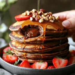 - 1 cup all-purpose flour - 2 tablespoons cocoa powder - 2 tablespoons sugar - 1 tablespoon baking powder - 1/4 teaspoon salt - 1 cup milk (dairy or non-dairy) - 1 large egg - 2 tablespoons vegetable oil - 1/2 cup chocolate hazelnut spread (like Nutella) - 1/2 cup chopped hazelnuts - Fresh fruit (like bananas or strawberries) - Maple syrup To make Chocolate Hazelnut Spread Pancakes, gather these ingredients. These simple items create a tasty treat. The all-purpose flour gives structure, while cocoa powder adds rich flavor. Sugar brings sweetness, and baking powder helps them rise. A pinch of salt balances everything out. For the wet mix, choose your milk. It can be dairy or non-dairy. The large egg adds moisture and binds the batter. Vegetable oil keeps the pancakes soft. The star is the chocolate hazelnut spread, which makes these pancakes special. You can add toppings to make them even better. Chopped hazelnuts give a nice crunch. Fresh fruit, like bananas or strawberries, adds color and taste. Drizzling maple syrup on top makes it all sweeter. This recipe is easy to follow. For the full recipe, check the instructions above. Start by grabbing a large bowl. In that bowl, whisk together the following: - 1 cup all-purpose flour - 2 tablespoons cocoa powder - 2 tablespoons sugar - 1 tablespoon baking powder - 1/4 teaspoon salt Mix these dry ingredients well. This will help the cocoa and sugar blend evenly with the flour. In another bowl, add and blend: - 1 cup milk (you can use dairy or non-dairy) - 1 large egg - 2 tablespoons vegetable oil Whisk these until they are well combined. This mix will bring moisture to your pancakes. Now, pour the wet mixture into the bowl of dry ingredients. Stir gently. You want to mix until just combined. A few lumps are fine. Overmixing can make pancakes tough. Preheat a non-stick skillet or griddle over medium heat. Lightly grease it with a small amount of oil or cooking spray. For each pancake, pour about 1/4 cup of batter onto the skillet. Before the edges set, add a teaspoon of chocolate hazelnut spread in the center. If needed, use a spoon to cover the spread with a bit more batter. Cook for about 2-3 minutes. You'll see bubbles on the surface. When the edges look set, flip the pancake. Cook for another 1-2 minutes until it's fully cooked. Keep your pancakes warm on a plate while cooking the rest. Serve them stacked high on a plate, drizzled with maple syrup, and topped with chopped hazelnuts and fresh fruit. For the full recipe, check out the rest of the article. To make your pancakes fluffy, avoid overmixing the batter. When you combine the wet and dry ingredients, stir gently. Some lumps are fine. This keeps air in the batter, which gives you that light, fluffy texture. For an even cook, preheat your skillet well. The right temperature is key. If it's too hot, the outside cooks too fast. If it's too cool, the pancakes may be soggy. A medium heat works best. Stack your pancakes high for a great look. I like to use three pancakes per stack. Drizzle with maple syrup for sweetness. Add chopped hazelnuts on top for crunch. Fresh fruit like bananas or strawberries makes a lovely garnish too. Pair your pancakes with a warm cup of coffee or a cold glass of milk. The flavors blend nicely. For a fun twist, try a chocolate milkshake. If you have leftover pancakes, store them in an airtight container. You can keep them in the fridge for up to three days. If you want to save them for longer, freeze them. Place parchment paper between pancakes to keep them from sticking. When reheating, use a microwave or a skillet. In the microwave, heat for about 20-30 seconds. In a skillet, warm on low heat for a few minutes. This keeps them soft and tasty. For the full recipe, check the ingredients and instructions above. Enjoy your tasty pancakes! {{image_2}} You can make this recipe fit your needs. For a gluten-free option, use a gluten-free flour blend. It works well in pancakes. If you want a dairy-free version, use almond milk or oat milk. Both options taste great and keep the pancakes fluffy. To boost the flavor, add a teaspoon of vanilla extract to your wet mix. This simple step adds depth. You can also try adding espresso powder for a coffee twist. A little goes a long way. For a warm touch, mix in some cinnamon. This spice pairs nicely with chocolate and hazelnuts. Getting creative with toppings can make each pancake stack unique. Instead of just maple syrup, try honey or agave syrup. You can also spread almond butter or peanut butter for a nutty kick. For fruit lovers, add sliced bananas or berries. Chopped nuts, like walnuts or pecans, make a crunchy finish. These combinations add texture and flavor to your pancakes. For the complete recipe, check out the Full Recipe! Each serving of chocolate hazelnut spread pancakes has about 350 calories. The breakdown is as follows: - Carbohydrates: 50 grams - Fats: 15 grams - Proteins: 8 grams These pancakes offer a nice balance of energy and taste. They satisfy your sweet tooth while providing essential nutrients. You can make these pancakes even better for you. Here are some swaps: - Use whole wheat flour instead of all-purpose flour. - Try almond milk or oat milk for a lower-calorie option. - Replace regular sugar with a sugar substitute like stevia. - Add chia seeds for fiber and omega-3 fats. These changes keep the pancakes tasty while boosting their nutrition. This recipe contains common allergens: - Gluten: Found in all-purpose flour. - Dairy: Present in milk and chocolate hazelnut spread. - Nuts: Hazelnuts are used as a topping. To make it allergy-friendly, you can: - Use gluten-free flour. - Replace dairy milk with a non-dairy option. - Skip the hazelnuts or use sunflower seeds for crunch. These tips help everyone enjoy this delicious meal! To make pancakes fluffy, use fresh ingredients. Make sure your baking powder is active. Whisk the dry ingredients well to mix everything. When you combine wet and dry, stir gently. Overmixing makes pancakes dense. Leave some lumps in the batter; they help create air pockets. Yes, you can make these pancakes in advance. Cook them, then let them cool on a wire rack. Place them in an airtight container. They can last in the fridge for up to three days. For longer storage, freeze them in a single layer. Then, transfer to a freezer bag. They can last for up to two months. If you want a different flavor, try almond butter or peanut butter. You can also use fruit spreads like raspberry or strawberry. For a sweeter taste, try caramel sauce or maple syrup. Each choice changes the flavor, so have fun mixing! Leftover pancakes can last up to three days in the fridge. Store them in an airtight container. For longer shelf life, freeze them. Make sure to place parchment paper between pancakes. This prevents them from sticking together. They can last for about two months in the freezer. In this blog post, we explored how to make delicious pancakes with rich chocolate hazelnut spread. We broke down the key ingredients, both dry and wet, along with optional toppings. You learned step-by-step instructions for mixing, cooking, and serving your pancakes. Lastly, we discussed various tips, variations, and nutritional information to suit your needs. Now, it's time to whip up some pancakes and enjoy a treat that everyone will love!