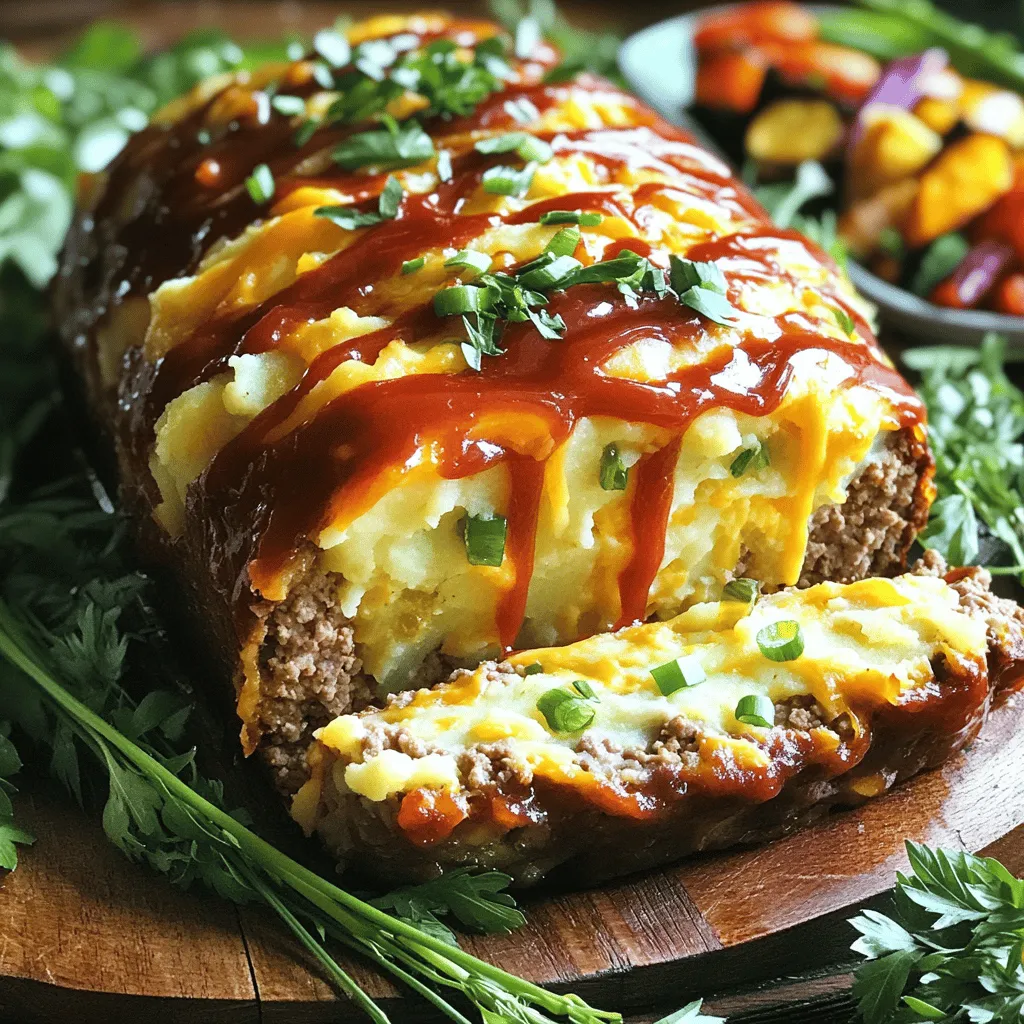 To make a great Loaded Potato Meatloaf, you need these main ingredients: - 1 lb (450g) ground beef - 1 lb (450g) russet potatoes, peeled and cubed - 1 cup shredded cheddar cheese - 1/2 cup sour cream - 1/2 cup breadcrumbs - 1/4 cup green onions, chopped - 2 cloves garlic, minced - 1 large egg - 1 teaspoon Worcestershire sauce - 1 teaspoon salt - 1/2 teaspoon black pepper - 1/2 teaspoon smoked paprika - 1/2 cup ketchup (for topping) These ingredients create a hearty dish. The beef gives it protein, while the potatoes add a creamy texture. Cheese and sour cream make it rich and tasty. Using fresh ingredients makes a big difference. Choose the best potatoes you can find. Look for firm russets without dark spots. Fresh green onions add a nice crunch. Garlic should smell strong and fragrant. These fresh items enhance the flavors and make your dish pop. You can get creative with your Loaded Potato Meatloaf. Add-ins can include: - Cooked bacon bits for a smoky flavor - Diced bell peppers for a crunchy bite - Different cheeses like pepper jack or mozzarella Feel free to mix and match based on what you like. This adds a personal touch and keeps the recipe exciting. You can find the Full Recipe to guide you through creating this delicious dish. Start by peeling and cubing the russet potatoes. Place the cubes in a large pot and cover them with water. Bring the water to a boil. Cook the potatoes until tender, which takes about 15 minutes. Drain the potatoes and mash them in a bowl. Mix in sour cream, cheddar cheese, and half of the chopped green onions. Set this aside for later. In a separate large bowl, combine the ground beef, breadcrumbs, minced garlic, egg, Worcestershire sauce, salt, black pepper, and smoked paprika. Use your hands to mix the ingredients until they blend well. This step is key for the best flavor and texture. Now, divide the meat mixture in half. Take one half and press it into a loaf shape in the bottom of a loaf pan. Spread the loaded mashed potatoes evenly over this layer. Then, take the remaining meat mixture and place it on top, sealing the edges well. Finally, spread ketchup over the meatloaf for a tasty glaze. For the full recipe, check the details above. To get the best texture in your Loaded Potato Meatloaf, use fresh potatoes. They add creaminess and flavor. When mashing, ensure they are smooth but not too watery. Mix in cheddar cheese and sour cream for rich taste. The cheese melts well, making each bite gooey and delicious. One big mistake is overmixing the meat. This can make your meatloaf tough. Just mix until everything is combined. Another mistake is not sealing the edges when layering. This keeps the potatoes from leaking out during baking. Be sure to press down firmly around the edges. For a great glaze, use ketchup mixed with a bit of Worcestershire sauce. This adds depth to the flavor. Spread the glaze evenly over the top before baking. It caramelizes nicely, giving your meatloaf a beautiful finish. You can also sprinkle a little smoked paprika on top for extra color and taste. Get the full recipe to create your own Loaded Potato Meatloaf! {{image_2}} If you want a twist, try using ground turkey or chicken instead of beef. These meats are leaner and still tasty. For a vegan option, use lentils or black beans. Just mash them well and mix with your favorite spices. You can also use a mix of ground meats for extra flavor. Each choice gives a unique taste to your loaded potato meatloaf. Cheese adds richness to your meatloaf. Instead of cheddar, try mozzarella for a milder taste. You can even use pepper jack for a spicy kick. Adding cream cheese can make it extra creamy. Don’t forget to sprinkle in some crumbled feta or goat cheese for a gourmet touch. Each cheese option brings a new layer of flavor. Spices can transform your meatloaf. Try adding diced jalapeños for heat. A bit of cumin or chili powder can add depth. Fresh herbs like parsley or thyme can brighten the dish. You can also mix in some barbecue sauce for a smoky flavor. These small changes make your loaded potato meatloaf unique every time. For more ideas, check out the Full Recipe and explore different combinations! To store your leftover Loaded Potato Meatloaf, let it cool first. Wrap it tightly in plastic wrap or aluminum foil. You can also place it in an airtight container. This keeps it fresh and tasty. Store it in the fridge for up to four days. When you want to enjoy your leftovers, preheat your oven to 350°F (175°C). Place the meatloaf slices in a baking dish. Cover them with foil to keep them moist. Bake for about 20 minutes or until heated through. You can also use the microwave. Heat on medium for 1-2 minutes or until hot. If you want to save some for later, freezing is a great option. Wrap the meatloaf tightly in plastic wrap. Then, place it in a freezer-safe bag or container. You can freeze it for up to three months. To thaw, move it to the fridge overnight. Reheat it as mentioned above, and enjoy! For the full recipe, check out the details above. Loaded Potato Meatloaf lasts about 3 to 4 days in the fridge. Keep it in an airtight container. This helps it stay fresh and tasty. The flavors actually get better as it sits! Yes, you can make Loaded Potato Meatloaf ahead of time. Prepare it a day before, then store it in the fridge. Just pop it in the oven when you're ready to bake. This makes dinner easy and quick! Many sides go great with Loaded Potato Meatloaf. Here are some tasty options: - Roasted vegetables - Green salad - Creamy coleslaw - Mashed cauliflower - Garlic bread These sides add color and flavor to your meal! Absolutely, you can make Loaded Potato Meatloaf without breadcrumbs. Use oats or crushed crackers instead. If you want it gluten-free, try ground almonds or almond flour. These options keep the meatloaf moist and tasty. You can find the full recipe above. In this blog post, we explored the tasty world of Loaded Potato Meatloaf. We discussed the best ingredients to use and how to prepare each step. I shared tips to perfect the texture and flavor while avoiding common mistakes. You can customize this dish with meat alternatives, cheeses, and spices for unique flavors. Lastly, I provided storage tips to keep leftovers fresh. This recipe is fun and flexible, making it a delightful meal for anyone. Enjoy crafting your delicious Loaded Potato Meatloaf!