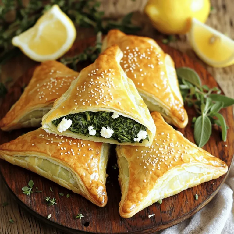 - 1 sheet of puff pastry, thawed - 2 cups fresh spinach, roughly chopped - 1 cup feta cheese, crumbled - 1 medium onion, finely chopped - 2 cloves garlic, minced - 1 egg, beaten (for egg wash) - 2 tablespoons olive oil - Salt and pepper to taste - 1 teaspoon dried oregano - Sesame seeds (optional, for garnish) For this dish, fresh spinach and feta cheese shine. The puff pastry gives it a nice crunch. Each ingredient brings its own unique taste. - Fresh herbs like dill or parsley - A pinch of red pepper flakes for heat - A squeeze of lemon juice for brightness - Cream cheese for a creamier filling These optional ingredients can elevate your dish. Add herbs for freshness or spice for a kick. - Large skillet for sautéing - Mixing bowl for combining ingredients - Rolling pin for puff pastry - Baking sheet lined with parchment paper - Pastry brush for egg wash Having the right tools helps make cooking easier. A large skillet ensures even cooking, while a rolling pin helps you shape the pastry just right. For a delightful dish, gather these tools before you start cooking. Don't forget to check the Full Recipe for a detailed guide! Start by heating olive oil in a large skillet over medium heat. Add the finely chopped onion and cook for about 3-4 minutes until it turns translucent. Then, add minced garlic and sauté for one more minute. Next, toss in the roughly chopped spinach. Cook it until it wilts, which takes about 2-3 minutes. Season the mix with salt, pepper, and dried oregano. Remove the skillet from heat and let it cool for a bit. Once cool, mix the spinach with crumbled feta cheese in a bowl. This filling will be tasty and rich. Roll out your thawed puff pastry on a lightly floured surface. Aim for a thickness of about 1/8 inch. Cut the pastry into squares or rectangles that are around 4x4 inches. This size will be perfect for holding the filling without spilling. Make sure to keep the edges neat for easy folding later. Now it’s time to fill the pastries. Place a generous spoonful of your spinach and feta mix in the center of each pastry square. Fold the corners over the filling to create triangles or rectangles. Be sure to press the edges to seal them well. This step is key to keep the filling safe inside while baking. Transfer all your filled pastries to a baking sheet lined with parchment paper. Brush the tops with the beaten egg. This will give them a nice golden color when baked. Optionally, sprinkle sesame seeds on top for extra flavor and crunch. Bake in the preheated oven at 400°F (200°C) for 20-25 minutes. Watch for them to puff up and turn golden brown. Once done, let them cool slightly before serving. Enjoy this delightfully savory treat! For the complete details, refer to the Full Recipe. To keep your puff pastry crisp, you need to dry the filling. After cooking the spinach, let it cool. Squeeze out any extra moisture. This step stops water from making the pastry soggy. Also, don’t overfill the pastries. Less is more. You can swap feta for other cheeses. Try ricotta or goat cheese for a different taste. If you want a stronger flavor, add sun-dried tomatoes or olives. For a little heat, mix in some red pepper flakes. You can use frozen spinach too. Just thaw and drain it well. Always keep puff pastry cold. Warm pastry can lose its puff. Roll it out on a floured surface to avoid sticking. Cut your shapes carefully. Use a sharp knife for clean edges. When sealing, press firmly. This keeps the filling inside while baking. For the full recipe, check out the detailed instructions above. {{image_2}} You can easily make this dish vegetarian-friendly. Swap the feta with ricotta for a creamy twist. Add sun-dried tomatoes for a burst of flavor. You can also toss in some artichoke hearts for extra texture. Another great option is mixing in herbs like dill or basil for a fresh taste. For meat lovers, adding protein makes this dish heartier. Chicken works well, especially when cooked and shredded. You can mix in diced ham or even cooked bacon for a smoky flavor. Just remember to adjust the seasonings to match the added protein. This extra step can turn your savory puff into a meal. While feta is classic, feel free to experiment with cheese. Goat cheese adds a tangy kick that pairs nicely with spinach. Cheddar gives a rich, sharp flavor. For a milder taste, you might try mozzarella. Mixing cheeses can create unique flavors and textures that elevate your dish. For the full recipe, check out the Savory Spinach and Feta Puff Pastry. To store leftover puff pastry, place it in an airtight container. You can also wrap it tightly in plastic wrap. Make sure to keep it in the fridge. This keeps it fresh for about 2 to 3 days. If you notice any moisture, use a paper towel to absorb it. This helps prevent sogginess. When you want to enjoy your leftover pastries, reheat them in the oven. Preheat the oven to 350°F (175°C). Place the pastries on a baking sheet. Heat them for about 10 to 15 minutes. This method helps to restore their crispiness. You can also use an air fryer for quicker reheating. If you have extra pastries, freezing is a great option. Allow them to cool completely first. Then, wrap each pastry in plastic wrap. Place them in a freezer-safe bag or container. You can freeze them for up to 2 months. When ready to eat, thaw them in the fridge overnight. Reheat in the oven for the best texture. For the full recipe, check out the earlier sections. You can prepare the filling a day in advance. Store it in the fridge. When ready, just assemble the pastries. You can also shape them ahead of time. Cover them well and chill before baking. Bake them fresh when you want to serve. Yes, you can use frozen spinach. Just thaw it and drain excess water. Frozen spinach may have a softer texture, but it still tastes great. It saves time and is easy to find. Many sauces go well with these pastries. Try a yogurt sauce with lemon and herbs. A spicy tomato sauce also works well. You could even use a tangy balsamic glaze for a twist. To get a crispy texture, ensure your oven is preheated well. Brush the tops with an egg wash before baking. You can also sprinkle sesame seeds on top for added crunch. Bake until they turn golden brown. Absolutely! Store-bought puff pastry saves time and effort. It often comes ready to use and is easy to work with. Just follow the same steps in the Full Recipe to create delicious bites. In this post, I shared how to make savory spinach and feta puff pastry. You learned about key ingredients, helpful tips, and variations to suit your taste. Remember, avoid soggy pastry by following the right techniques. You can also play with ingredients to create new flavors. Store extras properly to enjoy them later. With these steps, you can impress anyone with your baking skills! Enjoy making and sharing these tasty pastries!
