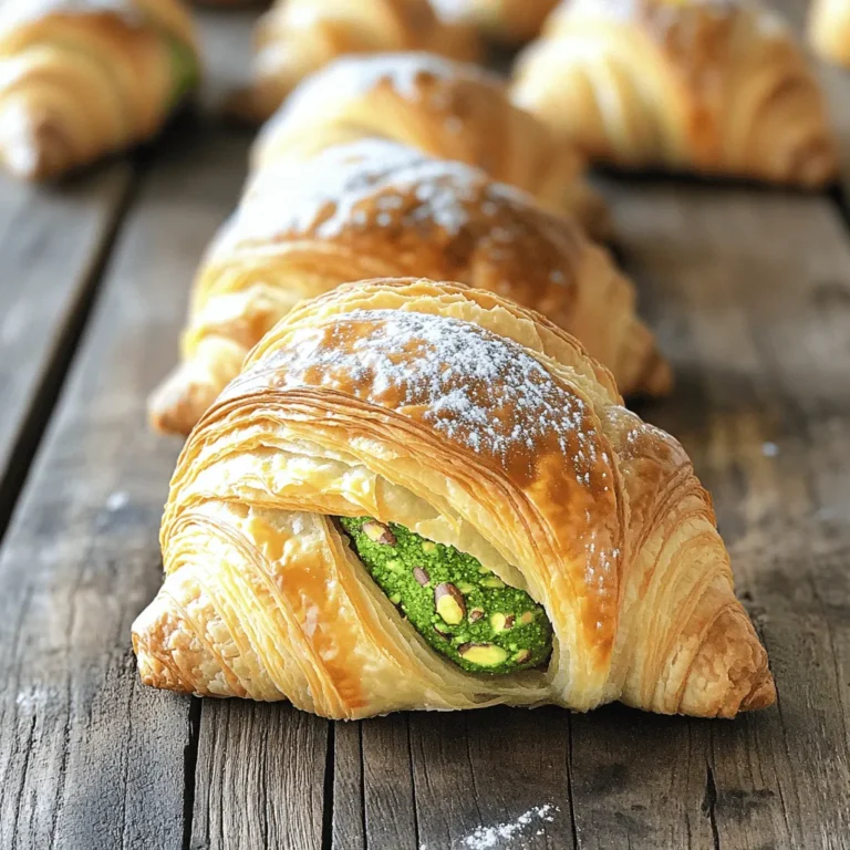 - 1 package of puff pastry (2 sheets, thawed) - 1 cup shelled pistachios, finely chopped - 1/4 cup granulated sugar - 1/4 cup unsalted butter, softened - 1/2 teaspoon almond extract - 1 egg (for egg wash) - Powdered sugar (for dusting) To make pistachio filled croissants, you need simple yet quality ingredients. The puff pastry provides the flaky texture. I love using fresh, shelled pistachios for the filling. They have a rich taste that pairs well with the sweetness from the sugar. Softened butter helps the filling stick together. Almond extract adds a lovely hint of flavor, enhancing the nutty notes. - Calories per serving: Each croissant has about 180 calories. - Fats, proteins, and carbohydrates breakdown: - Total fats: 10g - Proteins: 3g - Carbohydrates: 20g - Dietary considerations: This recipe contains nuts, so it is not suitable for nut allergies. It is not gluten-free due to the puff pastry. Knowing the nutritional info can help you enjoy these treats mindfully. Each croissant is a delightful balance of flavor and texture. 1. Preheat your oven to 400°F (200°C). Line a baking sheet with parchment paper. 2. In a mixing bowl, combine the finely chopped pistachios, granulated sugar, softened butter, and almond extract. Mix until you form a smooth paste. 1. Roll out each sheet of puff pastry on a lightly floured surface. Cut each sheet into triangles about 4 inches wide at the base. 2. Place a heaping tablespoon of the pistachio filling at the base of each triangle. 3. Starting from the base, roll each triangle tightly towards the tip. This forms the crescent shape. 1. Beat the egg in a small bowl. Brush the egg wash over the tops of each croissant. This gives them a golden finish. 2. Bake in the preheated oven for 15 to 18 minutes. Watch for the croissants to puff and turn golden brown. 3. Let them cool slightly before dusting with powdered sugar. Enjoy the sweet finish! This recipe makes 12 croissants and takes about 40 minutes from start to finish. For the full recipe, check out the details above. To make the best croissants, focus on flakiness. Use chilled puff pastry. Cold dough helps create layers that puff up beautifully. Roll it out gently without squishing. This keeps air pockets intact. For the filling, ensure it is smooth. A thick paste works better than a runny mix. It stays inside the croissant while baking. One big mistake is overfilling the croissants. If you add too much filling, it spills out. This makes a mess and can ruin the look. Another mistake is not preheating the oven. An oven that is not hot enough will not bake the croissants right. They will be soggy instead of crispy. Pair your pistachio croissants with coffee or tea. The nutty flavor matches well with both drinks. You can also get creative with how you serve them. Try dusting with powdered sugar for a nice touch. Arrange them on a pretty plate for a special look. This makes your dish more appealing and fun to eat. For the full recipe, check out the complete instructions. {{image_2}} You can get creative with your pistachio filled croissants. Try adding chocolate for a rich twist. Dark or milk chocolate both work well. You can also add fruit fillings like berries or cherries. These will give a nice contrast to the creamy pistachios. Additionally, feel free to substitute different nuts. Almonds, hazelnuts, or walnuts can add unique flavors and textures. Just chop them finely, like the pistachios, and mix them into your filling. If you want a vegan version, it's simple to make swaps. Use plant-based butter instead of regular butter. For the egg wash, use almond milk or soy milk mixed with a bit of syrup for shine. If you need a gluten-free option, look for gluten-free puff pastry. Many brands offer this now. Just ensure the filling is also gluten-free by checking the labels. You can also bring in local flavors to your croissants. For example, Turkish cuisine often uses rose water and orange blossom. Try adding a splash of these to your filling for a fragrant twist. Italian recipes might include ingredients like ricotta or citrus zest. These flavors can elevate your croissants and make them special. Experiment with what you love to create your perfect pistachio delight. You can often find great pistachio croissants at local bakeries. Check out shops known for fresh pastries. Look for places with a good reputation in your area. Ask friends for their favorites. When you visit, pay attention to the display. Freshly baked goods usually look golden and flaky. If you smell something nutty and sweet, you’re in the right place! If you prefer shopping online, many stores sell pre-made pistachio croissants. Websites like Goldbelly or local delivery services have tasty options. Brands like La Boulangerie offer high-quality pastries shipped to your door. Always check reviews before ordering. This helps you choose the best brand for your taste. Delivery times can vary, so plan ahead for special occasions. Prices for pistachio croissants can differ based on where you buy them. At local bakeries, expect to pay about $3 to $5 each. Online shops may charge more due to shipping, ranging from $5 to $10 per croissant. Making them at home is cheaper. You can make a dozen for around $15 using the Full Recipe. This gives you delicious croissants and saves money! Store pistachio filled croissants at room temperature for the best taste. Keep them in an airtight container. This helps maintain their crispiness. If you must refrigerate, they may lose some texture. Wrap them tightly in plastic wrap before placing them in the fridge. Yes, you can freeze pistachio croissants! Freeze them after baking for the best results. Let them cool completely before wrapping. Use plastic wrap and then place them in a freezer bag. They can last up to three months. To enjoy, thaw them in the fridge overnight and reheat in the oven. If you want to try something different, use other nuts like almonds or walnuts. Each nut gives a new flavor. Sunflower seeds or pumpkin seeds are great for a nut-free option. You can also add chocolate chips or dried fruit for a unique twist. In this post, I covered how to make delicious pistachio-filled croissants. We discussed ingredients, step-by-step instructions, and tips for success. I also shared ideas for variations and serving suggestions. Remember, practice makes perfect. Avoid common mistakes like overfilling and not preheating the oven. Explore different flavors, and don’t hesitate to get creative. Whether you buy them or make them, enjoy these tasty treats with coffee or tea. Happy baking!