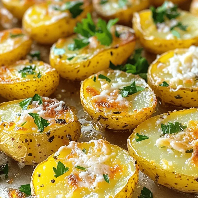 - 1.5 pounds baby potatoes, halved - 4 tablespoons olive oil - 4 cloves garlic, minced - 1 teaspoon dried rosemary - 1 teaspoon dried thyme - 1/2 cup grated Parmesan cheese - Salt and pepper to taste - Fresh parsley, chopped (for garnish) When making Crispy Garlic Parmesan Potatoes, you want to start with the right items. The baby potatoes give a nice texture. Olive oil helps them crisp up. Garlic adds a rich flavor, while rosemary and thyme bring a nice herbal touch. Parmesan cheese gives a salty kick that makes the dish special. Don't forget salt and pepper for taste. Finally, fresh parsley brightens the dish and adds color. - Baking sheet - Parchment paper - Large mixing bowl - Knife and cutting board Having the right tools is just as important as the ingredients. A baking sheet will hold the potatoes while they roast. Parchment paper will keep them from sticking and help with cleanup. A large mixing bowl is perfect for tossing all the flavors together. Lastly, a knife and cutting board will help you prepare the potatoes with ease. For the complete recipe, check out the Full Recipe section. - Preheat the oven to 425°F (220°C). - Line a baking sheet with parchment paper. This step is key for a great bake. Preheating the oven helps the potatoes cook evenly. The parchment paper keeps them from sticking. - Combine halved potatoes, olive oil, minced garlic, herbs, salt, and pepper in a bowl. In a large mixing bowl, add the halved baby potatoes. Pour in the olive oil and add minced garlic. I love using fresh garlic for the best taste. Next, sprinkle in dried rosemary and thyme. Don’t forget the salt and pepper! Toss everything well to coat the potatoes. - Spread potatoes on the baking sheet and roast for 25-30 minutes, stirring halfway. Now, spread your seasoned potatoes in a single layer on the prepared baking sheet. This gives them space to crisp up. Roast them for 25 to 30 minutes. Remember to stir them halfway for even browning. The smell will be amazing! - Sprinkle Parmesan cheese and return to oven for 5 minutes until melted and crispy. After roasting, take the potatoes out and sprinkle them with grated Parmesan cheese. This adds a lovely, cheesy flavor. Pop them back in the oven for just 5 more minutes. This makes the cheese melt and become crispy. Trust me, you’ll want to try this! For the full recipe, check out the complete instructions to make Crispy Garlic Parmesan Potatoes. To get the best crispiness, always preheat your oven to 425°F (220°C). A hot oven helps the potatoes cook evenly and turn golden. Spacing matters too. Place the potatoes in a single layer on your baking sheet. If they are too close, they will steam instead of crisp. Use parchment paper to prevent sticking and make cleanup easy. You can change the flavor of your Crispy Garlic Parmesan Potatoes by adding spices or herbs. Try paprika or cayenne for some heat. Fresh herbs like basil or chives can also add a nice twist. If you want to switch things up, consider using sweet potatoes instead of baby potatoes. For a vegan option, you can replace Parmesan cheese with nutritional yeast or skip it altogether. The potatoes will still taste great! For the full recipe, check out the link provided. {{image_2}} You can use different types of potatoes for this dish. Yukon Gold potatoes are creamy and buttery. They give a nice texture. Red potatoes have a thin skin and hold their shape well. They may be a bit waxy but are very tasty. Experiment with both to find your favorite! Parmesan works great, but you can try other cheeses too. Asiago has a sharp flavor that adds depth. Cheddar brings a nice richness, especially if you love bold flavors. You can also mix cheeses for a unique blend. Just remember, the more cheese, the more flavor! Don't be afraid to get creative with your herbs and spices. Rosemary and thyme are classic, but you can try oregano or basil. For a kick, add a pinch of red pepper flakes. Experiment with garlic powder or onion powder for extra taste. These small changes can make a big difference in flavor! To store leftover crispy garlic Parmesan potatoes, place them in an airtight container. This helps keep them fresh and tasty. Make sure the potatoes cool to room temperature before sealing the container. Stored properly, they last about 3 to 4 days in the fridge. You might notice some softening, but they still hold great flavor. To reheat your potatoes and keep them crispy, use the oven. Preheat your oven to 400°F (200°C). Spread the potatoes on a baking sheet in a single layer. Heat them for about 10 to 15 minutes. This method revives the crispiness and flavor. You can also use an air fryer for about 5 to 7 minutes at 350°F (175°C) for even better results. Enjoy those delicious flavors again! Yes, you can prepare these potatoes ahead of time. Cook them as per the recipe. Once done, let them cool. Store in an airtight container in the fridge. When you are ready to eat, reheat them in the oven at 350°F (175°C) for about 10-15 minutes. This helps keep them crispy. These potatoes pair well with many main dishes. Try serving them with grilled chicken or fish. They also go great with steak or a hearty salad. You can even enjoy them with a dip like ranch or aioli. Absolutely! You can switch out the Parmesan for other cheeses. Asiago or Pecorino Romano work well too. For a milder taste, try using Cheddar. Each cheese gives a unique flavor. To make these potatoes dairy-free, skip the Parmesan cheese. Instead, use a dairy-free cheese. Nutritional yeast is also a great option to add a cheesy flavor. You can even try using vegan butter for richness. If you love garlic, you can add more! Increase the minced garlic to six cloves. You can also roast some whole garlic cloves with the potatoes. This adds a lovely, sweet garlic taste. For the complete recipe for Crispy Garlic Parmesan Potatoes, click [here](#). You can make Crispy Garlic Parmesan Potatoes easily with the right ingredients and tools. We covered the essentials, step-by-step instructions, and tips to ensure great results. Remember, you can also mix things up with different potatoes and cheeses. Proper storage helps keep leftovers tasty. With these tips, you’ll enjoy a delicious side dish anytime. Try out the full recipe, and savor each bite!
