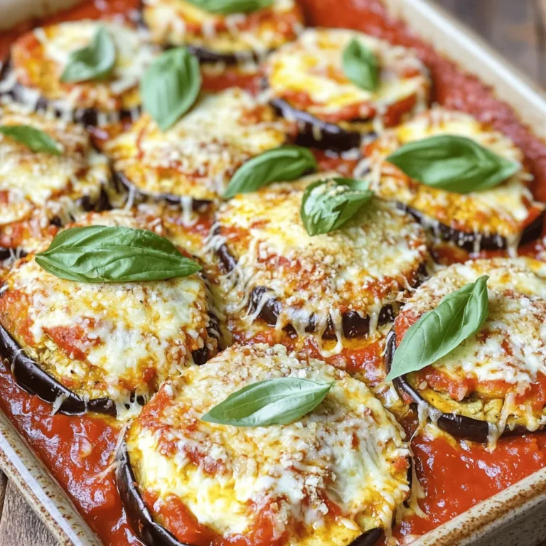 - 2 medium eggplants, sliced into 1/4-inch rounds - 1 teaspoon salt - 2 cups marinara sauce - 2 cups shredded mozzarella cheese - 1 cup grated Parmesan cheese Baked Eggplant Parmesan starts with fresh eggplants. Choose firm ones for the best flavor. The marinara sauce adds a rich taste, while mozzarella and Parmesan give you that cheesy, gooey goodness we all love. - 1 cup all-purpose flour - 2 large eggs, beaten - 1 cup breadcrumbs (preferably Italian seasoned) - 1 teaspoon dried oregano - 1 teaspoon dried basil - 1/2 teaspoon black pepper The breading mixture gives the eggplant a crunchy texture. The flour helps the egg and breadcrumbs stick. Mixing in oregano, basil, and black pepper adds a nice touch of flavor. - Olive oil spray for cooking - Fresh basil for garnish Olive oil spray makes the dish crispier. Fresh basil adds a pop of color and freshness on top. If you want to impress, use these optional ingredients. For the full recipe, check out the detailed steps provided. First, slice the eggplants into 1/4-inch rounds. Sprinkle them with salt. This step helps draw out moisture. Let them sit for about 30 minutes. The salt will make the eggplants less bitter. After 30 minutes, pat them dry with paper towels. This helps to remove excess salt and moisture. Now it's time to set up your breading station. In one dish, place the all-purpose flour. In a second dish, beat the two large eggs. In another dish, mix the breadcrumbs with dried oregano, dried basil, and black pepper. This mix adds great flavor to the eggplant. When ready, dip each eggplant slice into the flour first. Shake off any excess flour before moving to the eggs. Then, coat each slice evenly in the breadcrumb mixture. Next, arrange the breaded eggplant on a baking sheet lined with parchment paper. Spray lightly with olive oil to help them crisp up. Bake in the preheated oven at 375°F (190°C) for 25-30 minutes. Flip them halfway through for even cooking. Once golden brown and crispy, take them out. In a 9x13 inch baking dish, spread a thin layer of marinara sauce. Layer half of the baked eggplant slices over the sauce. Sprinkle 1 cup of mozzarella cheese and 1/2 cup of grated Parmesan cheese over the eggplant. Repeat this with another layer of marinara sauce, the rest of the eggplant, and the remaining cheese. Bake this layer for another 25-30 minutes or until the cheese is bubbly and golden brown. Once done, let it cool for a few minutes before slicing. This dish is best served hot. Enjoy this tasty Baked Eggplant Parmesan! For the full recipe, check out the details above. To keep your eggplant from getting soggy, start by salting it. Slice the eggplant and sprinkle it with salt. Let it sit for about 30 minutes. This step helps draw out moisture. After that, pat the slices dry with paper towels. This keeps your dish nice and firm. For the best baking, use a baking sheet lined with parchment paper. This helps the eggplant brown evenly without sticking. Spray the breaded slices lightly with olive oil. This adds a crispy layer without excess oil. Flip the slices halfway through baking. This ensures both sides get that golden color. To boost the flavor, consider adding herbs like oregano and basil. These herbs pair well with eggplant. You can mix them into the breadcrumbs for extra taste. A pinch of black pepper adds a nice kick too. If you're looking for cheese alternatives, try using goat cheese or ricotta. These cheeses give a different taste and texture. Mix them in with the mozzarella for a creamy twist. Experiment with different combinations to find your favorite flavor. Baked Eggplant Parmesan goes well with a side salad. A simple green salad with vinaigrette balances the dish. You can also serve it with garlic bread for a comforting meal. For garnishing, fresh basil leaves bring a pop of color. A sprinkle of extra Parmesan on top makes it look lovely and inviting. Consider adding a drizzle of olive oil for a shiny finish. These small touches make your dish stand out. For the full recipe, check out the details above. {{image_2}} You can switch up the veggies in Baked Eggplant Parmesan. Try zucchini or bell peppers for a new twist. Layering in mushrooms adds a nice earthy flavor. You can also use thin slices of squash for variety. For gluten-free options, swap the breadcrumbs with crushed gluten-free crackers. Almond flour works well too. This keeps the dish tasty and safe for those with gluten sensitivities. Baked Eggplant Parmesan is great for meal prep. Make it ahead and store it in the fridge. It stays fresh for about three days. You can also freeze it for later. Just assemble and freeze before baking. To reheat, thaw it overnight in the fridge, then bake until warm. This keeps the flavors fresh and delicious. For a fun Italian-style twist, use pesto instead of marinara sauce. This adds a rich, herby taste. You can also try different sauces, like a spicy arrabbiata or a creamy Alfredo. Each sauce gives the dish a fresh flavor, making it unique. Adding fresh herbs like basil or parsley on top brightens the dish. Experimenting with sauces can turn this classic into a new favorite. To keep your Baked Eggplant Parmesan fresh, use airtight containers. Glass or plastic containers work well. Store leftovers in the fridge for up to three days. This keeps the flavors intact. Reheat your eggplant parmesan in the oven for the best results. Preheat your oven to 350°F (175°C). Place the dish in the oven for about 15-20 minutes. This method helps to keep the texture crispy. If you use a microwave, it may get soggy. Microwaving is faster but not the best choice for texture. To freeze baked eggplant parmesan, let it cool completely first. Then, wrap it tightly in plastic wrap and foil. This prevents freezer burn. You can freeze it for up to three months. When you’re ready to eat, thaw it in the fridge overnight. Reheat it in the oven at 350°F (175°C) until hot and bubbly. Enjoy that homemade taste again! For the full recipe, check out the earlier section. To make Baked Eggplant Parmesan, follow these steps: 1. Prepare the eggplants: Slice them and sprinkle with salt. Let them sit for 30 minutes. 2. Set up a breading station: Use flour, beaten eggs, and breadcrumbs mixed with herbs. 3. Bread the eggplant: Dip each slice in flour, then eggs, and finally breadcrumbs. 4. Bake the eggplant: Place on a baking sheet and bake at 375°F for 25-30 minutes. 5. Layer the dish: In a baking dish, add marinara sauce, eggplant, and cheeses in layers. 6. Final bake: Bake again until the cheese is bubbly and golden. For more details, check the Full Recipe. Yes, you can prepare Baked Eggplant Parmesan ahead. After cooking, let it cool. Store it in an airtight container in the fridge for up to three days. When ready to eat, reheat it in the oven for the best texture. If you do not have eggplant, try zucchini or portobello mushrooms. Slice them similarly and follow the same breading steps. Adjust cooking time as needed. Baked Eggplant Parmesan can be healthy. It is rich in vitamins and fiber. To make it lighter, use less cheese or opt for low-fat versions. You can also add more vegetables for added nutrients. The total time for Baked Eggplant Parmesan is about one hour. Preparation takes around 20 minutes, while baking takes about 40 minutes. This makes it a great dish for a weekend meal or family dinner. This blog post detailed how to make tasty Baked Eggplant Parmesan. You learned about key ingredients, preparation steps, and cooking techniques. The tips and tricks helped you avoid sogginess and enhance flavors. You also discovered variations to fit your taste and meal prep ideas for convenience. Lastly, the storage info showed how to keep leftovers fresh. Now, go and enjoy this delicious dish with your loved ones. Happy cooking!