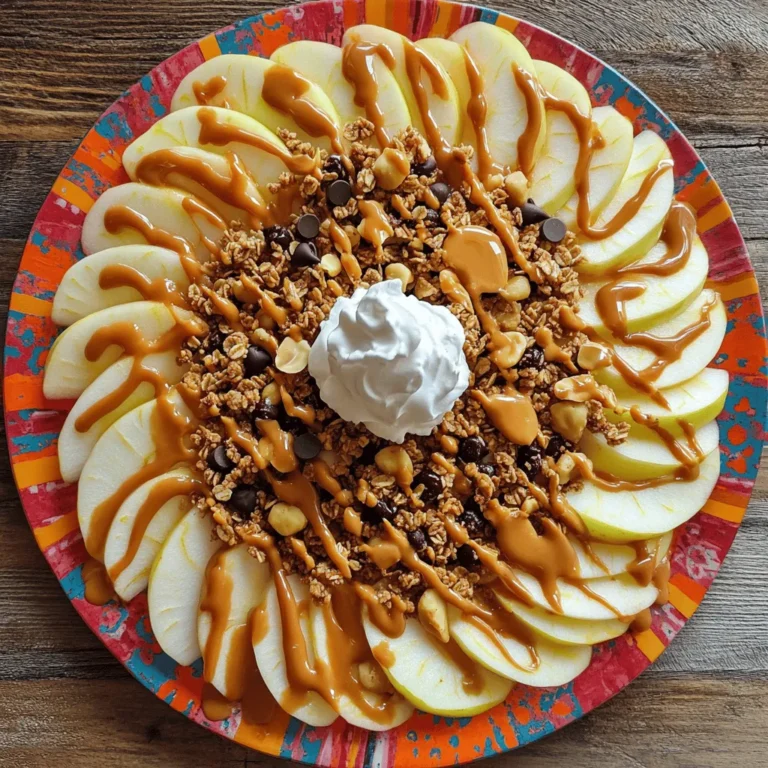 Here’s what you need to make caramel apple nachos. Gather these ingredients for a sweet treat that everyone will love. - 3 medium-sized apples (Fuji or Honeycrisp) - 1 cup granola clusters - 1/2 cup caramel sauce - 1/4 cup peanut butter or almond butter - 1/2 cup mini chocolate chips - 1/4 cup chopped nuts (walnuts or pecans) - 1/4 teaspoon cinnamon (optional) - Whipped cream for drizzling (optional) These ingredients blend perfectly to create a fun dessert. The crisp apples hold up well under the warm caramel and nut butter. You can mix and match toppings based on what you like. For example, if you want a crunch, go for granola. If you prefer creamy textures, add more nut butter. You can find the full recipe in the cooking section to get all the details. Enjoy crafting this delicious dessert! 1. Washing and coring the apples: Start by rinsing your apples under cold water. This removes dirt and wax. Use a sharp knife to core the apples. Make sure to remove the seeds. 2. Slicing apples into wedges: Slice the apples into thin wedges. Aim for even pieces. This helps with even caramel coverage. 3. Arranging the apple slices on a platter: Place the apple slices on a large platter. You can overlap them for a nice look. A circular pattern works well for presentation. 1. Preparing the sugar: In a saucepan, add 1 cup of sugar. Heat it over medium heat. Stir until the sugar melts and turns golden brown. 2. Adding cream and butter: Once the sugar is melted, slowly mix in 1/2 cup of heavy cream and 1/4 cup of butter. Stir constantly until it is smooth. 1. Drizzling caramel and peanut butter: Pour the warm caramel over the apple slices. Let it flow down the wedges. Then, warm 1/4 cup of peanut butter in the microwave. Drizzle it over the apples too. 2. Adding granola, chocolate chips, and nuts: Sprinkle 1 cup of granola over the apples. Follow with 1/2 cup of mini chocolate chips. Finally, add 1/4 cup of chopped nuts for crunch. 3. Optional toppings and presentation: If you like, add a pinch of cinnamon on top. For a creamy touch, drizzle whipped cream over the nachos. Serve right away for the best taste. For a full recipe, check the mentioned sections. - Use a sharp knife for clean cuts. - Cut apples into wedges about 1/4 inch thick. - Choose sweet apples like Fuji or Honeycrisp for better flavor. - A mandoline slicer can help achieve even slices quickly. - Melt 1 cup of sugar in a pan on medium heat. - Stir until it turns golden brown, then add 1/2 cup heavy cream. - Add 1/4 cup butter and stir until smooth. - For a thicker sauce, let it cool slightly before using. - Use colorful plates to make the dish pop. - Arrange apple slices in a circle for a beautiful look. - Drizzle extra caramel on top for a glossy finish. - Garnish with a sprinkle of chopped nuts or cinnamon for flair. - Serve immediately for the best taste and crunch. For the full recipe, you can check out the detailed steps and ingredients. {{image_2}} If you or your friends have dietary needs, you can still enjoy caramel apple nachos. Here are some great options: - Nut-free options: Use sunflower seed butter instead of peanut or almond butter. It adds creaminess without nuts. - Alternative sweeteners for caramel: If you want something less sweet, try using maple syrup or agave. They give a nice flavor while keeping it healthier. You can make your nachos even more special with a few tweaks: - Adding spices like nutmeg or ginger: A sprinkle of nutmeg or ginger can enhance the taste. These spices add warmth and depth to your dessert. - Including fresh fruits or berries: Try adding sliced strawberries or bananas on top. Fresh fruits bring a burst of flavor and color. Caramel apple nachos are fun to serve in new ways: - Turning into a dessert dip: Instead of arranging apples, chop them into pieces. Serve them with caramel and nut butter as a dip. It’s perfect for parties! - Serving in a bowl for a casual gathering: You can layer apple slices, toppings, and sauces in a bowl. This way, everyone can dig in easily. For the full recipe, refer to the [Full Recipe]. Store any leftover caramel apple nachos in an airtight container. Keep them in the fridge. Use them within two days for best taste and quality. The apples may get a bit soft, but they still taste great. Avoid stacking them too high to prevent squishing the toppings. To refresh the dish, try the microwave. Heat the nachos for about 10-15 seconds. This warms the caramel and peanut butter, making them gooey again. Don’t overheat; you want to keep the apples crisp! You can freeze caramel apple nachos, but it's not ideal. The apples lose their crunch when thawed. If you still want to freeze, store them in a freezer-safe container. Enjoy them within a month for the best flavor. When ready to eat, let them thaw in the fridge before serving. Yes, you can prepare some parts in advance. Slice the apples and store them in a bowl with water and lemon juice. This keeps them fresh. You can also warm the caramel and nut butter ahead. Just store them in separate containers. When you are ready to serve, assemble everything quickly for the best taste. If you have nut allergies, try sun butter or soy nut butter. These alternatives work well and taste great. You can also use cream cheese or yogurt for a creamy drizzle. Adjust the amount to your taste. To stop apples from turning brown, soak them in lemon juice and water. A mix of one tablespoon of lemon juice in two cups of water works well. You can also use a product like ascorbic acid. This keeps your apples looking fresh and bright. You learned how to make delicious caramel apple nachos using simple ingredients. With step-by-step instructions, you can create a fun and tasty treat. Remember to customize it with your favorite toppings and variations. These nachos are perfect for gatherings or snacks. Store any leftovers correctly to enjoy them later. Now get creative and impress everyone with your new dessert skill!