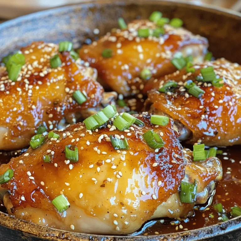 - 4 bone-in, skin-on chicken thighs - 1/4 cup honey - 4 cloves garlic, minced - 2 tablespoons soy sauce (low-sodium preferred) - 1 tablespoon apple cider vinegar - 1 teaspoon fresh ginger, grated - 1 tablespoon olive oil - Salt and pepper to taste - Chopped green onions and sesame seeds for garnish The first star of this dish is the bone-in, skin-on chicken thighs. They stay juicy and tender as they cook. Next, we have honey, which adds a sweet touch and helps create a lovely glaze. Garlic is a must in this recipe; it brings a rich and savory flavor that pairs well with the honey. Soy sauce adds a touch of saltiness and umami, enhancing the dish's depth. The apple cider vinegar provides a bright note, balancing the sweetness of honey. Fresh ginger adds a bit of warmth and a slight bite, making the flavors pop. Olive oil ensures the chicken cooks evenly and adds extra richness. The seasoning of salt and pepper is simple but essential. Finally, green onions and sesame seeds are perfect as a garnish, giving the dish a fresh look and crunch. For a complete guide to making this dish, check out the Full Recipe! Marinating chicken is key to great flavor. The longer you marinate, the better it tastes. Aim for at least 30 minutes. If you can, try for 2 hours. This allows the flavors to soak into the meat. To coat the chicken evenly, use a resealable plastic bag or a shallow dish. Pour your marinade over the chicken thighs, then seal the bag or cover the dish. Turn the chicken a few times to make sure every part gets coated. This step helps the chicken absorb all that sweet and savory goodness. Start by preheating your oven to 400°F (200°C). This makes sure the chicken cooks evenly. While the oven heats, prepare your skillet. Use a large oven-safe skillet and heat it over medium-high heat. When the skillet is hot, take the chicken out of the marinade. Reserve that marinade for later. Place the chicken skin-side down in the skillet. Sear it for about 5-6 minutes until the skin is golden and crispy. Then, flip the chicken and sear the other side for an additional 3-4 minutes. This step gives your chicken a nice crust and locks in moisture. After searing, pour the reserved marinade over the chicken. This adds even more flavor. Next, transfer the skillet to your preheated oven. Bake for 25-30 minutes. The chicken is done when it reaches an internal temperature of 165°F (75°C). The skin should look caramelized and sticky. For an extra touch, you can glaze the sauce. After baking, return the skillet to the stovetop. Simmer the sauce for about 5-6 minutes until it thickens. This step really enhances the flavors and makes for a delicious finish. You can find the full recipe at the top of this article. Enjoy your flavorful dinner delight! To make your honey garlic chicken thighs truly shine, choose quality ingredients. For soy sauce, I recommend using Kikkoman or La Choy. They add a rich umami flavor that enhances the dish. For honey, look for raw or local honey. This type has a deeper taste and better texture. Consider adding a secret ingredient: fresh ginger. Its warm spice will boost the flavor. Just a teaspoon of grated ginger can transform the dish. You may also try a splash of sesame oil for a nutty twist. Lastly, don't forget to use fresh garlic. It makes a big difference in flavor. One common mistake is overcooking the chicken. This can make it dry and tough. Always aim for an internal temperature of 165°F (75°C). Use a meat thermometer for accuracy. Another mistake is not using enough marinade. A good marinade helps keep the chicken moist and adds flavor. Ensure each piece is well-coated. Marinate for at least 30 minutes, but longer is better, even up to two hours. This time allows the flavors to soak in deeply. If you follow these tips, your honey garlic chicken thighs will be a flavorful dinner delight! For the complete process, check out the Full Recipe. {{image_2}} You can make honey garlic chicken with different cuts. Boneless chicken thighs or breasts work well. They cook faster and are easier to eat. If you choose skinless chicken, the dish will be lighter but lose some crispiness. Skin-on chicken gives a nice texture and rich flavor. The skin helps lock in moisture too. You can add a twist to the flavors. Try adding chili flakes for some heat. This simple spice gives a nice kick without overpowering the dish. If you want a different sweetness, you can swap honey for maple syrup or agave nectar. Each sweetener adds its unique flavor, making the dish even more special. Explore these variations to find your favorite way to enjoy honey garlic chicken thighs. For the complete recipe, check out the Full Recipe. To keep your honey garlic chicken thighs fresh, store them in an airtight container. You want to seal out air to prevent drying. Place the chicken in the fridge within two hours of cooking. This keeps it safe from bacteria. You can keep these chicken thighs for up to four days in the fridge. If you want to enjoy them later, consider freezing instead. If you want to save your chicken for a longer time, freezing works great. First, let the chicken cool completely. Then, wrap each piece tightly in plastic wrap. Place the wrapped thighs in a freezer-safe bag. This helps keep the flavor intact. You can freeze them for up to three months. When you’re ready to eat, thaw the chicken overnight in the fridge. To reheat, bake it in the oven at 350°F (175°C) until hot. This will help keep the skin crispy and the meat juicy. Enjoy your flavorful dinner delight any time! Check out the Full Recipe for more details. Yes, you can use chicken breasts. They cook faster but have less fat. Chicken thighs have more flavor due to their higher fat content. The texture of thighs is juicier and tender. If you choose breasts, reduce cooking time. They may dry out if overcooked. Pair honey garlic chicken thighs with many sides. Some great options include: - Steamed rice - Mashed potatoes - Roasted vegetables - Green salad - Garlic bread These sides complement the sweet and savory flavors. Check the internal temperature of the chicken. It should reach 165°F (75°C). Use a meat thermometer for accuracy. Look for clear juices when you cut into it. No pink should remain. The skin should be golden and crispy. These signs show your chicken is cooked well. In this article, we explored how to make delicious honey garlic chicken thighs. We covered important ingredients, like chicken, honey, garlic, and soy sauce. You learned how to marinate and cook the chicken for the best flavor. We shared tips to avoid common mistakes and offered tasty variations. Remember, cooking is fun! With these steps, you can impress anyone at your next meal. Enjoy your cooking adventure!