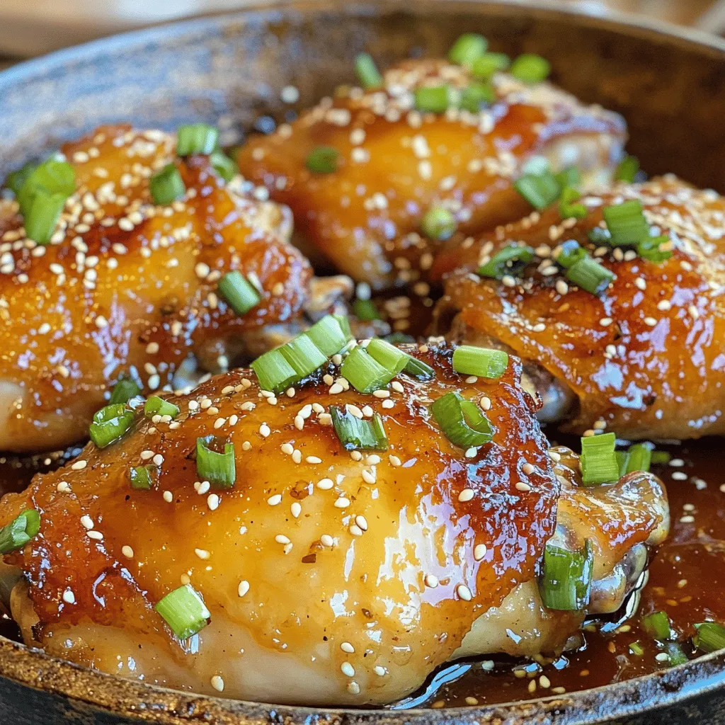 - 4 bone-in, skin-on chicken thighs - 1/4 cup honey - 4 cloves garlic, minced - 2 tablespoons soy sauce (low-sodium preferred) - 1 tablespoon apple cider vinegar - 1 teaspoon fresh ginger, grated - 1 tablespoon olive oil - Salt and pepper to taste - Chopped green onions and sesame seeds for garnish The first star of this dish is the bone-in, skin-on chicken thighs. They stay juicy and tender as they cook. Next, we have honey, which adds a sweet touch and helps create a lovely glaze. Garlic is a must in this recipe; it brings a rich and savory flavor that pairs well with the honey. Soy sauce adds a touch of saltiness and umami, enhancing the dish's depth. The apple cider vinegar provides a bright note, balancing the sweetness of honey. Fresh ginger adds a bit of warmth and a slight bite, making the flavors pop. Olive oil ensures the chicken cooks evenly and adds extra richness. The seasoning of salt and pepper is simple but essential. Finally, green onions and sesame seeds are perfect as a garnish, giving the dish a fresh look and crunch. For a complete guide to making this dish, check out the Full Recipe! Marinating chicken is key to great flavor. The longer you marinate, the better it tastes. Aim for at least 30 minutes. If you can, try for 2 hours. This allows the flavors to soak into the meat. To coat the chicken evenly, use a resealable plastic bag or a shallow dish. Pour your marinade over the chicken thighs, then seal the bag or cover the dish. Turn the chicken a few times to make sure every part gets coated. This step helps the chicken absorb all that sweet and savory goodness. Start by preheating your oven to 400°F (200°C). This makes sure the chicken cooks evenly. While the oven heats, prepare your skillet. Use a large oven-safe skillet and heat it over medium-high heat. When the skillet is hot, take the chicken out of the marinade. Reserve that marinade for later. Place the chicken skin-side down in the skillet. Sear it for about 5-6 minutes until the skin is golden and crispy. Then, flip the chicken and sear the other side for an additional 3-4 minutes. This step gives your chicken a nice crust and locks in moisture. After searing, pour the reserved marinade over the chicken. This adds even more flavor. Next, transfer the skillet to your preheated oven. Bake for 25-30 minutes. The chicken is done when it reaches an internal temperature of 165°F (75°C). The skin should look caramelized and sticky. For an extra touch, you can glaze the sauce. After baking, return the skillet to the stovetop. Simmer the sauce for about 5-6 minutes until it thickens. This step really enhances the flavors and makes for a delicious finish. You can find the full recipe at the top of this article. Enjoy your flavorful dinner delight! To make your honey garlic chicken thighs truly shine, choose quality ingredients. For soy sauce, I recommend using Kikkoman or La Choy. They add a rich umami flavor that enhances the dish. For honey, look for raw or local honey. This type has a deeper taste and better texture. Consider adding a secret ingredient: fresh ginger. Its warm spice will boost the flavor. Just a teaspoon of grated ginger can transform the dish. You may also try a splash of sesame oil for a nutty twist. Lastly, don't forget to use fresh garlic. It makes a big difference in flavor. One common mistake is overcooking the chicken. This can make it dry and tough. Always aim for an internal temperature of 165°F (75°C). Use a meat thermometer for accuracy. Another mistake is not using enough marinade. A good marinade helps keep the chicken moist and adds flavor. Ensure each piece is well-coated. Marinate for at least 30 minutes, but longer is better, even up to two hours. This time allows the flavors to soak in deeply. If you follow these tips, your honey garlic chicken thighs will be a flavorful dinner delight! For the complete process, check out the Full Recipe. {{image_2}} You can make honey garlic chicken with different cuts. Boneless chicken thighs or breasts work well. They cook faster and are easier to eat. If you choose skinless chicken, the dish will be lighter but lose some crispiness. Skin-on chicken gives a nice texture and rich flavor. The skin helps lock in moisture too. You can add a twist to the flavors. Try adding chili flakes for some heat. This simple spice gives a nice kick without overpowering the dish. If you want a different sweetness, you can swap honey for maple syrup or agave nectar. Each sweetener adds its unique flavor, making the dish even more special. Explore these variations to find your favorite way to enjoy honey garlic chicken thighs. For the complete recipe, check out the Full Recipe. To keep your honey garlic chicken thighs fresh, store them in an airtight container. You want to seal out air to prevent drying. Place the chicken in the fridge within two hours of cooking. This keeps it safe from bacteria. You can keep these chicken thighs for up to four days in the fridge. If you want to enjoy them later, consider freezing instead. If you want to save your chicken for a longer time, freezing works great. First, let the chicken cool completely. Then, wrap each piece tightly in plastic wrap. Place the wrapped thighs in a freezer-safe bag. This helps keep the flavor intact. You can freeze them for up to three months. When you’re ready to eat, thaw the chicken overnight in the fridge. To reheat, bake it in the oven at 350°F (175°C) until hot. This will help keep the skin crispy and the meat juicy. Enjoy your flavorful dinner delight any time! Check out the Full Recipe for more details. Yes, you can use chicken breasts. They cook faster but have less fat. Chicken thighs have more flavor due to their higher fat content. The texture of thighs is juicier and tender. If you choose breasts, reduce cooking time. They may dry out if overcooked. Pair honey garlic chicken thighs with many sides. Some great options include: - Steamed rice - Mashed potatoes - Roasted vegetables - Green salad - Garlic bread These sides complement the sweet and savory flavors. Check the internal temperature of the chicken. It should reach 165°F (75°C). Use a meat thermometer for accuracy. Look for clear juices when you cut into it. No pink should remain. The skin should be golden and crispy. These signs show your chicken is cooked well. In this article, we explored how to make delicious honey garlic chicken thighs. We covered important ingredients, like chicken, honey, garlic, and soy sauce. You learned how to marinate and cook the chicken for the best flavor. We shared tips to avoid common mistakes and offered tasty variations. Remember, cooking is fun! With these steps, you can impress anyone at your next meal. Enjoy your cooking adventure!