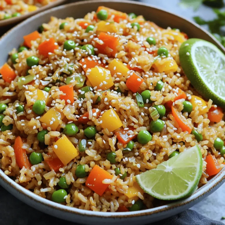 - 2 cups cooked jasmine rice (preferably day-old) - 1 cup mixed vegetables (carrots, peas, and corn) - 1 bell pepper (any color), diced - 1 small onion, finely chopped - 2 cloves garlic, minced - 2 tablespoons soy sauce - 1 tablespoon sesame oil - 1 tablespoon vegetable oil - 2 green onions, sliced - 2 eggs (for added protein) - Salt and pepper to taste - Sesame seeds for garnish Gather these ingredients to make your Easy Vegetable Fried Rice. Using day-old rice makes a big difference. It holds its shape better when frying. Fresh rice can be used, but cool it first. Fresh vegetables add color and crunch. You can mix and match any veggies you love. The optional ingredients let you customize the dish. Adding eggs boosts protein and flavor. If you want a plant-based option, skip the eggs. This recipe is flexible, so have fun with it. Check out the Full Recipe for more details on cooking methods. - Cook jasmine rice ahead of time and let it cool. - Chop all vegetables and mince garlic before starting. Start with the rice. Day-old jasmine rice works best because it stays firm. Fresh rice can be used, but remember to cool it down first. Chopping your veggies and mincing garlic ahead of time saves you a lot of hassle later. This makes cooking smooth and quick. - In a large skillet or wok, heat vegetable oil over medium-high heat. - Sauté chopped onion for 2-3 minutes until translucent. Next, heat your oil in a large skillet or wok. Medium-high heat is perfect for this. Add the onion and sauté it for 2-3 minutes. The onion should turn translucent and fragrant. This step builds a great base for your fried rice. - Add minced garlic and mixed vegetables, cooking for 3-4 minutes. - Incorporate diced bell pepper and stir-fry for 2 additional minutes. Now, add your minced garlic and mixed vegetables. Stir them around for about 3-4 minutes. This helps soften the veggies while keeping them colorful. After that, toss in the diced bell pepper. Stir-fry for another 2 minutes for a nice crunch. - Push vegetables to one side, crack in eggs, and scramble until fully cooked. - Mix scrambled eggs with vegetables. If you want to add eggs, this is the time. Push the veggies to one side of the pan. Crack in the eggs and scramble them until they are fully cooked. Mix the eggs in with the veggies for extra flavor and protein. - Add day-old rice to the pan, breaking up any clumps. - Stir well to combine with the vegetable mixture. Now it’s time for the rice. Add your day-old rice to the pan. Break up any clumps so it mixes well. Stir everything together, ensuring the rice is coated with the veggie mixture. This is where the magic happens! - Drizzle soy sauce and sesame oil over the rice; mix thoroughly. - Season with salt and pepper to taste; top with green onions and sesame seeds. Finally, drizzle soy sauce and sesame oil over the rice. Mix it all very well. Taste and add salt and pepper as needed. For a beautiful finish, top with sliced green onions and sesame seeds. Enjoy your colorful veggie fried rice! For the complete recipe, check the Full Recipe section. - Use day-old rice for the best texture. Fresh rice can be too sticky. - Pre-chop all vegetables for quick cooking. This saves time and keeps things simple. - Stir-fry at high heat for better flavor and texture. This keeps the rice from getting mushy. - Avoid overcooking vegetables to maintain crunch. Aim for a bright color and firm bite. - Serve in large bowls or individual plates. This makes it easy for guests to help themselves. - Add lime for a fresh side garnish to enhance flavors. A squeeze of lime brightens the dish. {{image_2}} You can boost protein in your fried rice. Add tofu, chicken, or shrimp for more substance. If you prefer a plant-based option, use chickpea flour instead of eggs. This keeps the dish vegan-friendly and still tasty. Feel free to swap in seasonal veggies. Zucchini and bell peppers work well. You can also add leafy greens like spinach or kale. These greens not only add color but also pack in nutrition. Don’t hesitate to get creative with flavors. Try different sauces like teriyaki or hoisin for a unique taste. You can also spice things up with ginger or chili flakes. This adds a nice kick to your meal. Store your vegetable fried rice in an airtight container in the fridge. It stays fresh for up to 3 days. When it's time to eat, reheat it in a skillet for the best results. This method keeps the rice crispy and flavorful. If you want to keep it longer, freeze the fried rice in single-serving portions. It stays good for up to a month. To use it, thaw overnight in the refrigerator before reheating. This way, it retains its taste and texture. You can reheat your rice in two ways: in the microwave or by stir-frying. If it seems dry, add a splash of water while reheating. This helps to bring back moisture and flavor. Enjoy your meal! It takes about 30 minutes to make Easy Vegetable Fried Rice. You need 10 minutes to prep and 20 minutes to cook. You can use fresh rice, but day-old rice is better. Day-old rice has a firmer texture. If using fresh rice, cool it down well before cooking. Yes, this recipe is vegan-friendly. Just skip the eggs and use plant-based ingredients. Yes, you can add any vegetables you like. Use what you have on hand for more flavor and nutrition. You can easily make delicious vegetable fried rice using simple steps and fresh ingredients. We covered the main and optional ingredients, cooking techniques, and variations to suit your taste. Remember to use day-old rice for the best texture and to prep ahead for quick cooking. Get creative with protein additions and seasonal vegetables. This dish is easy to store and reheat. Enjoy your tasty meal!